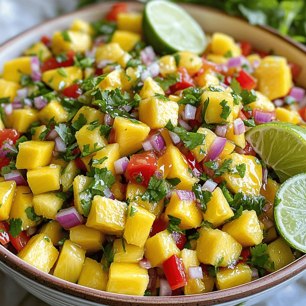 - Ripe mangoes - Red onion - Red bell pepper - Jalapeños - Fresh pineapple - Fresh cilantro - Lime juice - Honey or agave syrup - Salt and pepper Choosing the ripest mangoes: When selecting mangoes, look for ones that feel slightly soft. A ripe mango has a sweet aroma and vibrant color. Avoid any that are too hard or have dark spots. Importance of fresh ingredients: Fresh ingredients make a huge difference. They add bright flavors and crisp textures. Always use the freshest produce you can find. This choice enhances your salsa and makes it more enjoyable. Adjusting spice levels with jalapeños: Jalapeños can vary in heat. Start with one, then taste your salsa. You can always add more if you want extra spice. If you prefer less heat, remove the seeds and membranes from the jalapeños. This step helps control the heat level in your dish. For the complete preparation, check the Full Recipe. Start by preparing your ingredients. Dice the mangoes, red onion, red bell pepper, and fresh pineapple into small, uniform pieces. This step is key for even flavor. If the sizes are different, some bites will taste stronger than others. By keeping the pieces similar, you get a balanced taste in every scoop. Take a large mixing bowl and add the diced mangoes, red onion, and red bell pepper. Gently fold these together. Use a soft motion to mix. This keeps the pieces intact. You want your salsa to have nice chunks, not mush. Next, add the minced jalapeños. Adjust the quantity based on your spice preference. If you like heat, add more; if not, keep it light. Now, it’s time for the finishing touches. Drizzle the lime juice and honey over your mix. Stir carefully to coat everything evenly. Finally, season with salt and pepper to taste. This step can make or break your salsa, so taste as you go. Adjust until it’s just right for you. Let your salsa rest at room temperature for about 15 to 20 minutes. Why is this important? Resting allows the flavors to blend and deepen. The longer you let it sit, the better the taste. So, be patient! After the resting time, you'll have a fresh and flavorful Tropical Mango Salsa that you can enjoy with chips or as a topping on your favorite dishes. For the complete guide, refer to the Full Recipe. To make the best Tropical Mango Salsa, I focus on balance. The key is to balance sweetness with acidity. Ripe mangoes bring natural sweetness, while lime juice adds a sharp zing. Taste as you mix and adjust if needed. If it’s too sweet, add more lime juice. If it’s too tangy, add a touch of honey. When it comes to heat, adjusting jalapeños is vital. I recommend starting with one jalapeño, then tasting the salsa. If you want more heat, add another. Remember, you can always add more, but you can’t take it away! To serve your mango salsa, use colorful bowls. Bright colors make the dish look more appealing. A vibrant bowl adds to the fun of the meal. For garnishing, sprinkle extra cilantro on top. Add a lime wedge for a pop of color. These small touches make a big difference! If you want to prepare salsa in advance, it’s simple. Make it a few hours before your event. Store it in the fridge, covered. This way, the flavors meld beautifully. Just don’t add salt until right before serving. Salt can draw moisture from the mangoes and make them mushy. Enjoy the taste of fresh mango salsa with your favorite dishes! For the full recipe, check out the link. {{image_4}} You can make your mango salsa even more exciting by adding other fruits. Try using peaches for a sweet twist. Their juicy texture complements mango well. You can also mix in avocado for a creamy touch. Just chop it into small pieces to keep the salsa fresh. Adding herbs can change the taste too. Mint adds a cool, refreshing flavor. Basil brings a sweet, aromatic note. Both herbs work great with mango and add a new layer of taste to your salsa. This recipe is very flexible. If you want a vegan version, simply use agave syrup instead of honey. It keeps the sweetness without any animal products. If you're watching your sugar intake, go for low-sugar options. You can use stevia or monk fruit as a sweetener. Both are natural and won’t raise your blood sugar. Mango salsa has roots in many cultures. In Mexico, they often add cucumber and lime for a refreshing take. In the Caribbean, they use coconut for a tropical twist. Each region has unique flavors that make mango salsa special. By exploring these variations, you can create a mango salsa that reflects your taste and dietary needs. To get started, check out the Full Recipe for all the details! To keep your Tropical Mango Salsa fresh, store it in an airtight container. Place it in the fridge right after you make it. This helps keep the flavors bright. You can enjoy it for up to three days. If you notice any liquid forming at the bottom, just stir it gently before serving. For longer storage, freezing is a great choice. Scoop the salsa into freezer-safe bags or containers. Make sure to leave some space at the top, as it will expand. You can freeze it for up to three months. When you’re ready to eat it, move it to the fridge to thaw overnight. Day-old salsa can lose its zest. To bring it back to life, add a splash of lime juice. You can also mix in some fresh diced mango or cilantro. This will boost the flavor and add texture. Give it a gentle stir and enjoy it fresh again! For the full recipe, check the section above. To make your Tropical Mango Salsa less spicy, focus on the jalapeños. Start by using fewer jalapeños, just one instead of two. Remove the seeds and white membranes inside, as they hold most of the heat. If you want to avoid jalapeños, consider using bell peppers or a mild pepper like banana peppers. Both keep the salsa flavorful without the heat. Tropical Mango Salsa shines with grilled meats. It pairs perfectly with chicken, fish, or shrimp. You can also serve it with tacos for a fresh twist. It adds a nice touch to rice bowls or even as a topping for grilled vegetables. The sweet and tangy flavors enhance many dishes. You can use canned mangoes, but fresh mangoes taste better. Canned mangoes often have added sugars, which can change the flavor. Fresh mangoes offer a firmer texture and vibrant taste. If using canned, drain them well and chop them into small pieces for the best results. Homemade Tropical Mango Salsa lasts about three to five days in the fridge. Store it in an airtight container to keep it fresh. Look for signs of spoilage, like a slimy texture or off smell. If it looks or smells weird, it's best to throw it away. Enjoy your salsa while it's fresh for the best taste! For the full recipe, be sure to check the Tropical Mango Salsa section. Tropical mango salsa is a fun mix of fresh flavors. You learned how to choose ripe fruits and prep your salsa right. I shared tips for adjusting spice and balancing tastes. Fresh ingredients are key for the best flavor. Serve it in a colorful bowl for a nice touch. Try mixing in different fruits or herbs to keep it exciting. Enjoy making and sharing this tasty salsa at your next gathering!