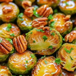 - 1 pound Brussels sprouts, trimmed and halved - 3 tablespoons extra virgin olive oil - 1/4 cup pure maple syrup - 1 tablespoon balsamic vinegar - 1 teaspoon Dijon mustard - 1/2 teaspoon garlic powder - Sea salt and freshly cracked black pepper to taste - 1/4 cup pecans, roughly chopped (optional) - 2 tablespoons fresh parsley, finely chopped, for garnish - Mixing bowl - Baking sheet - Small saucepan - Oven You need simple ingredients to create tasty Maple Glazed Brussels Sprouts. Start with Brussels sprouts, the star of this dish. Trim them and cut them in half. The olive oil adds richness and helps the sprouts crisp up. Pure maple syrup gives a sweet touch, while balsamic vinegar adds a tangy kick. Dijon mustard brings depth, and garlic powder adds savory notes. Don’t forget the sea salt and black pepper for flavor. Optional pecans give a nice crunch, and fresh parsley adds color. Gather all your equipment. A mixing bowl helps with tossing, while a baking sheet is perfect for roasting. You will also need a small saucepan for the glaze. Finally, your oven will bring everything together with heat. With these ingredients and tools, you’re ready to make a delicious side dish! For the complete recipe, check out the [Full Recipe]. - Preheat oven to 400°F (200°C). - Trim and halve Brussels sprouts. Start by setting your oven to 400°F (200°C). This heat helps the sprouts cook evenly. Next, take your Brussels sprouts and trim off the ends. Cut them in half to make sure they roast nicely. - Toss Brussels sprouts with olive oil, salt, and pepper. - Arrange on baking sheet with cut sides down. - Roast for about 20 minutes, stirring halfway. In a large bowl, add the halved Brussels sprouts. Pour in 3 tablespoons of olive oil. Sprinkle with sea salt and freshly cracked black pepper. Toss well so every sprout gets coated. Next, spread the sprouts on a baking sheet, cut sides facing down. This helps them get crispy. Roast in the oven for about 20 minutes. Stir them halfway through to keep them from burning. - Combine maple syrup, balsamic vinegar, Dijon mustard, and garlic powder in a saucepan. - Heat and simmer the glaze. While the sprouts cook, grab a small saucepan. Combine 1/4 cup of pure maple syrup, 1 tablespoon of balsamic vinegar, 1 teaspoon of Dijon mustard, and 1/2 teaspoon of garlic powder. Heat it over medium heat while stirring. Once it simmers, remove it from heat. - Drizzle glaze over roasted Brussels sprouts. - Add pecans if desired. - Return to oven for an additional 5 minutes. Once the Brussels sprouts are golden, take them out of the oven. Drizzle the maple glaze over them. If you like, sprinkle 1/4 cup of roughly chopped pecans on top for extra crunch. Pop them back in the oven for 5 more minutes. This will caramelize the glaze and enhance the flavors. Enjoy these tasty Brussels sprouts! For the full recipe, see above. To pick the freshest Brussels sprouts, look for tight, bright green heads. Avoid any that are yellow or wilted. Fresh sprouts have a firm feel and a nice shine. You can also try other glazes. Honey gives a sweet touch, while soy sauce adds a salty kick. Both can change the flavor profile and keep your dish exciting. For the best caramelization, arrange the sprouts cut side down. This helps them brown nicely. Keep space between them on the baking sheet. If they are too close, they will steam instead of roast. Pre-seasoning is easy. Toss the sprouts with olive oil, salt, and pepper before roasting. This step adds flavor right from the start. Maple glazed Brussels sprouts pair well with roasted meats or fish. They also work great with grains like quinoa or farro. For special occasions, serve them in a large, colorful bowl. Add a sprinkle of pecans and parsley on top for a beautiful look. This makes the dish pop and invites everyone to dig in. {{image_4}} If you want to skip the pecans, no problem! You can use seeds instead. Sunflower or pumpkin seeds work well. They add a nice crunch without the nuts. You can also leave out the nuts entirely. The dish will still taste great without them. Want a kick? Add red pepper flakes for heat. Start with a pinch and adjust to your liking. If you want a different flavor, use spicy mustard instead of Dijon. It brings a zesty punch that pairs well with the maple glaze. To keep this dish fully plant-based, check your ingredients. Use vegan mustard and maple syrup. Most brands are vegan, but it's good to check. You can also swap any non-vegan items for vegan-friendly choices. This way, everyone can enjoy the tasty Brussels sprouts! For the full recipe, check out the details above. To store cooked Brussels sprouts, let them cool first. Place them in an airtight container. This helps keep them fresh. In the fridge, they last about 3 to 5 days. If you notice any moisture, dry them before storing. This prevents sogginess and keeps them tasty. When reheating, you want to keep the texture nice. I suggest using an oven or a skillet. For the oven, preheat it to 350°F (175°C). Place the sprouts on a baking sheet and heat for about 10 minutes. Stir them halfway to warm evenly. If using a skillet, add a splash of water and cover it. This steams them, keeping them moist. You can also toss leftovers into salads or grain bowls for an easy meal. If you want to freeze Brussels sprouts, start with cooled, cooked ones. Use a freezer-safe bag. Squeeze out as much air as possible. This helps prevent freezer burn. They stay good for about 2 to 3 months. When ready to use, thaw them overnight in the fridge. Reheat in the oven or skillet for best results. This way, you enjoy that delicious flavor even later! Making Maple Glazed Brussels Sprouts takes about 35 minutes. You need 10 minutes to prep. Roasting takes around 20 minutes. This gives you time to make the glaze while they roast. Yes, you can prepare these Brussels sprouts ahead. Trim and halve the sprouts. Store them in the fridge for one day before cooking. You can also make the glaze up to three days in advance. Just keep it in a sealed container. When ready, roast the sprouts and add the glaze. These Brussels sprouts pair well with many dishes. Try serving them with roasted chicken or pork. They also go great with quinoa or rice dishes. For a vegetarian meal, serve them with a hearty grain salad. Yes, this recipe is gluten-free. All the ingredients, like maple syrup and olive oil, are free from gluten. Always double-check labels, especially for mustard and vinegar, to ensure they are gluten-free. You can use frozen Brussels sprouts, but fresh is best. Frozen sprouts may not roast as well. They tend to be softer and can lack crunch. If you use frozen, thaw and drain them before roasting. This helps remove excess water. For the best flavor, fresh is always the way to go. This blog post covered a simple and tasty recipe for Maple Glazed Brussels Sprouts. We looked at the key ingredients, step-by-step instructions, and tips to make your dish shine. Remember, fresh sprouts give the best flavor and texture. Whether you're adding nuts or making it vegan, these sprouts can fit any meal. Store leftovers properly, and enjoy them later. With these insights, you can now create a delicious dish that will impress anyone at your table. Don't hesitate to experiment and make it your own!