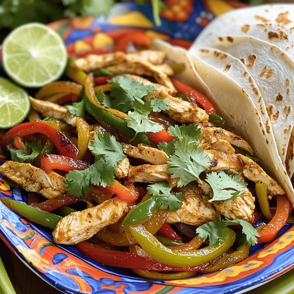 - 1 lb boneless, skinless chicken breasts - 1 red bell pepper - 1 green bell pepper - 1 large onion - 2 tablespoons olive oil - 2 teaspoons chili powder - 1 teaspoon ground cumin - 1 teaspoon garlic powder - 1 teaspoon smoked paprika - Salt and pepper to taste - 8 small flour or corn tortillas - Fresh cilantro for garnish - Lime wedges for serving Gather these ingredients before you start. Having everything set makes cooking smooth and fun. The chicken gives the dish its heart. Peppers and onions add bright colors and flavors. Olive oil helps to cook the chicken and veggies well. Now, for the spices, chili powder gives heat. Ground cumin adds a warm, earthy taste. Garlic powder boosts the flavor. Smoked paprika gives a lovely smoky note. Salt and pepper bring it all together. Tortillas are the perfect wrap for your fajitas. You can choose flour or corn, based on your taste. Fresh cilantro adds a burst of freshness. Lime wedges give a zesty kick when you squeeze them on top. You can find the Full Recipe for cooking these delicious chicken fajitas in detail. Get ready to enjoy a tasty dinner in no time! First, you need to marinate the chicken. In a bowl, mix the sliced chicken with olive oil, chili powder, ground cumin, garlic powder, smoked paprika, salt, and black pepper. Stir well, so the chicken gets all the flavors. Cover the bowl and let it sit. You should let it marinate for at least 20 minutes. For a stronger taste, you can refrigerate it for up to 2 hours. Now it’s time to cook the chicken. Heat a large skillet over medium-high heat until it’s hot. Add the marinated chicken in a single layer. Cook for about 5 to 7 minutes. Stir often so the chicken cooks evenly. Once it’s golden brown and there’s no pink left, take it out of the skillet and set it aside. In the same skillet, add the sliced onions and bell peppers. This will pick up the yummy flavors left behind. Sauté them for about 5 to 6 minutes. Keep stirring until they soften and start to char a bit. Add a pinch of salt and pepper to bring out their taste. Finally, combine the cooked chicken with the sautéed vegetables in the skillet. Toss everything together and let it cook for an extra 2 minutes. This helps all the flavors blend. While that’s happening, warm the tortillas in a separate skillet for about 30 seconds on each side. Now, you’re ready to serve these tasty chicken fajitas! For the best flavor, marinate the chicken for at least 20 minutes. If you have time, let it sit for up to 2 hours. This extra time helps the spices soak in. When cooking, use a hot skillet. This helps the chicken get a nice golden color. Cook the chicken in a single layer and stir often. Aim for 5 to 7 minutes until no pink shows. To achieve a nice char on your veggies, start with high heat. Add the sliced onions and bell peppers to the same skillet. Stir them often for about 5 to 6 minutes. You want them softened and slightly browned. For added flavor, sprinkle a pinch of salt and pepper on the veggies while cooking. You can also try adding lime juice or fresh herbs for extra taste. When it comes to toppings, the options are endless. Fresh cilantro and lime wedges are a must. You can also add salsa or guacamole for more flavor. For a great presentation, arrange the fajitas on a colorful platter. Add bowls of toppings around the platter. This invites everyone to customize their own dish. You can find the Full Recipe for a detailed guide on making these delicious chicken fajitas. {{image_4}} You can easily swap chicken for beef or shrimp. Beef fajitas bring a rich flavor. Cut the beef into thin strips and marinate like chicken. Shrimp fajitas cook quickly and add a sweet touch. Just ensure they turn pink and opaque. For a vegetarian option, use grilled vegetables or tofu. Bell peppers, zucchini, and mushrooms work great. Marinate them with the same spices to keep the flavor strong. Add extra spices if you like heat. Try cayenne pepper or red pepper flakes. Start with a small amount, then adjust to your taste. You can also play with smoked paprika for a deeper flavor. Feel free to use different vegetables. Try adding corn, asparagus, or carrots. Each veggie brings its own taste and texture. Mix and match for fun and colorful fajitas. If you're watching carbs, look for low-carb tortillas. Many brands offer tasty options that fit your diet. You can also use lettuce wraps. They give a crunchy texture and fresh taste. Serving fajitas in lettuce wraps is a fun twist. You get all the flavor without the extra carbs. Plus, it’s a great way to enjoy fajitas if you want something lighter. For the full recipe, check the complete guide to making sizzling chicken fajitas. After enjoying your chicken fajitas, store any leftovers right away. Place the fajitas in an airtight container. This helps keep the flavors fresh. You can also separate the chicken and vegetables for better storage. When you are ready to eat the leftovers, reheating is easy. Use a skillet over medium heat. Add a splash of water to help steam the fajitas. Stir often until heated through. You can also use the microwave. Just cover the fajitas with a damp paper towel. Heat in short bursts, stirring in between. In the refrigerator, your chicken fajitas last about 3 to 4 days. Ensure they are in a sealed container. If you want to store them longer, freezing is a great option. To freeze, place the fajitas in a freezer-safe bag. Remove as much air as possible before sealing. They can last up to 3 months in the freezer. When ready to eat, thaw in the fridge overnight, then reheat as mentioned above. For the Full Recipe, check the previous sections. You’ll find all the ingredients and steps to make these yummy fajitas! You can choose between flour and corn tortillas. Flour tortillas are soft and chewy. They hold up well to filling. Corn tortillas are thinner and have a nice flavor. They add a bit of crunch. Both types work great for fajitas. Try both to see which you like best! Yes, you can prep chicken fajitas in advance! Slice the chicken and veggies ahead. Marinate the chicken and keep it in the fridge. You can also sauté the veggies early. Just reheat them when you are ready to serve. This saves time on busy nights. To add heat, try using extra chili powder or jalapeños. You could also add a dash of hot sauce. Another option is to use spicy seasoning blends. For a fresh kick, add sliced fresh peppers when serving. Adjust the spice to match your taste! Fajitas pair well with many sides. Consider serving rice or beans for a filling meal. Guacamole and salsa are popular choices. You can also add a fresh salad for crunch. Don’t forget some tortilla chips for dipping! For the complete sizzling chicken fajitas recipe, [click here](#). In this post, we explored how to make tasty chicken fajitas. We covered ingredients, step-by-step instructions, and storage techniques. You learned tips for marinating chicken and sautéing vegetables to get great flavor. I also shared ways to customize your fajitas with different proteins and spices. Try these easy recipes at home. Enjoy your homemade chicken fajitas with friends and family!