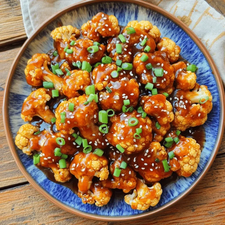 For this dish, you need simple and fresh items. Here’s what you will need: - 1 medium head of cauliflower, cut into bite-sized florets - 1 cup cornstarch - 2 teaspoons garlic powder - 1 teaspoon ginger powder - ½ teaspoon salt - ½ teaspoon black pepper - ½ cup vegetable oil (for frying) - 2 tablespoons soy sauce - 2 tablespoons rice vinegar - 2 tablespoons honey or agave syrup - 1 tablespoon sesame oil - 2 cloves garlic, minced - ½ teaspoon crushed red pepper flakes These ingredients work together to create a crispy and flavorful dish. The spices are key to building flavor. I recommend: - Garlic powder: Adds a nice depth. - Ginger powder: Brings warmth and zest. - Crushed red pepper flakes: For a kick of heat. - Soy sauce: Gives that savory umami flavor. - Rice vinegar: Balances the sweetness. - Sesame oil: Adds a nutty aroma. These spices and sauces transform simple cauliflower into a tasty dish. Garnishes can elevate your dish. For General Tso's Cauliflower, consider: - 2 green onions, finely chopped - Sesame seeds These garnishes add color and texture, making your meal pop! For the complete cooking method, check the Full Recipe. First, get your cauliflower head and cut it into bite-sized florets. You want them small enough to cook quickly. In a large bowl, mix the cornstarch, garlic powder, ginger powder, salt, and black pepper. This mix gives the cauliflower a nice flavor and crunch. Toss the florets in the bowl until each piece is coated. Make sure there are no dry spots left. Now it's time to fry! Heat the vegetable oil in a skillet over medium-high heat. When the oil is hot and shimmering, add the coated cauliflower in batches. Fry them for about 4-5 minutes. Turn them occasionally for even cooking. You want them golden brown and crispy. Use a slotted spoon to take them out and place them on paper towels. This helps soak up any extra oil. Next, let’s make the sauce. In a saucepan, mix soy sauce, rice vinegar, honey or agave syrup, sesame oil, minced garlic, and crushed red pepper flakes. Heat this over medium heat for about 2-3 minutes. Stir gently until warmed through and a bit thick. Add the crispy cauliflower to the sauce. Toss carefully to coat each piece well. Cook for another 1-2 minutes until everything is hot and shiny. Now your General Tso's cauliflower is ready! Serve it on a colorful plate. Garnish with green onions and sesame seeds for a beautiful finish. You can find the full recipe if you want to follow these steps again. Enjoy! To get that perfect crunch, use cornstarch. It coats the cauliflower well. Toss the florets in the cornstarch mixture until fully covered. This step stops floury spots. Fry in hot oil for crispy results. Don’t overcrowd the pan. Fry in small batches to ensure even cooking. Drain them on paper towels to remove extra oil. For an even crunchier texture, try double frying. Just fry them once, let them cool, and then fry again. If you want a gluten-free option, use tamari instead of soy sauce. You can swap honey for maple syrup or agave syrup for a vegan version. For a low-carb choice, try cauliflower rice instead of florets. You can also use arrowroot powder in place of cornstarch. It gives a similar crispy texture. If you have nut allergies, omit sesame oil. Use sunflower oil for frying instead. Serve your General Tso's cauliflower on a colorful plate. Add green onions and sesame seeds for a lovely touch. Pair it with steamed rice or quinoa for a filling meal. You can also add a fresh salad on the side. For extra flavor, drizzle more sauce on top right before serving. This dish is best enjoyed hot. You can find the full recipe for General Tso's Cauliflower above to guide you along. {{image_4}} If you want to make General Tso's Cauliflower vegan, swap honey for agave syrup. Agave is a sweetener from a plant. It tastes great and works just as well. Maple syrup is another option. It adds a nice flavor too. This keeps your dish plant-based while still tasting sweet. To make this dish gluten-free, use tamari in place of soy sauce. Tamari is similar but has no gluten. Always check your cornstarch too. Most brands are gluten-free, but some may mix with wheat. This switch lets everyone enjoy this tasty dish without worry. You can boost the health factor by adding other veggies. Bell peppers, broccoli, or snap peas mix well with cauliflower. Just chop them into bite-sized pieces. Toss them in the cornstarch mix with the cauliflower. This adds color, taste, and nutrition to your plate. For a full recipe, check the main article. To store leftover General Tso's cauliflower, first let it cool down. Place the cooled cauliflower in an airtight container. It can last in the fridge for up to three days. Make sure to seal the container well to keep moisture out. This helps prevent sogginess. When you reheat the cauliflower, keep it crispy. Use an oven or an air fryer for best results. Preheat your oven to 375°F (190°C). Spread the cauliflower on a baking sheet. Heat it for about 10 to 15 minutes. This method will keep the texture nice and crunchy. If you use a microwave, be aware it may make the cauliflower soft. You can freeze General Tso's cauliflower too! Separate the florets before freezing. Use a freezer-safe bag or container. It can stay fresh for about a month. When ready to eat, thaw it in the fridge overnight. Then, reheat it in the oven for a crispy finish. Enjoy your tasty, freezer-friendly dish! For the full recipe, check out the earlier section. Yes, you can make General Tso's Cauliflower ahead of time. Cook the cauliflower and let it cool. Store it in the fridge for up to three days. When you are ready to eat, warm it in the oven. This keeps it crispy. You can also store the sauce separately. Reheat the sauce on the stove before mixing it with the cauliflower. General Tso's Cauliflower pairs well with many dishes. Here are some great options: - White rice or brown rice - Quinoa for a healthy twist - Steamed broccoli for added greens - Egg rolls for a crunchy side - A fresh cucumber salad for a cool contrast These sides balance the flavors and add variety to your meal. General Tso's Cauliflower offers a plant-based twist on the classic dish. The cauliflower adds a nice crunch. It is lighter than General Tso's Chicken, which is fried meat. The sauce is the same, giving both dishes a sweet and spicy flavor. Some people prefer the cauliflower for its unique texture and taste. Others enjoy the heartiness of the chicken. Both dishes are delicious, but the cauliflower is a great option for those seeking a veggie-friendly meal. For the complete recipe, check out the Full Recipe. You learned how to make General Tso's Cauliflower from scratch. We covered key ingredients, important steps, and useful tips. You can find ways to adjust the recipe for special diets. Storing leftovers and reheating them well keeps the dish tasty. Whether you want a veggie meal or just love flavor, this dish fits. Enjoy this dish now and experiment with variations later. It's fun to cook and share with friends. Dive into your kitchen, and savor each bite!