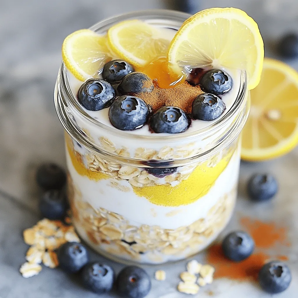 To make Lemon Blueberry Overnight Oats, you will need the following ingredients: - 1 cup rolled oats - 1 cup almond milk (or any milk of your choice) - 1/2 cup Greek yogurt (or plant-based yogurt alternative) - 1 tablespoon honey or maple syrup - Zest of 1 lemon - Juice of 1 lemon - 1/2 teaspoon vanilla extract - 1/2 teaspoon ground cinnamon - 1/2 cup fresh blueberries (plus extra for garnish) - A pinch of salt Each ingredient plays a key role in creating a tasty meal. The rolled oats form the base, giving it a hearty feel. Almond milk adds creaminess, while Greek yogurt boosts protein and tang. Honey or maple syrup sweetens it, and lemon zest and juice brighten the flavor. Vanilla and cinnamon add warmth, while blueberries bring freshness and color. You can find the full recipe for Lemon Blueberry Overnight Oats in the section below. This recipe is not just simple; it brings joy with each bite! To make Lemon Blueberry Overnight Oats, follow these simple steps. - Combine rolled oats and almond milk Start by adding 1 cup of rolled oats to a bowl. Pour in 1 cup of almond milk. Stir well until the oats soak up the milk. - Mix in Greek yogurt and sweeteners Next, add 1/2 cup of Greek yogurt to the bowl. If you like it sweet, mix in 1 tablespoon of honey or maple syrup. Stir until smooth. - Fold in lemon zest, juice, and spices Now, add the zest and juice of 1 lemon. Include 1/2 teaspoon of vanilla extract, 1/2 teaspoon of ground cinnamon, and a pinch of salt. Mix well to enhance the flavor. - Gently incorporate fresh blueberries Carefully fold in 1/2 cup of fresh blueberries. Do this gently so you don’t mash the berries. This step keeps the blueberries whole and juicy. - Transfer to a jar or container Next, pour the mixture into a jar or an airtight container. Seal it well to keep it fresh. - Refrigerate overnight or for 4-6 hours Place the container in the fridge for at least 4-6 hours or overnight. This lets the oats soak and flavors blend. - Stir and adjust consistency before serving In the morning, take the oats out and give them a good stir. If they are too thick, add a splash of milk to loosen them up. For the full recipe, check the details above. Enjoy your tasty and healthy breakfast! - Make a batch for the week. This saves time and keeps breakfast easy. - Customize sweetness to taste. You can add more or less honey or syrup. - Layer ingredients for easy serving. This makes it fun to grab and go. - Use glass jars for visual appeal. They show off the bright colors of the oats and berries. - Garnish with mint or extra blueberries. This adds a touch of freshness and looks nice. - High in fiber from oats. This helps with digestion and keeps you full. - Packed with antioxidants from blueberries. These help protect your body from damage. - Probiotics from Greek yogurt. They support gut health and boost your immune system. This lemon blueberry overnight oats recipe is a tasty and healthy choice. You can find the full recipe in the main article. Enjoy your delicious meal! {{image_4}} You can change the flavor of your Lemon Blueberry Overnight Oats by swapping ingredients. Here are some ideas: - Use different types of milk, like coconut or soy. - Replace maple syrup with agave or stevia for a lower-calorie option. - Add chia seeds for extra texture and nutrition. These swaps keep your oats fresh and exciting. You can find new flavors that you love while keeping the base recipe intact. To make your overnight oats even more delicious, try these flavor combos: - Add nuts or seeds for a crunchy texture. Almonds or walnuts work well. - Mix in other fruits like strawberries or peaches for a fruity twist. - Experiment with spices such as nutmeg or cardamom to enhance the taste. These combinations let you get creative in the kitchen. You can easily customize your oats to fit your mood or taste. For the full recipe, check the section above! You should store your Lemon Blueberry Overnight Oats in an airtight container. This helps keep them fresh and tasty. They can last for up to five days in the fridge. This makes them a great option for meal prep. You can make a big batch, and enjoy them all week. If you want to save some for later, these overnight oats are suitable for freezing. Just scoop them into a freezer-safe container. When you're ready to eat, thaw them in the fridge overnight. Before serving, add fresh toppings like blueberries or a drizzle of honey. This will bring back that fresh taste. Lemon blueberry overnight oats stay fresh for about five days in the fridge. Keep them in an airtight container to maintain flavor and texture. The oats soften as they soak, making them even tastier over time. Just give them a good stir before serving. Yes, you can make these oats vegan easily. Simply replace Greek yogurt with a plant-based yogurt. Use maple syrup instead of honey for sweetness. Swap almond milk for any non-dairy milk you prefer. This way, you keep all the flavor while making a vegan meal. If you don't have Greek yogurt, try using any plant-based yogurt. Options like almond or coconut yogurt work well. You can also use silken tofu blended until smooth for a creamy feel. This keeps the texture nice and rich while adding your own twist. To make more servings, multiply all ingredients by the number of servings you want. For example, if you want four servings, double the ingredients listed in the full recipe. Make sure your container can hold the larger batch. It’s easy to share this delicious meal with friends or family! Absolutely! You can add nuts, seeds, or other fruits to boost flavor and texture. Try adding chia seeds for extra nutrition or sliced bananas for sweetness. Get creative! The fun of overnight oats is the chance to customize them to your taste. These Lemon Blueberry Overnight Oats are not just easy to make; they're also healthy and tasty. You learned how to combine oats, yogurt, and blueberries into a delicious breakfast. Remember, you can customize them to fit your taste and needs. Make a big batch, store them, and enjoy! These oats are packed with fiber and good nutrients. They are a great way to start your day. Now it’s your turn to try this recipe and share it with others!
