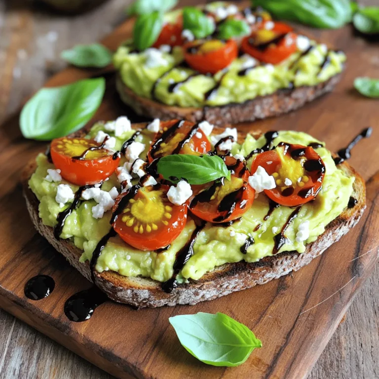 - 2 ripe avocados - 4 slices of whole grain bread (your choice of variety) - 1 cup cherry tomatoes, halved - 1/3 cup feta cheese, crumbled - 1 tablespoon olive oil - 1 tablespoon balsamic glaze - 1 teaspoon fresh lemon juice - 1 teaspoon fresh basil, finely chopped (or 1/2 teaspoon dried basil) - Salt and black pepper to taste - Calories per serving: About 300 calories - Macronutrient breakdown: - Carbs: 30g - Proteins: 8g - Fats: 18g - Additional vitamins or minerals present: - Vitamin E from avocados - Vitamin C from tomatoes - Calcium from feta cheese This combination of ingredients not only tastes great but also packs a nutritious punch. The avocados provide healthy fats, while the tomatoes and basil add freshness. The feta brings a creamy, salty contrast that ties the dish together. You get a balance of macronutrients that can fuel your day. Plus, with every bite, you can enjoy the vibrant colors and flavors that make this dish a delight. For the full recipe, check out the section above. Toasting the bread is the first step. You can use a toaster or a grill pan. If you choose the grill pan, set it to medium heat. Toast the bread for about 5 minutes. You want it golden-brown and crisp. This texture adds a nice crunch to your toast. Next, you’ll prepare the avocado. Start by slicing the ripe avocados in half. Carefully remove the pit. Scoop out the green flesh and place it in a bowl. Add lemon juice, a pinch of salt, and some black pepper. Use a fork to mash the avocado. You can make it as chunky or smooth as you like. This creamy layer will be the heart of your toast. Now, it’s time to mix the tomatoes. Take your halved cherry tomatoes and place them in a separate bowl. Drizzle in the olive oil and add the chopped basil. Gently toss the tomatoes with the oil and basil. This step is key; you want to keep the tomatoes whole and fresh. Once your bread is toasted, it’s time to assemble the toast. Take each slice and spread the mashed avocado generously. Make sure to cover the whole surface. This way, every bite is packed with flavor. Now, you can add the toppings. Sprinkle the crumbled feta cheese evenly over the avocado. It adds a savory touch. Then, spoon the marinated cherry tomatoes over the feta. For the final touch, drizzle some balsamic glaze on top. If you want, you can add more chopped basil for garnish. Serve the toast on a rustic wooden board for a beautiful presentation. For avocado toast, the bread you choose matters. Whole grain bread works great because it adds fiber and a nutty taste. Sourdough is another option, giving a tangy flavor that pairs well with avocado. If you prefer gluten-free, look for bread made from almond flour or chickpeas. These options keep the toast light and tasty. To find a ripe avocado, gently squeeze it. It should feel slightly soft but not mushy. If it feels hard, let it sit on your counter for a few days. Store ripe avocados in the fridge to slow browning. If you cut one and have leftovers, sprinkle lemon juice on the exposed flesh and wrap it tightly. This helps keep it fresh. To make your avocado toast pop, add spices or herbs. A pinch of red pepper flakes can bring heat. Fresh basil adds a nice touch, while a sprinkle of garlic powder gives depth. Balancing flavors is key; drizzle balsamic glaze for sweetness or fresh lemon juice for brightness. These small changes can elevate your dish. For a complete guide to making this dish, check out the Full Recipe. {{image_4}} For a fun twist, I love adding olives and sun-dried tomatoes. They bring a briny flavor that pairs well with the creamy avocado. You can use black or green olives. Just chop them up and sprinkle them on top. Sun-dried tomatoes add a sweet and tangy taste. They also give a pop of color. Using Greek herbs can boost the flavor too. Try oregano or dill. These herbs make the toast taste more Mediterranean. Just sprinkle some on the avocado or the tomatoes for a fresh kick. Want to make your toast more filling? Consider adding poached eggs or smoked salmon. Poached eggs add rich creaminess when you bite into them. The yolk mixes with the avocado for a delicious treat. Smoked salmon gives a savory depth, perfect for brunch. If you prefer plant-based proteins, try chickpeas or lentils. You can mash them into the avocado or sprinkle them on top. They add good texture and protein, making your meal hearty. Seasonal veggies can replace avocados for a fun change. In summer, try slicing fresh tomatoes or cucumbers. In the fall, roasted butternut squash can add a sweet touch. Fruits like peaches or figs also work well. They bring sweetness and juiciness. You can slice them thin and layer them on top of the toast. This makes every bite a delightful surprise. These variations keep your avocado toast exciting. You can mix and match to fit your mood or the season. For the full recipe, check out the Avocado Delight Toast with Feta & Cherry Tomatoes. To keep your avocado toast fresh, store it in an airtight container. Place parchment paper between the layers if stacking. This prevents sogginess. For the best taste, eat the toast within a few hours. Keep the ingredients separate if you plan to store them. This way, the bread stays crunchy, and the avocado does not brown. To keep your avocados fresh, store them whole and at room temperature. If cut, wrap them tightly with plastic wrap. You can also add lemon juice to the flesh to slow browning. For long-term storage, you can freeze mashed avocado. Scoop it into a freezer-safe bag and remove as much air as possible. Label the bag with the date to track its freshness. Mashed avocado can last up to six months in the freezer. When you're ready to use the frozen avocado, thaw it in the fridge overnight. To reheat the toast, place it in a toaster oven or air fryer. This keeps the bread crispy while warming the toppings. You can try using goat cheese, ricotta, or even queso fresco. These cheeses add a creamy texture and a salty flavor. If you want a dairy-free option, try almond or cashew cheese. These alternatives can still give you that rich taste without feta. Yes! To make this recipe vegan, skip the feta cheese. Instead, use a vegan cheese or nutritional yeast for a cheesy flavor. You can also add more veggies, like sliced radishes or cucumbers, for extra crunch. This keeps the toast tasty and colorful. To keep your avocado fresh, sprinkle lemon juice on the flesh right after cutting. The acid slows down browning. Store your avocado in an airtight container. If you have a half avocado, put the pit back in before storing. This helps slow browning too. Avocado toast pairs well with a simple salad or fruit. A side of mixed greens dressed lightly adds freshness. You can also serve it with a bowl of soup for a cozy meal. If you want something heartier, try serving it with scrambled eggs or smoked salmon. This blog post outlined a simple recipe for avocado toast. We covered the key ingredients, step-by-step instructions, and tips for selecting and storing your ingredients. I shared fun variations to try, like adding proteins or seasonal veggies. Remember, whether you prefer classic toppings or unique twists, avocado toast is versatile and healthy. Enjoy crafting your own delicious version!
