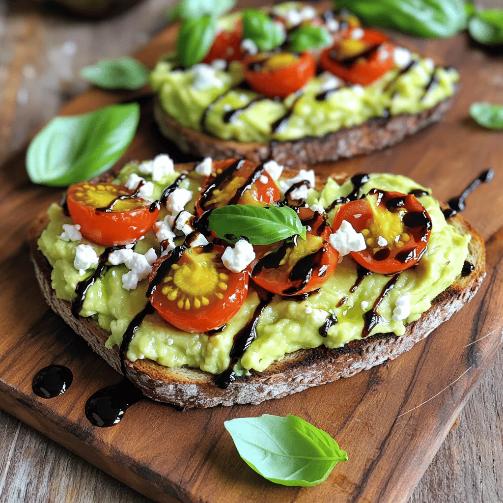 - 2 ripe avocados - 4 slices of whole grain bread (your choice of variety) - 1 cup cherry tomatoes, halved - 1/3 cup feta cheese, crumbled - 1 tablespoon olive oil - 1 tablespoon balsamic glaze - 1 teaspoon fresh lemon juice - 1 teaspoon fresh basil, finely chopped (or 1/2 teaspoon dried basil) - Salt and black pepper to taste - Calories per serving: About 300 calories - Macronutrient breakdown: - Carbs: 30g - Proteins: 8g - Fats: 18g - Additional vitamins or minerals present: - Vitamin E from avocados - Vitamin C from tomatoes - Calcium from feta cheese This combination of ingredients not only tastes great but also packs a nutritious punch. The avocados provide healthy fats, while the tomatoes and basil add freshness. The feta brings a creamy, salty contrast that ties the dish together. You get a balance of macronutrients that can fuel your day. Plus, with every bite, you can enjoy the vibrant colors and flavors that make this dish a delight. For the full recipe, check out the section above. Toasting the bread is the first step. You can use a toaster or a grill pan. If you choose the grill pan, set it to medium heat. Toast the bread for about 5 minutes. You want it golden-brown and crisp. This texture adds a nice crunch to your toast. Next, you’ll prepare the avocado. Start by slicing the ripe avocados in half. Carefully remove the pit. Scoop out the green flesh and place it in a bowl. Add lemon juice, a pinch of salt, and some black pepper. Use a fork to mash the avocado. You can make it as chunky or smooth as you like. This creamy layer will be the heart of your toast. Now, it’s time to mix the tomatoes. Take your halved cherry tomatoes and place them in a separate bowl. Drizzle in the olive oil and add the chopped basil. Gently toss the tomatoes with the oil and basil. This step is key; you want to keep the tomatoes whole and fresh. Once your bread is toasted, it’s time to assemble the toast. Take each slice and spread the mashed avocado generously. Make sure to cover the whole surface. This way, every bite is packed with flavor. Now, you can add the toppings. Sprinkle the crumbled feta cheese evenly over the avocado. It adds a savory touch. Then, spoon the marinated cherry tomatoes over the feta. For the final touch, drizzle some balsamic glaze on top. If you want, you can add more chopped basil for garnish. Serve the toast on a rustic wooden board for a beautiful presentation. For avocado toast, the bread you choose matters. Whole grain bread works great because it adds fiber and a nutty taste. Sourdough is another option, giving a tangy flavor that pairs well with avocado. If you prefer gluten-free, look for bread made from almond flour or chickpeas. These options keep the toast light and tasty. To find a ripe avocado, gently squeeze it. It should feel slightly soft but not mushy. If it feels hard, let it sit on your counter for a few days. Store ripe avocados in the fridge to slow browning. If you cut one and have leftovers, sprinkle lemon juice on the exposed flesh and wrap it tightly. This helps keep it fresh. To make your avocado toast pop, add spices or herbs. A pinch of red pepper flakes can bring heat. Fresh basil adds a nice touch, while a sprinkle of garlic powder gives depth. Balancing flavors is key; drizzle balsamic glaze for sweetness or fresh lemon juice for brightness. These small changes can elevate your dish. For a complete guide to making this dish, check out the Full Recipe. {{image_4}} For a fun twist, I love adding olives and sun-dried tomatoes. They bring a briny flavor that pairs well with the creamy avocado. You can use black or green olives. Just chop them up and sprinkle them on top. Sun-dried tomatoes add a sweet and tangy taste. They also give a pop of color. Using Greek herbs can boost the flavor too. Try oregano or dill. These herbs make the toast taste more Mediterranean. Just sprinkle some on the avocado or the tomatoes for a fresh kick. Want to make your toast more filling? Consider adding poached eggs or smoked salmon. Poached eggs add rich creaminess when you bite into them. The yolk mixes with the avocado for a delicious treat. Smoked salmon gives a savory depth, perfect for brunch. If you prefer plant-based proteins, try chickpeas or lentils. You can mash them into the avocado or sprinkle them on top. They add good texture and protein, making your meal hearty. Seasonal veggies can replace avocados for a fun change. In summer, try slicing fresh tomatoes or cucumbers. In the fall, roasted butternut squash can add a sweet touch. Fruits like peaches or figs also work well. They bring sweetness and juiciness. You can slice them thin and layer them on top of the toast. This makes every bite a delightful surprise. These variations keep your avocado toast exciting. You can mix and match to fit your mood or the season. For the full recipe, check out the Avocado Delight Toast with Feta & Cherry Tomatoes. To keep your avocado toast fresh, store it in an airtight container. Place parchment paper between the layers if stacking. This prevents sogginess. For the best taste, eat the toast within a few hours. Keep the ingredients separate if you plan to store them. This way, the bread stays crunchy, and the avocado does not brown. To keep your avocados fresh, store them whole and at room temperature. If cut, wrap them tightly with plastic wrap. You can also add lemon juice to the flesh to slow browning. For long-term storage, you can freeze mashed avocado. Scoop it into a freezer-safe bag and remove as much air as possible. Label the bag with the date to track its freshness. Mashed avocado can last up to six months in the freezer. When you're ready to use the frozen avocado, thaw it in the fridge overnight. To reheat the toast, place it in a toaster oven or air fryer. This keeps the bread crispy while warming the toppings. You can try using goat cheese, ricotta, or even queso fresco. These cheeses add a creamy texture and a salty flavor. If you want a dairy-free option, try almond or cashew cheese. These alternatives can still give you that rich taste without feta. Yes! To make this recipe vegan, skip the feta cheese. Instead, use a vegan cheese or nutritional yeast for a cheesy flavor. You can also add more veggies, like sliced radishes or cucumbers, for extra crunch. This keeps the toast tasty and colorful. To keep your avocado fresh, sprinkle lemon juice on the flesh right after cutting. The acid slows down browning. Store your avocado in an airtight container. If you have a half avocado, put the pit back in before storing. This helps slow browning too. Avocado toast pairs well with a simple salad or fruit. A side of mixed greens dressed lightly adds freshness. You can also serve it with a bowl of soup for a cozy meal. If you want something heartier, try serving it with scrambled eggs or smoked salmon. This blog post outlined a simple recipe for avocado toast. We covered the key ingredients, step-by-step instructions, and tips for selecting and storing your ingredients. I shared fun variations to try, like adding proteins or seasonal veggies. Remember, whether you prefer classic toppings or unique twists, avocado toast is versatile and healthy. Enjoy crafting your own delicious version!