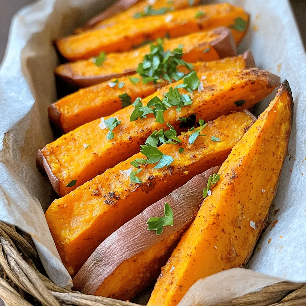 - 2 large sweet potatoes, thoroughly washed and scrubbed - 3 tablespoons extra virgin olive oil - 1 teaspoon smoked paprika for a rich flavor - 1 teaspoon garlic powder for depth - 1 teaspoon onion powder for sweetness - ½ teaspoon sea salt, or to taste - ¼ teaspoon freshly cracked black pepper - Fresh parsley, finely chopped (for garnish) Sweet potatoes are the star of this dish. They are bright, sweet, and packed with nutrients. Use firm, unblemished sweet potatoes for the best results. The olive oil will help the spices stick and create a crispy texture when baked. For seasonings, I love using smoked paprika. It adds a warm, smoky flavor. Garlic powder gives a nice punch, and onion powder brings in sweetness. Sea salt and black pepper round it all out. Don’t forget the fresh parsley! It adds a pop of color and freshness. You can skip it if you want, but I highly recommend it. For the full recipe, check out the detailed instructions to create these crispy, flavorful snacks! First, preheat your oven to 425°F (220°C). This temperature is key to getting crispy sweet potato wedges. A hot oven helps to cook the wedges evenly and gives them a nice crunch. Make sure your oven is fully preheated before you put in the wedges to ensure the best results. Next, wash the sweet potatoes well. Scrub them to remove any dirt. This step is important for clean and tasty wedges. After washing, cut the sweet potatoes into wedges about 1-inch thick. Uniform size helps them cook evenly. If some wedges are thicker, they may not cook at the same rate as thinner ones. Now, let’s mix the seasoning. In a large bowl, combine 3 tablespoons of olive oil, 1 teaspoon of smoked paprika, 1 teaspoon of garlic powder, 1 teaspoon of onion powder, ½ teaspoon of sea salt, and ¼ teaspoon of black pepper. Whisk these ingredients until they blend well. This mix adds great flavor! When you add the sweet potato wedges to the seasoning, toss them gently. Make sure each wedge is coated evenly. This ensures every bite is packed with flavor. Line a baking sheet with parchment paper. This helps with easy cleanup. Spread the sweet potato wedges in a single layer on the sheet. Make sure they do not touch or overlap. This will help them crisp up nicely. Bake the wedges in the oven for 25-30 minutes. Halfway through, flip the wedges over. This helps them brown and get crispy on all sides. When they are done baking, let them cool for a few minutes. This helps them firm up before you serve them. Enjoy these crispy and flavorful snacks! If you want to try more, check out the Full Recipe for additional tips. To get sweet potato wedges crispy, start with dry potatoes. After washing, pat them dry. This helps them crisp up in the oven. Cut your sweet potatoes into uniform wedges. Aim for 1-inch thickness. This ensures they cook at the same rate. Overcrowding the baking sheet is a common mistake. Each wedge needs space to breathe. If they touch, they will steam instead of crisp. Flip the wedges halfway through baking. This helps both sides brown evenly. You can play with flavors using different spices. Try adding cayenne for heat or Italian herbs for a twist. Mix in some cumin for an earthy taste. You might also love adding rosemary for a fresh touch. Don’t hesitate to blend flavors. Sweet potatoes go well with maple and cinnamon, too. For dips, you can't go wrong with garlic aioli or ranch. Both add creamy goodness that pairs well. If you want something spicy, try a sriracha mayo. To make a simple homemade sauce, mix Greek yogurt with lemon juice, garlic, and herbs. It’s fresh and tasty. For more ideas, check out the Full Recipe! {{image_4}} You can add cheese for a creamy twist. I love using parmesan or cheddar. Both cheeses melt nicely and add flavor. When you add cheese, reduce the cooking time by a few minutes. Keep an eye on them to avoid burning the cheese. Sprinkle the cheese on the wedges during the last five minutes of baking. This gives it time to melt and become bubbly. For a kick, try adding cayenne or chili powder. Just a little can boost the heat. Start with half a teaspoon, then taste. Adjust the spice level to your liking. Pair the heat with a hint of sweetness from the sweet potatoes. This balance makes the flavor pop. Serve with a cooling dip, like yogurt, to balance the spice. Using herbs can elevate your wedges. Fresh or dried herbs like rosemary or thyme work well. Toss the wedges with herbs before baking for a fragrant touch. Pair these wedges with grilled chicken or fish for a gourmet meal. You can even sprinkle some herbs on top after baking for extra flavor. For more ideas, check the Full Recipe. To keep your sweet potato wedges fresh, follow these best practices: - Let the wedges cool completely after baking. - Place the wedges in an airtight container. - Line the bottom with paper towels to absorb moisture. For best results, use glass or BPA-free plastic containers. These options help maintain crispness and flavor. When it comes to reheating, the oven works best. Here’s how you can do it: - Preheat your oven to 400°F (200°C). - Spread the wedges in a single layer on a baking sheet. - Bake for about 10-15 minutes. This helps restore crispiness. You can also use a microwave, but the texture may suffer. If you choose this method: - Place wedges on a microwave-safe plate. - Heat in short bursts of 30 seconds. Check often to avoid sogginess. By following these tips, you’ll enjoy your baked sweet potato wedges just as much the next day. For the complete recipe, check out the Full Recipe. Yes, you can use other potatoes. Regular russet potatoes work well. They will have a different taste but still be delicious. Yukon Gold potatoes are also a good choice. They are creamy and have a nice flavor. Just remember to adjust cooking times since different potatoes may cook faster or slower. You will know the wedges are done when they are golden brown and crispy. A fork should easily pierce them. If they feel soft inside, that is a good sign. The edges should be crispy to the touch. If you want them extra crispy, leave them in the oven for a few more minutes. Yes, you can make these wedges ahead of time. Prepare them as normal and let them cool. Then, store them in an airtight container. When you're ready to eat, reheat them in the oven. This keeps them crispy. Just set the oven to 400°F (200°C) for about 10 minutes. These wedges pair well with many dishes. Try serving them with grilled chicken or fish. They also go great with burgers or sandwiches. For a light meal, add a salad. Dipping sauces like garlic aioli or spicy ketchup enhance the flavor too. You can find the full recipe to explore more serving ideas! Baked sweet potato wedges are a delight. You learned about the best ingredients, from sweet potatoes to seasonings. I shared step-by-step tips to prepare and bake them perfectly. You now have secrets to achieve crispy texture and tasty variations. Remember to store leftovers correctly and reheating tips for best results. Enjoy these wedges with simple dips or as part of a meal. Experiment and find your favorite flavors. With this guide, your sweet potato wedges will always be a hit!