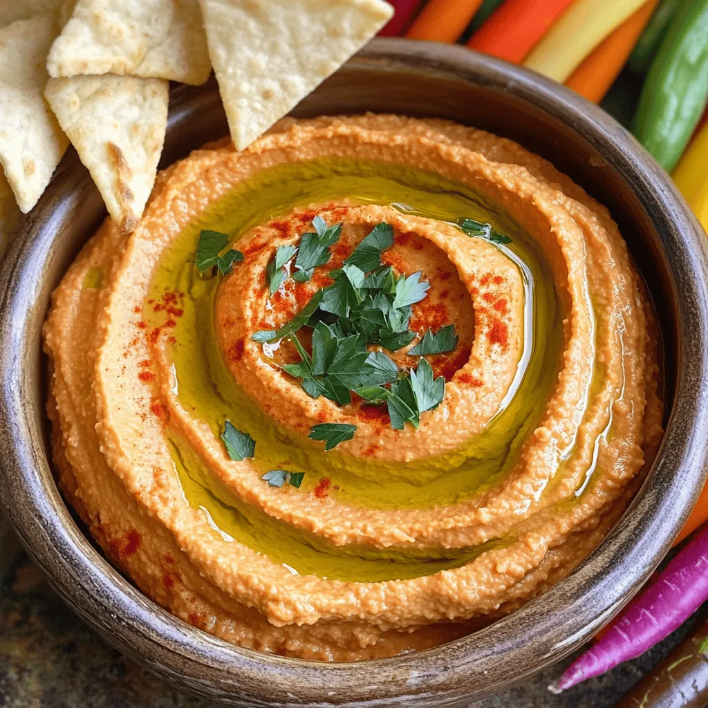 - 1 can (15 oz) chickpeas, drained and thoroughly rinsed - 1 large roasted red pepper (store-bought jarred or homemade) - 2 tablespoons tahini (sesame paste) Chickpeas are the heart of hummus. They give it a nice creamy texture. The roasted red pepper adds a sweet and smoky flavor. Tahini brings a rich, nutty taste that balances the dish. - 1 clove garlic, finely minced - 1 tablespoon fresh lemon juice - 1/2 teaspoon ground cumin - 1/2 teaspoon smoked paprika - Salt, to taste Garlic gives the hummus a punchy flavor. Lemon juice brightens the dish and adds freshness. Cumin and smoked paprika add warmth and depth. A pinch of salt helps to bring all the flavors together. - 2 tablespoons extra virgin olive oil - Fresh parsley, finely chopped for garnish - Pita chips or assorted vegetable sticks (carrots, cucumbers, bell peppers) for serving A drizzle of olive oil makes the hummus shine and adds richness. Fresh parsley not only looks great but also adds a fresh taste. Serve with pita chips or veggie sticks for a fun and healthy dip. For the full recipe, check out the details above. - Drain and Rinse Chickpeas: Start with one can of chickpeas. Drain them and rinse under cold water. This step helps remove excess sodium and improves the flavor. - Roast Red Pepper if Homemade: If you want to make your own roasted red pepper, you can do this easily. Cut the pepper in half and remove the seeds. Place it skin-side up on a baking sheet. Broil it in your oven until the skin is blackened. Let it cool, then peel off the skin. - Combine in Food Processor: In your food processor, add the rinsed chickpeas, roasted red pepper, tahini, olive oil, minced garlic, lemon juice, ground cumin, smoked paprika, and a pinch of salt. - Achieving Smooth Consistency: Blend all these ingredients until they form a creamy mixture. If the hummus is too thick, slowly add water. Start with one tablespoon at a time. Blend again until smooth and creamy. - Adjust Seasoning: Once blended, taste the hummus. If it needs more flavor, add a bit more salt or lemon juice. Blend again for a few seconds to mix in any new flavors. - Transfer and Garnish: Carefully scoop the hummus into a serving bowl. Drizzle some extra virgin olive oil on top. Sprinkle finely chopped parsley for a fresh look. Serve it with pita chips or colorful veggie sticks. For the complete recipe, check the [Full Recipe]. How to Adjust Thickness To get your hummus just right, start with the right amount of water. If the mix is too thick, add water slowly. Use one tablespoon at a time. Blend after each addition. This way, you control the thickness. You want a smooth, creamy dip that is easy to scoop. Common Mistakes to Avoid Avoid over-blending your hummus; it can become too airy. Also, don't skip the water if the mix is thick. Adding too much salt at once can ruin the flavor. Taste as you go, and adjust in small amounts. Popular Additions Try adding a pinch of chili flakes for some heat. You can also mix in fresh herbs like basil or cilantro. These will brighten the flavors. A splash of balsamic vinegar can add a sweet touch. Olive oil can also enhance the taste and creaminess. Balancing Flavor Profiles Balance is key in hummus. If it tastes too lemony, add a bit more tahini. If it is bland, a touch more salt will help. Always remember to taste as you mix. Adjust flavors until it feels just right. Serving Style Suggestions Serve your hummus in a shallow bowl for a nice look. Drizzle olive oil on top to make it shine. Place colorful vegetable sticks or pita chips around the bowl. This creates a fun, inviting display for your guests. Creative Garnishing Ideas Garnish with fresh parsley or paprika for color. You can also add a few whole chickpeas on top. For a twist, sprinkle some roasted nuts for crunch. These small touches make your hummus eye-catching and delicious. For the full recipe, check out Roasted Red Pepper Hummus Bliss! {{image_4}} You can easily change the heat level of your hummus. If you love spice, add chili flakes or jalapeños. Start small and blend well. Taste it and decide if you want more heat. For a fresh twist, add herbs like basil or cilantro. A splash of citrus, like lime or orange juice, brightens the flavor. This adds zest without overpowering the dip. Not all kitchens have the same items. You can replace tahini with sunflower seed butter. This gives a nut-free option that tastes great. If you want a different bean, try black beans or white beans instead of chickpeas. Both options create unique flavors. Each choice brings its own charm to the mix. Hummus is not just a dip. You can create hummus bowls for a fun meal. Top with sliced veggies, olives, or seeds. Try it as a spread for sandwiches or wraps. It adds creaminess and flavor. You can also use it as a base for grain bowls. The options are endless! For a detailed recipe, check out the Full Recipe. To keep your roasted red pepper hummus fresh, store it in airtight containers. This prevents air from getting in and keeps it smooth. Use a clean spoon to scoop out hummus. This will help avoid any bacteria from spoiling your dip. Refrigeration is key. Make sure your fridge is set to a cool temperature. Store the hummus in the back of the fridge, where it’s coldest. This way, it stays fresh for longer. In the refrigerator, your roasted red pepper hummus lasts about four to five days. If you want to save it for later, freezing is a great option. When you freeze it, it can last up to three months. Just make sure to use a freezer-safe container. When you're ready to enjoy the hummus again, thaw it overnight in the fridge. This slow method helps keep its creamy texture. Once thawed, mix it well. You might need to add a bit of water to restore its smoothness. This makes it just as good as when you first made it. Enjoy your delicious dip with pita chips or veggie sticks! Roasted red pepper hummus is a creamy dip made from chickpeas, tahini, and roasted red peppers. This dip has a rich, smoky flavor that makes it a crowd-pleaser. You can enjoy it with pita chips or fresh veggies. It’s a great snack or appetizer for any gathering. To add some heat, try these tips: - Mix in a few chili flakes. - Add diced jalapeños for a fresh kick. - Use harissa paste for a bold flavor. Start with a small amount and taste as you go. This way, you find the right level of spice for you. Yes, roasted red pepper hummus is quite healthy. It contains chickpeas, which are high in protein and fiber. Tahini adds healthy fats, while red peppers provide vitamins A and C. It is a nutritious option for snacks or meals. Just watch the amount of olive oil and salt you add to keep it healthy. Roasted red pepper hummus combines simple ingredients for a rich flavor. You learned how to prepare, blend, and garnish it. You discovered tips for perfecting the texture and enhancing flavor. Variations keep it exciting, from spice adjustments to different beans and fun serving ideas. Storing hummus is straightforward, ensuring you enjoy it longer. With creativity and practice, this dish can become a staple in your kitchen. Now, it’s time to enjoy this tasty, healthy snack!