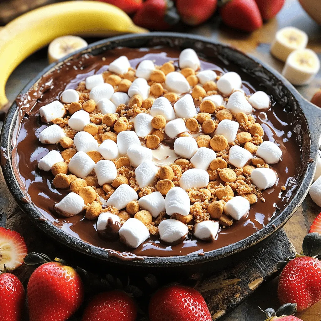 - 1 cup semi-sweet chocolate chips - 1 cup mini marshmallows - 4 tablespoons heavy cream - 1 teaspoon vanilla extract - 1/2 cup crushed graham crackers - Pinch of sea salt - Fresh strawberries and banana slices for delightful dipping You can swap semi-sweet chocolate chips for dark chocolate chips if you prefer a richer taste. For a lighter option, use milk chocolate chips. If you don't have heavy cream, use half-and-half or coconut cream for a dairy-free choice. You can also replace mini marshmallows with larger ones, just cut them into smaller pieces. For the graham crackers, any type of crushed cookies can work, like digestive biscuits or even Oreos for a twist. Choose high-quality chocolate chips for the best flavor. Look for brands that use cocoa butter and have minimal additives. Fresh mini marshmallows give a fluffy texture, so avoid stale ones. When picking strawberries and bananas, select ripe fruit for a sweet complement to the dip. Always check for any bruises or soft spots to ensure freshness. First, set your oven to 350°F (175°C). This step is key to getting your dip just right. Preheating helps melt the chocolate evenly. It also ensures the marshmallows puff up nicely later. While the oven heats, you can prepare the other ingredients. In a medium oven-safe skillet, mix 1 cup of semi-sweet chocolate chips with 4 tablespoons of heavy cream. Stir gently to combine. This blend will create a rich, creamy base. Place the skillet in your preheated oven for about 5 minutes. Watch closely! You want the chocolate to melt, but not become too runny. After 5 minutes, take it out and stir until smooth. Add 1 teaspoon of vanilla extract and a pinch of sea salt to boost the flavor. Now it’s time for the fun part. Evenly spread 1 cup of mini marshmallows over the melted chocolate. Make sure each marshmallow gets cozy in the mix. Return the skillet to the oven for another 5-7 minutes. Look for that golden brown color on the marshmallows. When they are nice and toasty, take the skillet out. Sprinkle 1/2 cup of crushed graham crackers on top for that perfect crunch. Let your dip cool for a few minutes. Enjoy it warm with fresh strawberries and banana slices. You can find the Full Recipe for more details. To get the best texture for your S'mores Dip, focus on the melting process. Start with semi-sweet chocolate chips and heavy cream. The cream helps the chocolate melt smoothly. Bake it just enough to melt the chocolate, around 5 minutes. If you cook it too long, the chocolate can get too thick. Stir it well after it melts. This ensures a creamy dip. Adding a pinch of sea salt will also enhance the flavor. Serving S'mores Dip right is key to its appeal. I suggest using a cast-iron skillet. This keeps the dip warm longer. Once you take it out of the oven, let it cool for a few minutes. Then, sprinkle the crushed graham crackers on top for crunch. Arrange fresh strawberries and banana slices around the skillet. This makes for a beautiful display. Your guests will love the variety for dipping! Avoid common mistakes that can ruin your dip. First, don’t rush the melting process. If you melt the chocolate too fast, it may seize. Second, use mini marshmallows. They melt evenly and look great on top. Third, don’t skip the cooling step. Letting it cool slightly allows the dip to set. This will help keep it from being too runny. Follow these tips for a perfect S'mores Dip every time! {{image_4}} You can make S'mores Dip even better with fun add-ins. Try mixing in peanut butter for a nutty twist. You can also add caramel sauce for a sweet layer. Consider using different chocolate types, like white chocolate or dark chocolate. You could even include a sprinkle of cinnamon for warmth. Each add-in creates a new flavor adventure. While strawberries and bananas are great, don't stop there! Try graham crackers, pretzel sticks, or apple slices. Each dipper offers a unique taste and texture. For added fun, use mini marshmallow skewers. These allow easy dipping and add a playful touch. You can also serve with cookies for extra crunch. Get creative with themed S'mores Dip! For a fall touch, add pumpkin spice and serve with apple slices. For a festive holiday treat, mix in peppermint extract and use candy canes for dipping. You can also make a tropical version with coconut and serve with pineapple chunks. Each theme can change the mood and flavor of your dessert. For the full recipe, check out S'mores Dip Delight. To store leftovers, let the S'mores dip cool completely. Transfer it to an airtight container. Keep it in the fridge for up to three days. If you have a lot left, you can divide it into smaller containers. This way, it’s easy to grab a quick snack later. When you're ready to enjoy your dip again, preheat your oven to 350°F (175°C). Place the dip in an oven-safe dish. Cover it with foil to keep it moist. Heat for about 10 minutes or until warm. You can also use a microwave. Heat it in 30-second bursts, stirring between each. You can freeze S'mores dip, but it may change texture. Let the dip cool and transfer it to a freezer-safe container. Make sure to leave some space for expansion. It can last in the freezer for about a month. To enjoy it later, thaw it in the fridge overnight before reheating. Yes, you can make S'mores Dip ahead. Prepare the dip and store it in the fridge. When you are ready to serve, warm it in the oven. This keeps the flavors fresh. Just make sure to cover it well to prevent drying. If you need a substitute for heavy cream, use milk and butter. Mix 3/4 cup of milk with 1/4 cup of melted butter. This will mimic the cream's richness. You can also try coconut cream for a dairy-free option. It adds a nice flavor too. To serve more people, double the recipe. Use a bigger skillet or baking dish. Adjust the baking time as needed. Keep an eye on the marshmallows so they get golden brown. You want everyone to enjoy this tasty treat! For the full recipe, check the earlier section. This article outlined how to make a delicious s'mores dip. We covered the key ingredients, step-by-step instructions, and handy tips for success. Variations added fun twists, while storage tips ensured your dip stays fresh. Always remember, small changes can make a big difference in taste. Experiment and find what you love. Enjoy sharing this sweet treat with friends and family. Happy dipping!