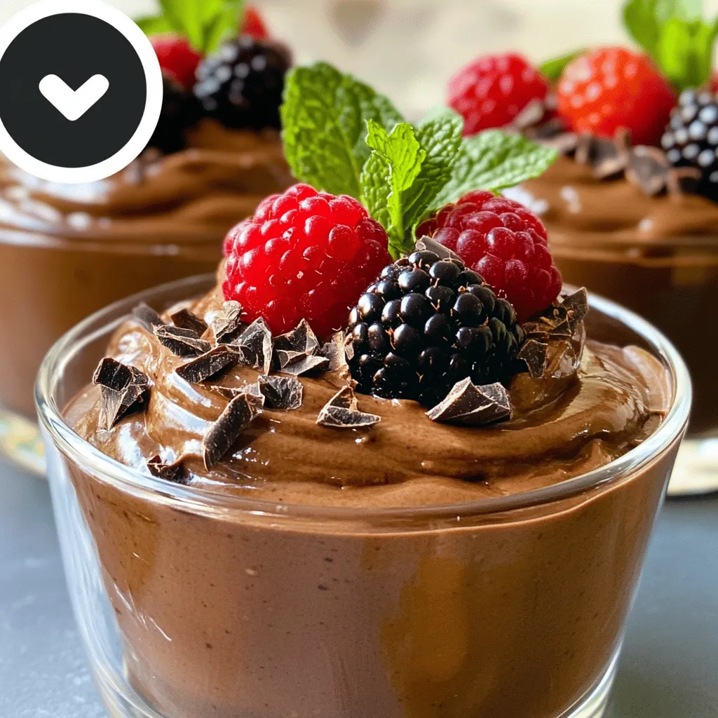 - 2 ripe avocados, halved and pitted - 1/3 cup unsweetened cocoa powder - 1/4 cup pure maple syrup - 1/4 cup almond milk (or your preferred non-dairy milk) - 1 teaspoon pure vanilla extract - A pinch of fine sea salt - Dark chocolate shavings and an assortment of fresh berries for garnish When I prepare chocolate avocado mousse, I love how simple the ingredients are. Each item brings rich flavor and great texture. Avocados are the star here. They provide a creamy base and healthy fats. Nutritional Information One serving of this mousse has about 200 calories. It has 15 grams of fat, 3 grams of protein, and 20 grams of carbs. Avocados are super healthy. They have fiber, vitamins, and good fats. Eating avocados may help your heart and lower bad cholesterol. They are also great for your skin! Using fresh ingredients makes this mousse taste even better. The dark chocolate shavings and berries add a fun touch. You can find the full recipe above to make this rich delight. To start, cutting and scooping avocados is simple. First, take a ripe avocado and place it on a stable cutting board. Use a sharp knife to slice it in half, lengthwise. Gently twist the halves apart to separate them. Next, carefully remove the pit with the knife. To scoop out the flesh, use a spoon to glide along the inside of the skin. This will give you creamy chunks of avocado for your mousse. Now, let’s blend the ingredients for the best texture. Add the avocado flesh to a blender or food processor. Then, pour in the unsweetened cocoa powder, pure maple syrup, almond milk, vanilla extract, and a pinch of sea salt. Blend on high speed until the mixture becomes smooth and creamy. You may need to stop and scrape the sides of the blender to mix everything well. This step is crucial for a velvety texture. Next, it's time for taste testing. After blending, take a small spoonful of the mousse. If it needs more sweetness, add a bit more maple syrup. Blend again to mix in any extra sweetness. This step lets you adjust the flavor to your liking. For serving, spoon the mousse into small bowls or cups. Cover them with plastic wrap and chill in the fridge for at least 30 minutes. This chilling helps the mousse set and brings the flavors together. When ready to serve, add dark chocolate shavings and fresh berries on top. These not only look great but also add a burst of flavor. For the full recipe, check the detailed instructions provided earlier. Enjoy your rich and creamy chocolate avocado mousse! To make your chocolate avocado mousse super smooth, start with ripe avocados. They should feel soft but not mushy. Cut them in half and scoop the green flesh into your blender. Add the cocoa powder, maple syrup, almond milk, vanilla extract, and a pinch of sea salt. If your blender struggles, you can use a food processor. It works just as well. Blend until everything is creamy. Stop to scrape the sides if needed. If you want it sweeter, add more maple syrup and blend again. For a stunning look, serve your mousse in clear glass cups. This shows off its rich, dark color. You can also layer it with fresh berries for a pop of color and taste. To garnish, add a sprinkle of dark chocolate shavings on top. A sprig of mint adds a fresh touch and great aroma. These little details make your dessert look fancy. Plus, they add flavor and fun! For the full recipe, check out the details above. Enjoy your delightful mousse! {{image_4}} You can easily change the taste of your chocolate avocado mousse. Adding peanut butter or almond butter gives it a rich, nutty flavor. Just mix in a couple of tablespoons when you blend the mousse. This adds depth and pairs well with chocolate. Another fun twist is adding mint or coffee. A few drops of mint extract brighten the dessert. If you want a deeper taste, try instant coffee. Just one teaspoon can change the flavor in a great way. You can make this mousse fit different diets. For those with nut allergies, use oat milk or rice milk instead of almond milk. You can also swap the maple syrup for agave syrup for a sugar-free option. This recipe is already vegan since it uses avocados and plant-based milk. To ensure it is gluten-free, just check your cocoa powder and any toppings. You can enjoy this creamy dessert without worry! To keep your chocolate avocado mousse fresh, store it in the fridge. Use airtight containers to avoid any strong odors. If you have leftover mousse, it will stay safe to eat for about 2 to 3 days. Before serving, give it a quick stir to restore its creamy texture. You can freeze mousse for future use. First, pour the mousse into freezer-safe containers. Leave some space at the top, as the mousse will expand when frozen. It keeps well for about a month. When you're ready to enjoy it, take it out and place it in the fridge overnight to defrost. You can also leave it at room temperature for about 30 minutes. Once it's soft, stir it to regain its smoothness. Enjoy your creamy treat again! For the full recipe, check out the detailed preparation steps. Can I use other sweeteners instead of maple syrup? Yes, you can use other sweeteners. Honey or agave syrup works well. You can even use stevia for a low-calorie option. Just adjust the amount to fit your taste. Each sweetener brings a unique flavor. Is this recipe suitable for kids? Absolutely! Chocolate avocado mousse is kid-friendly. It is smooth, rich, and sweet. Kids will love the taste. Plus, it is healthy. Avocados provide good fats and nutrients. What can I serve with chocolate avocado mousse? You can serve this mousse with fresh berries or nuts. Adding whipped cream can enhance the dessert. Try pairing it with a scoop of vanilla ice cream for a fun twist. Use your creativity! How long does the mousse last in the fridge? The mousse lasts up to three days in the fridge. Store it in an airtight container. Just make sure to cover it well. It may darken slightly but will still taste great. Can I add protein powder to the mousse? Yes, you can add protein powder. It makes your mousse even more nutritious. Use a flavor that complements chocolate, like vanilla. Start with a small amount and blend well. Adjust based on your taste. This blog post shared how to make a tasty chocolate avocado mousse. We listed essential ingredients and explained each step in detail. You learned tips for blending and presentation, plus variations to suit different tastes and diets. I also covered how to store your mousse, so it stays fresh. Enjoy creating your mousse, knowing it’s both delicious and healthy! Don't forget to experiment with flavors and toppings. Each bite should be fun and full of joy!