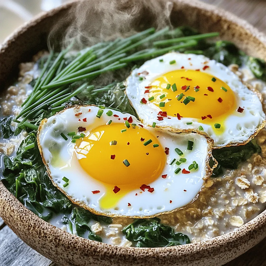 - 1 cup rolled oats - 2 cups vegetable broth - 1 cup fresh spinach, finely chopped - 2 large eggs - 1 tablespoon extra virgin olive oil - 1 garlic clove, finely minced - 1/2 teaspoon red pepper flakes (optional, for spice) - Salt and freshly ground black pepper, to taste - Fresh herbs for garnish (such as chives or parsley) When I make savory oatmeal with spinach and eggs, I choose high-quality ingredients. The rolled oats form the base, offering a hearty texture. I prefer using vegetable broth instead of water. It adds rich flavor and depth. Fresh spinach is a must. It wilts down nicely and brings vibrant color. The eggs are the star here, providing protein and creaminess. I usually opt for large eggs, fried sunny-side up. This way, the yolk runs into the oats. Extra virgin olive oil adds healthy fats and enhances the dish's taste. Garlic gives a savory punch, while red pepper flakes bring a hint of heat. I season with salt and pepper to balance the flavors. Finally, fresh herbs, like chives or parsley, give a pop of freshness and color. For the Full Recipe, check the complete cooking instructions. - Gather all ingredients: - 1 cup rolled oats - 2 cups vegetable broth - 1 cup fresh spinach, finely chopped - 2 large eggs - 1 tablespoon extra virgin olive oil - 1 garlic clove, finely minced - 1/2 teaspoon red pepper flakes (optional) - Salt and freshly ground black pepper, to taste - Fresh herbs for garnish - Prepare cooking utensils: - A medium-sized saucepan - A non-stick skillet - Measuring cups and spoons - A spoon for stirring - Start by pouring the vegetable broth into a medium saucepan. Bring it to a vigorous boil over medium heat. - Once boiling, slowly stir in the rolled oats. Then, reduce the heat to low. Let the oats simmer gently. - Cook the oats for about 5-7 minutes. Stir occasionally. You want the oats to become tender and creamy. - In a non-stick skillet, heat the olive oil over medium heat. Add the minced garlic. If you like spice, toss in the red pepper flakes. - Sauté for about 1 minute. You want the garlic fragrant, not browned. - Add the chopped spinach to the skillet. Cook for 2-3 minutes until it wilts and turns bright green. Season with salt and pepper. - Remove the skillet from heat and set the spinach aside. - In the same skillet, crack the eggs. Cook them sunny-side up, or to your liking. This takes about 3-4 minutes. - Once the oatmeal is done, spoon it into two bowls. Top each bowl with the sautéed spinach. Place a fried egg on top of each. - You can garnish with fresh herbs. Add more salt and pepper if you wish. Enjoy your meal! To make your oatmeal creamy, adjust the liquid ratios. I use two cups of vegetable broth for one cup of rolled oats. This mix gives a rich, smooth texture. If you want thicker oatmeal, add less broth. For creaminess, cook your oats for about five to seven minutes. Stir occasionally to keep them from sticking. Boost the flavor of your oatmeal with extra spices. Consider adding garlic powder, cumin, or smoked paprika. These spices can make your dish pop. You can also use different oils for sautéing. Try sesame oil or coconut oil for a unique twist. These choices add depth and richness to your meal. Choose the right dish to serve your oatmeal. A shallow bowl works best for a beautiful presentation. Pair your oatmeal with slices of avocado or fresh fruit for balance. For drinks, a cup of green tea or fresh orange juice can complement the flavors nicely. {{image_4}} You can switch out spinach for other greens like kale or Swiss chard. These greens add unique flavors and nutrients. Try adding cheese like feta or goat cheese for creaminess. Avocado is another great choice. It brings healthy fats and a smooth texture to your bowl. To make this dish vegan-friendly, replace the eggs with tofu. Scrambled tofu works great as a protein substitute. You can also cook oatmeal in the microwave. Use the same proportions of oats and broth. Microwave on high for about 2-3 minutes, stirring halfway through. This method is quick and perfect for busy mornings. Experiment with umami elements like miso or nutritional yeast. These will deepen the flavor and add a savory touch. Adjust spice levels by adding more red pepper flakes or a splash of hot sauce. You can also try spices like cumin or smoked paprika for a different kick. Each change can transform your savory oatmeal into a new dish. For the complete recipe, check out the Full Recipe section. To keep your savory oatmeal fresh, store it in an airtight container. Place it in the fridge within two hours after cooking. It should stay good for about three to five days. If you want to save it longer, you can freeze it. Just make sure to leave some space in the container for the oatmeal to expand. You can freeze it for up to three months. When reheating, the best method is to use the stove. Place the oatmeal in a pan and add a splash of vegetable broth or water. Heat it over low to medium heat, stirring often. This helps keep the texture creamy. You can also use the microwave. Just heat it in 30-second bursts, stirring in between. This way, your oatmeal won’t dry out. In the fridge, your savory oatmeal will be fresh for up to five days. If you freeze it, it can last for three months. After this time, the flavor and texture might change. Always check for any signs of spoilage, like off smells or mold, before eating. You can easily boost the health factor of this dish. Here are some tips: - Use whole grain oats instead of regular oats for more fiber. - Add more veggies, like diced tomatoes or bell peppers. They are low-cal and tasty. - Swap the eggs for egg whites if you want less fat and cholesterol. - Try different greens, like kale or Swiss chard, for variety. - Mix in seeds or nuts, such as chia seeds or walnuts, for healthy fats and crunch. These changes can make your meal even more nutritious while keeping it delicious! Yes, you can prep this recipe ahead of time. Here’s how: - Cook the oatmeal and spinach mixture first. Store them in the fridge. - Reheat the oatmeal on the stove or in the microwave. Add a splash of broth if it’s thick. - Fry the eggs fresh when you’re ready to eat. This keeps them tasty and warm. - You can prepare everything up to two days in advance. This makes it easy to enjoy a healthy breakfast on busy mornings! Here are some common mistakes and how to fix them: - Cooking the oats too long can make them mushy. Keep an eye on the timer. - Not using enough broth can lead to dry oats. Adjust the liquid for creaminess. - Overcooking the spinach can make it lose color and nutrients. Sauté it just until wilted. - Not seasoning enough can result in bland flavors. Add salt and pepper to taste. Avoiding these errors will help you make perfect savory oatmeal every time! Yes, this dish works great for meal prepping. Here are some best practices: - Store each component separately. Keep the oatmeal, spinach, and eggs in different containers. - Use airtight containers to keep everything fresh in the fridge. - Reheat the oatmeal and spinach together, but cook the eggs fresh for best taste. - Label the containers with dates to keep track of freshness. This way, you can enjoy a healthy meal anytime, without extra cooking! For the complete recipe, check out the Full Recipe section. This recipe combines rolled oats, spinach, and eggs for a tasty meal. I shared step-by-step directions to cook it perfectly. Use tips to enhance flavors and textures. Explore variations to keep things fresh and fun. Remember, it’s easy to store leftovers and reheat them well. Try different spices or greens to match your taste. If you stick to these guides, you’ll enjoy savory oatmeal again and again. Enjoy your cooking journey!