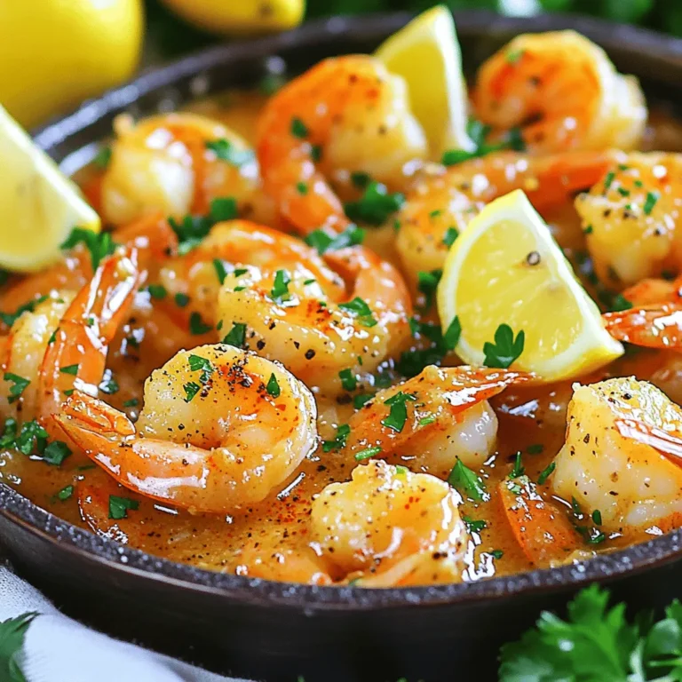 - 1 lb (450g) large shrimp, peeled and deveined - 4 tablespoons unsalted butter - 4 cloves garlic, minced - 1 tablespoon fresh lemon juice - 1 teaspoon smoked paprika - Salt and pepper, to taste - 2 tablespoons fresh parsley, finely chopped (for garnish) - Lemon wedges, for serving In this recipe, the main ingredients shine through. The shrimp offers a sweet, tender base. The unsalted butter adds richness. Garlic brings a bold flavor that makes this dish pop. For flavor, lemon juice gives a nice zing. Smoked paprika adds warmth and depth. Salt and pepper balance everything. Garnishing with parsley adds color. Lemon wedges serve as a fresh side. They brighten the dish when served. This simple garlic butter shrimp recipe is quick yet full of flavor. You can find the full recipe [here](#). Enjoy your cooking! - Start by heating a large skillet over medium heat. - Add unsalted butter and melt completely. Melted butter will create a rich base for our dish. Swirl the pan gently to coat the bottom evenly. This step sets the stage for delicious flavors. - Sauté minced garlic in melted butter for 1-2 minutes. - Ensure garlic turns golden without burning. The garlic adds a wonderful aroma. Stir it often. You want it fragrant and light golden. Burnt garlic can spoil the dish's taste, so keep an eye on it. - Add shrimp in a single layer and season with smoked paprika, salt, and pepper. - Cook for 2-3 minutes per side until shrimp are pink and opaque. Lay the shrimp flat for even cooking. The seasoning enhances the shrimp's natural flavor. Wait for them to turn pink and opaque. This shows they are cooked through. - Drizzle fresh lemon juice and toss to combine. - Transfer to serving dish and garnish with parsley. Lemon juice brightens the dish. Toss gently to mix the flavors. For a nice touch, use fresh parsley. It adds color and freshness. Serve with lemon wedges for extra zest. For the full recipe, check [Full Recipe]. To make the best garlic butter shrimp, keep the heat at medium. This step stops the garlic from burning. Burnt garlic can make the dish taste bitter. I also like using a split non-stick skillet. It makes cleaning up much easier after cooking. Want to spice things up? Add red pepper flakes for a nice kick. You can also use fresh herbs like basil or cilantro. These add a bright twist to the dish and make it even more exciting. For a stunning look, serve the shrimp on a large platter. Arrange lemon wedges on the side for color and flavor. You can also use a shallow dish for a more elegant touch. This makes the meal feel special, perfect for guests or a family dinner. Looking for the full recipe? Check out the [Full Recipe] for all the details! {{image_4}} You can switch up the shrimp in this dish. Try using scallops or chicken breast. Both options will soak up the garlic butter flavor well. For a more luxurious meal, use cooked lobster or crab. These seafood choices add a rich taste and make the dish feel special. Not a fan of shrimp? No problem! Replace shrimp with roasted vegetables, like bell peppers or zucchini. Tofu is another great choice. It absorbs the garlic butter sauce nicely. You can also create a garlic butter sauce for pasta. This adds a hearty twist to your meal. Want to amp up the flavor? Consider adding white wine. It brings depth and a touch of acidity to the sauce. If you prefer a creamier sauce, stir in some heavy cream. This will make the dish richer and more satisfying. Enjoy playing with these variations to find your perfect taste! Store any leftover garlic butter shrimp in an airtight container. This keeps them fresh and tasty. For the best flavor, eat them within 2 days. When you reheat shrimp, do it gently over low heat. This way, the shrimp won’t become rubbery. To keep them moist, add a splash of water or broth while reheating. If you want to freeze the shrimp, lay them in a single layer on a baking sheet. Once they freeze, move them to a freezer bag. For the best taste, use them within 1 month. You can find the full recipe for garlic butter shrimp above. Enjoy cooking! You know shrimp is cooked when it turns pink and opaque. It should feel firm when you touch it. Cooking shrimp too long can make it tough, so watch it closely. The color change is your best guide. Yes, you can use frozen shrimp. Just make sure to thaw them before you start cooking. Thawing helps them cook evenly and taste better. You can thaw shrimp overnight in the fridge or quickly under cold water. Garlic butter shrimp pairs well with many sides. You can serve it with rice, pasta, or crusty bread. These options soak up the tasty garlic butter sauce. They make your meal more filling and delicious. Yes, this dish is gluten-free. All the ingredients in the recipe are naturally free from gluten. You can enjoy this meal worry-free if you have gluten sensitivities. Feel free to add your favorite gluten-free sides! In this blog post, we explored how to create simple garlic butter shrimp. We covered the key ingredients, step-by-step instructions, and tips to perfect your dish. You can also experiment with variations and storage tips to enjoy your shrimp longer. Remember, you can easily swap proteins or make it vegetarian. This dish not only tastes great but also makes a lovely presentation. Enjoy your delicious shrimp with friends or family, and don’t forget to soak up that tasty sauce!