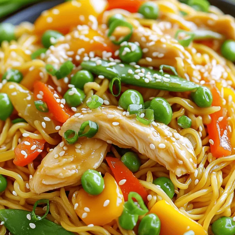 - 8 oz noodles (rice noodles or egg noodles) - 1 lb boneless, skinless chicken breast, thinly sliced - 2 cups mixed vegetables (bell peppers, carrots, snap peas, etc.) - 3 tablespoons soy sauce (low sodium) - 1 tablespoon oyster sauce - 1 tablespoon hoisin sauce - 1 teaspoon sesame oil - 2 green onions, thinly sliced - Toasted sesame seeds - Bring a large pot of salted water to a boil. - Add the noodles and cook until al dente, following package instructions. - Drain the noodles and toss them with a little oil to keep them from sticking. - Heat vegetable oil in a large skillet over medium-high heat. - Add thinly sliced chicken to the skillet and stir-fry until cooked through. - Once done, remove the chicken from the skillet and set it aside. - In the same skillet, add mixed vegetables, minced garlic, and grated ginger. - Stir-fry the mixture until the vegetables are tender but still crisp. - Be sure to stir constantly to avoid burning the garlic. - Return the cooked chicken to the skillet with the vegetables. - Add the drained noodles into the pan, mixing all components together. - Drizzle in soy sauce, oyster sauce, hoisin sauce, and sesame oil. - Toss everything together until the noodles and chicken are well coated. - Heat the stir-fry for about 2 minutes to warm through. - Gently fold in the sliced green onions for added flavor and crunch. - Serve the stir-fry noodles on plates or in bowls. - Top with toasted sesame seeds for a nice finish. Enjoy this recipe for a quick and tasty meal! For the full recipe, check [Full Recipe]. When choosing noodles, you can pick between rice noodles and egg noodles. Rice noodles are light and soak up sauce well. They are perfect for a gluten-free option. Egg noodles add a nice chew and richness. They hold up well in stir-fries. *Cooking tips for different types:* - Rice Noodles: Soak in hot water for 10 minutes. Drain and rinse before use. - Egg Noodles: Boil for 3-5 minutes until al dente. Drain and toss with oil. Stir-frying is all about high heat. Use a wok or large skillet for best results. Preheat the pan until it's hot. This helps cook the chicken quickly. It also gives the veggies a nice crunch. *Avoiding overcooking vegetables:* - Cook vegetables for only 3-4 minutes. They should stay crisp and colorful. Stir constantly to prevent burning. Spices and herbs can really boost flavor. Consider adding garlic, ginger, or a pinch of chili flakes. Each adds a unique taste. *Balancing sweetness and saltiness:* - Use soy sauce for saltiness. - Hoisin sauce brings sweetness. - Taste as you go to find the right mix. Try these tips to elevate your 15-Minute Chicken Stir Fry Noodles. For more details, check the Full Recipe. {{image_4}} You can change the protein in this dish easily. Shrimp or tofu work great. Shrimp cooks fast and adds a nice flavor. Tofu gives a hearty texture and absorbs sauces well. Just cut the tofu into cubes and stir-fry it like chicken. If you want beef, thinly slice flank steak. Cook it for a few minutes until brown. Each protein adds its own unique taste. Mix up the veggies to fit the season. Try broccoli, zucchini, or snap peas for crunch. Seasonal veggies taste fresh and vibrant. You can also add leafy greens like spinach or bok choy. Just toss them in at the end. They will wilt slightly but still stay green and tasty. For gluten-free needs, use rice noodles instead of egg noodles. They cook fast and taste great. Check the sauce labels too. Some soy sauces contain gluten. Look for gluten-free soy sauce or tamari. This way, everyone can enjoy your 15-Minute Chicken Stir Fry Noodles Delight without worry. For gluten-free needs, make sure to check ingredients in the [Full Recipe]. Store your chicken stir fry noodles in an airtight container. Make sure to let them cool before sealing. These noodles stay fresh in the fridge for up to three days. After that, they may lose flavor and texture. The best way to reheat is in a skillet over medium heat. Add a splash of water or broth to help steam the noodles. This keeps them moist and tasty. Avoid using the microwave, as it can make the noodles soggy. You can freeze the chicken stir fry noodles for up to three months. Use freezer-safe bags or containers for storage. When ready to eat, thaw them overnight in the fridge. Then, reheat in a skillet, adding a bit of water to keep them from drying out. Yes, you can easily make this dish vegetarian. Just swap the chicken with plant-based options like tofu or tempeh. Both options hold flavor well and cook nicely in the stir fry. Simply cut them into bite-sized pieces and follow the same cooking steps for chicken. You can also use seitan or chickpeas for added protein. This gives you a filling meal while keeping it meat-free. If you want to add heat, there are several simple ways. You can add sliced fresh chilies or a pinch of red pepper flakes while you cook. Another option is to drizzle some chili oil over the dish just before serving. Sriracha sauce is also a popular choice. Mix it in with the sauces for a spicy kick. Adjust the level of heat to your taste. This stir fry pairs well with a few simple side dishes. Steamed rice is a classic choice, balancing the flavors of the noodles. You could also serve a fresh cucumber salad for a crunchy contrast. For a heartier option, try some egg rolls or spring rolls. These add a nice crunch and complement the stir fry well. In this post, we explored how to make a tasty stir-fry dish. We covered main ingredients like chicken, noodles, and mixed veggies, along with flavorful sauces. You learned the step-by-step process for cooking and mixing the components. Additionally, I shared tips on selecting the right noodles and how to enhance flavors. Remember, you can adapt this recipe with different proteins or vegetables. Enjoy your cooking and have fun experimenting with flavor combinations!