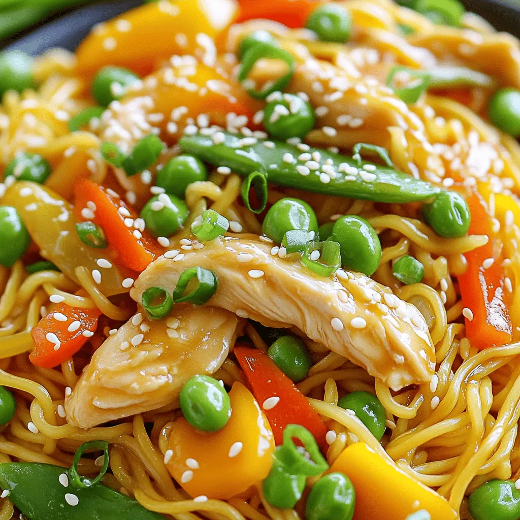 - 8 oz noodles (rice noodles or egg noodles) - 1 lb boneless, skinless chicken breast, thinly sliced - 2 cups mixed vegetables (bell peppers, carrots, snap peas, etc.) - 3 tablespoons soy sauce (low sodium) - 1 tablespoon oyster sauce - 1 tablespoon hoisin sauce - 1 teaspoon sesame oil - 2 green onions, thinly sliced - Toasted sesame seeds - Bring a large pot of salted water to a boil. - Add the noodles and cook until al dente, following package instructions. - Drain the noodles and toss them with a little oil to keep them from sticking. - Heat vegetable oil in a large skillet over medium-high heat. - Add thinly sliced chicken to the skillet and stir-fry until cooked through. - Once done, remove the chicken from the skillet and set it aside. - In the same skillet, add mixed vegetables, minced garlic, and grated ginger. - Stir-fry the mixture until the vegetables are tender but still crisp. - Be sure to stir constantly to avoid burning the garlic. - Return the cooked chicken to the skillet with the vegetables. - Add the drained noodles into the pan, mixing all components together. - Drizzle in soy sauce, oyster sauce, hoisin sauce, and sesame oil. - Toss everything together until the noodles and chicken are well coated. - Heat the stir-fry for about 2 minutes to warm through. - Gently fold in the sliced green onions for added flavor and crunch. - Serve the stir-fry noodles on plates or in bowls. - Top with toasted sesame seeds for a nice finish. Enjoy this recipe for a quick and tasty meal! For the full recipe, check [Full Recipe]. When choosing noodles, you can pick between rice noodles and egg noodles. Rice noodles are light and soak up sauce well. They are perfect for a gluten-free option. Egg noodles add a nice chew and richness. They hold up well in stir-fries. *Cooking tips for different types:* - Rice Noodles: Soak in hot water for 10 minutes. Drain and rinse before use. - Egg Noodles: Boil for 3-5 minutes until al dente. Drain and toss with oil. Stir-frying is all about high heat. Use a wok or large skillet for best results. Preheat the pan until it's hot. This helps cook the chicken quickly. It also gives the veggies a nice crunch. *Avoiding overcooking vegetables:* - Cook vegetables for only 3-4 minutes. They should stay crisp and colorful. Stir constantly to prevent burning. Spices and herbs can really boost flavor. Consider adding garlic, ginger, or a pinch of chili flakes. Each adds a unique taste. *Balancing sweetness and saltiness:* - Use soy sauce for saltiness. - Hoisin sauce brings sweetness. - Taste as you go to find the right mix. Try these tips to elevate your 15-Minute Chicken Stir Fry Noodles. For more details, check the Full Recipe. {{image_4}} You can change the protein in this dish easily. Shrimp or tofu work great. Shrimp cooks fast and adds a nice flavor. Tofu gives a hearty texture and absorbs sauces well. Just cut the tofu into cubes and stir-fry it like chicken. If you want beef, thinly slice flank steak. Cook it for a few minutes until brown. Each protein adds its own unique taste. Mix up the veggies to fit the season. Try broccoli, zucchini, or snap peas for crunch. Seasonal veggies taste fresh and vibrant. You can also add leafy greens like spinach or bok choy. Just toss them in at the end. They will wilt slightly but still stay green and tasty. For gluten-free needs, use rice noodles instead of egg noodles. They cook fast and taste great. Check the sauce labels too. Some soy sauces contain gluten. Look for gluten-free soy sauce or tamari. This way, everyone can enjoy your 15-Minute Chicken Stir Fry Noodles Delight without worry. For gluten-free needs, make sure to check ingredients in the [Full Recipe]. Store your chicken stir fry noodles in an airtight container. Make sure to let them cool before sealing. These noodles stay fresh in the fridge for up to three days. After that, they may lose flavor and texture. The best way to reheat is in a skillet over medium heat. Add a splash of water or broth to help steam the noodles. This keeps them moist and tasty. Avoid using the microwave, as it can make the noodles soggy. You can freeze the chicken stir fry noodles for up to three months. Use freezer-safe bags or containers for storage. When ready to eat, thaw them overnight in the fridge. Then, reheat in a skillet, adding a bit of water to keep them from drying out. Yes, you can easily make this dish vegetarian. Just swap the chicken with plant-based options like tofu or tempeh. Both options hold flavor well and cook nicely in the stir fry. Simply cut them into bite-sized pieces and follow the same cooking steps for chicken. You can also use seitan or chickpeas for added protein. This gives you a filling meal while keeping it meat-free. If you want to add heat, there are several simple ways. You can add sliced fresh chilies or a pinch of red pepper flakes while you cook. Another option is to drizzle some chili oil over the dish just before serving. Sriracha sauce is also a popular choice. Mix it in with the sauces for a spicy kick. Adjust the level of heat to your taste. This stir fry pairs well with a few simple side dishes. Steamed rice is a classic choice, balancing the flavors of the noodles. You could also serve a fresh cucumber salad for a crunchy contrast. For a heartier option, try some egg rolls or spring rolls. These add a nice crunch and complement the stir fry well. In this post, we explored how to make a tasty stir-fry dish. We covered main ingredients like chicken, noodles, and mixed veggies, along with flavorful sauces. You learned the step-by-step process for cooking and mixing the components. Additionally, I shared tips on selecting the right noodles and how to enhance flavors. Remember, you can adapt this recipe with different proteins or vegetables. Enjoy your cooking and have fun experimenting with flavor combinations!