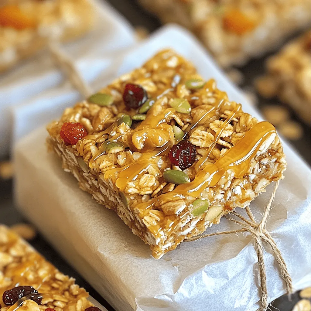 To make delicious homemade granola bars, gather these key ingredients: - 2 cups rolled oats - 1 cup mixed nuts (such as almonds, walnuts, and pecans), coarsely chopped - 1/2 cup sunflower seeds - 1/2 cup honey or maple syrup - 1/4 cup nut butter (peanut or almond) - 1/2 cup dried fruits (cranberries, apricots, or raisins) - 1 teaspoon vanilla extract - 1/2 teaspoon ground cinnamon - A pinch of salt Rolled oats serve as the base for your bars. They provide fiber and energy. Choose old-fashioned rolled oats for the best texture. Mixed nuts and seeds add a crunch and healthy fats. Use your favorite nuts. They bring flavor and nutrients. Sweeteners and nut butter bind the bars together. Honey or maple syrup adds sweetness. Nut butter gives creaminess and flavor. Dried fruits add natural sweetness and chewiness. Cranberries, apricots, or raisins work well. You can mix them based on your taste. These ingredients come together to create tasty granola bars. You can customize them with different nuts or fruits. Check the Full Recipe for exact measurements and steps! 1. Preheat your oven. Start by setting your oven to 350°F (175°C). This step helps the granola bars bake evenly. 2. Prepare your baking dish. Line an 8x8 inch baking dish with parchment paper. Leave some paper hanging over the edges. This will help you lift the bars out later. 3. Mix the dry ingredients. In a large bowl, combine 2 cups of rolled oats, 1 cup of mixed nuts, and 1/2 cup of sunflower seeds. Add 1/2 cup of dried fruits, 1 teaspoon of ground cinnamon, and a pinch of salt. Stir well to mix everything. 4. Combine the wet ingredients. In a small saucepan, mix 1/2 cup of honey and 1/4 cup of nut butter over low heat. Stir until it melts and is smooth. Remove from heat and add 1 teaspoon of vanilla extract. 5. Pour the mixture. Carefully pour the melted honey and nut butter over the dry ingredients in the bowl. Stir gently until all the dry ingredients are coated. 6. Press the mixture. Transfer the mixture into your lined baking dish. Use a spatula or your hands to press it down firmly. Make sure it is even and tightly packed. 7. Bake the bars. Place the dish in your preheated oven. Bake for 20-25 minutes, or until the edges are light golden brown. 8. Cool and cut. After baking, take the dish out and let it cool for about 1 hour. Once cool, use the parchment paper to lift the granola out. Slice into bars or squares. 9. Store your bars. Keep the granola bars in an airtight container at room temperature for up to a week. You can also refrigerate them for longer freshness. These steps will help you create delicious homemade granola bars. For the full recipe, refer to the instructions above. Enjoy your healthy snack! To make the best granola bars, pay close attention to your ingredient ratios. Each ingredient plays a key role. The oats give structure, while nuts add crunch. Sweeteners help bind everything together. Use the right mix for the best texture and taste. Next, pressing the mixture tightly is crucial. When you combine the dry and wet ingredients, use your hands or a spatula to pack it down firmly. This helps the bars hold their shape after baking. If you don't press it enough, your bars may crumble. While baking, keep an eye on the time and temperature. Bake at 350°F (175°C) for 20-25 minutes. The edges should turn golden brown. If you bake them for too long, they can get hard. If you're unsure, take them out when they look slightly underdone. They will firm up as they cool. For the full recipe, check the recipe section. Enjoy crafting your perfect homemade granola bars! {{image_4}} You can easily change this recipe to fit your needs. Here are some fun ideas: - Vegan alternatives for sweeteners and nut butter: If you want a vegan version, use maple syrup instead of honey. Choose almond or cashew butter for your nut butter. Both options work well and taste great! - Gluten-free options and ingredient substitutes: For gluten-free bars, make sure to use certified gluten-free rolled oats. You can swap out nuts or seeds for your favorites. Sunflower seeds or pumpkin seeds add a nice crunch. - Flavor variations: adding spices or chocolate: Want to spice things up? Add cinnamon or nutmeg for warmth. You can also fold in dark chocolate chips or cacao nibs for a sweet touch. These small changes can make your granola bars unique and tasty. Remember, these variations allow you to enjoy flavors that you love. You can mix and match to create your perfect granola bar. The Full Recipe serves as a great base for all these fun ideas! To keep your homemade granola bars fresh, use an airtight container. This method prevents air and moisture from ruining the bars. - Room Temperature: You can store them at room temperature for up to one week. Just make sure to keep them in a cool, dry place. - Refrigerated: If you want them to last longer, refrigerate them. This can extend their shelf life to about two weeks. If you plan to keep them for even longer, freezing is a great option. - Freezing Tips: Wrap each bar in plastic wrap or parchment paper, then place them in a freezer-safe bag. This way, they stay fresh for up to three months. Just thaw them in the fridge when you're ready to enjoy. By following these tips, you can savor your nutty delight granola bars any time! For the full recipe, check out the detailed instructions above. Can I make granola bars without nut butter? Yes, you can. If you want to skip nut butter, use mashed bananas or unsweetened applesauce. These options add moisture and help bind the mixture together. You can also use seed butter, like sunflower or pumpkin seed butter, for a nut-free choice. What are some alternatives to honey in granola bars? Maple syrup is a great substitute for honey. Other options include agave nectar, brown rice syrup, or even date syrup. Each sweetener has its unique flavor, so feel free to experiment with what you like best. How can I adjust the recipe for dietary restrictions? For gluten-free bars, choose certified gluten-free oats and seeds. If you're vegan, use maple syrup instead of honey and a plant-based butter. You can also replace any nuts with seeds if you have nut allergies. Just make sure to keep the ratios similar in the recipe. For the full recipe, check out the Nutty Delight Granola Bars section above. Homemade granola bars are simple and fun to make. You need basic ingredients like oats, nuts, and dried fruits. Follow the easy steps for a tasty treat. Remember to adjust ratios and press the mixture well for the best result. Feel free to experiment with vegan options and unique flavors. Store your bars properly to keep them fresh. With these tips, you can enjoy delicious, healthy snacks anytime. Get creative and share your own spin on this recipe!