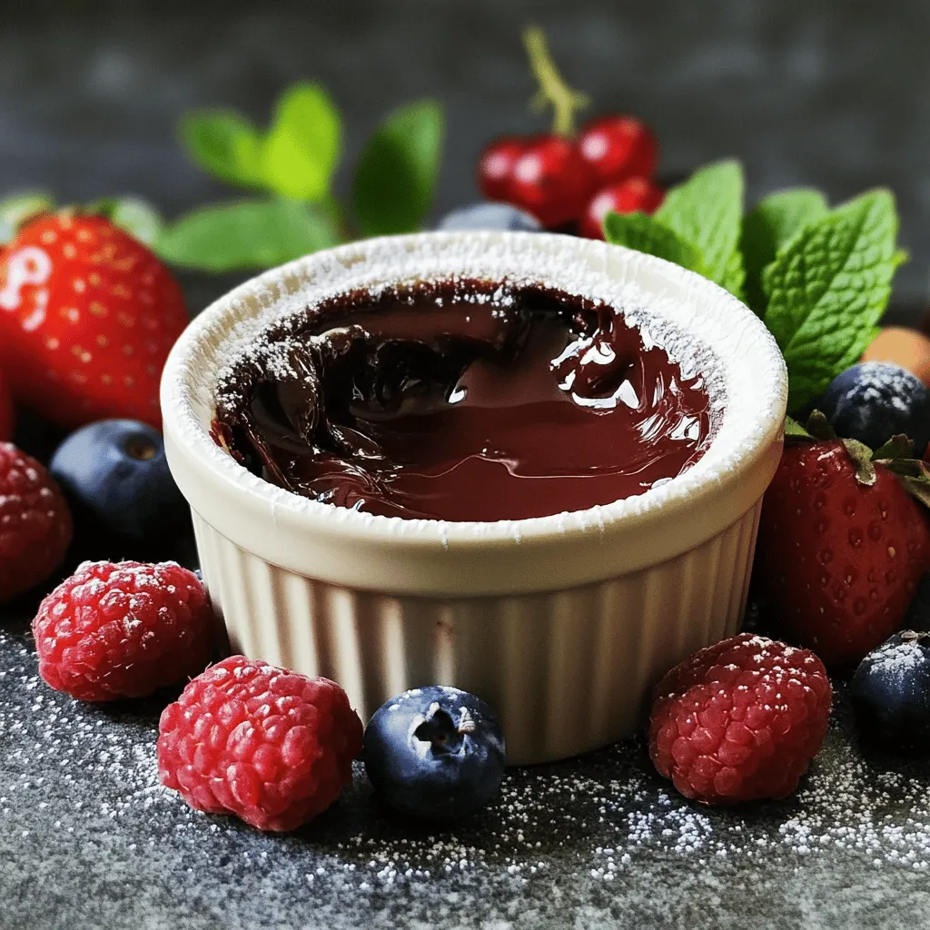 - ½ cup unsalted butter - 1 cup high-quality dark chocolate (70% cocoa or higher), chopped into small pieces - 2 large eggs - 2 large egg yolks - ½ cup granulated sugar - ¼ cup all-purpose flour - 1 teaspoon pure vanilla extract - Pinch of salt - Optional garnishes The key to a great chocolate lava cake is using high-quality ingredients. The unsalted butter adds richness, while dark chocolate gives that deep flavor. I always use chocolate with at least 70% cocoa for the best results. Eggs and egg yolks add moisture and help create a soft center. Granulated sugar sweetens the mix, while flour gives structure. The vanilla extract adds a nice warmth to the flavor. A pinch of salt enhances all these tastes. You can also add garnishes, like powdered sugar, fresh berries, or mint leaves, for a lovely touch. Each ingredient plays a role in making this dessert truly special. For the full recipe, refer to the detailed instructions above. 1. Start by preheating your oven to 425°F (220°C). 2. Prepare four 6oz ramekins by greasing them with unsalted butter. 3. Lightly dust the ramekins with cocoa powder or flour. 4. Make sure to tap out any excess to prevent sticking. 5. In a medium heatproof bowl, place chopped dark chocolate and unsalted butter. 6. Melt the mixture gently over a double boiler or in the microwave. 7. Heat in 30-second intervals, stirring each time until smooth. 8. Allow it to cool for a few minutes after melting. 1. In a separate mixing bowl, whisk together eggs, egg yolks, and granulated sugar. 2. Whisk until thickened and light in color, about 2-3 minutes. 3. Pour the slightly cooled chocolate mixture into the egg mixture. 4. Stir gently until fully combined and smooth. 5. Using a spatula, fold in the flour, vanilla extract, and a pinch of salt. 6. Mix just until incorporated to keep the batter light. 1. Evenly divide the batter among the prepared ramekins. 2. Fill each ramekin about three-quarters full to allow for rising. 3. Place the filled ramekins on a baking sheet for easier handling. 4. Bake in the preheated oven for 12-14 minutes. 5. Check for doneness; edges should be set, centers soft and wobbly. 6. Remove the ramekins from the oven and cool for about 1 minute. 7. Run a knife around the edges of each ramekin to loosen the cakes. 8. Invert onto serving plates and lift off the ramekin carefully. 9. Dust with powdered sugar and add fresh berries and mint leaves if desired. For the full recipe, please refer to the provided information. - Overmixing the batter: Mix gently. If you overmix, the cake will not rise well. It may turn out dense and heavy. Keep the batter light by mixing just until combined. - Incorrect oven temperature: Always preheat the oven. If the oven is too hot or too cold, it affects baking. Use an oven thermometer to check the right temperature. This ensures perfect baking every time. - Dusting with powdered sugar: After baking, sprinkle powdered sugar over the cakes. This adds a lovely touch. It also enhances the dessert's visual appeal. - Choosing complementary garnishes: Fresh berries like raspberries or strawberries work great. They add color and flavor. You can also use mint leaves for a fresh look. Serve the cakes warm for the best effect. A scoop of vanilla ice cream beside it makes it even better. {{image_4}} You can make chocolate lava cake even better with some fun flavors. One great idea is to infuse the batter with espresso or coffee. Just add a shot of strong espresso or a teaspoon of instant coffee to the melted chocolate mixture. This gives the cake a rich, deep flavor that pairs well with the chocolate. Another option is to add liqueurs for extra richness. A splash of orange liqueur or raspberry liqueur can brighten the flavors. Use about one tablespoon in the chocolate mix and stir well. These small tweaks can take your dessert to the next level! If you or your guests have dietary needs, don't worry! You can easily make gluten-free adjustments. Instead of all-purpose flour, try using almond flour or a gluten-free flour blend. This swap will keep the texture light and fluffy while making it safe for those avoiding gluten. For vegan alternatives, replace eggs with a flaxseed mixture. Mix one tablespoon of ground flaxseed with three tablespoons of water and let it sit for a few minutes until it thickens. Use this in place of eggs. You can also swap the butter for coconut oil and use vegan chocolate. These changes will give you a delicious dessert that everyone can enjoy. You can find the full recipe that includes these variations and more! - In the refrigerator: After enjoying your chocolate lava cake, store leftovers in the fridge. Place them in an airtight container. They will stay fresh for up to three days. This helps keep the texture nice. - Freezing procedures: To freeze, let the cakes cool completely. Wrap each ramekin tightly in plastic wrap. Place them in a freezer-safe bag or container. They can last up to two months in the freezer. Just remember to label them with the date. - Best methods for restoring gooeyness: To reheat, use your oven for the best results. Preheat it to 350°F (175°C). Place the ramekin on a baking sheet. Heat for about 10-12 minutes. This warms the cake and keeps the center soft. Alternatively, you can microwave the cake. Heat on low power for about 30-40 seconds. Check often to avoid overcooking. Enjoy your warm, gooey dessert! You can tell your lava cake is done by checking the edges. They should look set. The center should still wobble a bit when you gently shake the ramekin. If it looks too firm, it may be overbaked. Aim for a baking time of 12-14 minutes. This timing gives you that perfect gooey center. Yes, you can make the batter ahead of time. Prepare it and fill the ramekins, then cover them. Place them in the fridge for up to 24 hours. Just remember to add a few extra minutes to the baking time if they’re cold. This way, you can have your dessert ready with less hassle. Serve your lava cake warm for the best taste. Invert it onto a plate carefully, so the molten center flows out. Dust with powdered sugar for a nice touch. You can also add fresh berries and mint leaves for color. A scoop of vanilla ice cream on the side pairs well with the warm cake. These details make your dessert look and taste amazing. For the full recipe, check the earlier section. To make a great chocolate lava cake, use simple ingredients like butter and dark chocolate. Follow straightforward steps to prepare, mix, and bake your cake to perfection. Remember to avoid common mistakes, enhance the dish with presentation tips, and explore fun variations. Store any leftovers properly and reheat them for that delicious gooey center. With these insights, you can impress anyone with a tasty dessert. Enjoy baking!