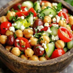 - 1 can (15 oz) chickpeas, thoroughly rinsed and drained - 2 tablespoons extra-virgin olive oil - 1 teaspoon dried oregano - Salt and black pepper to taste - 1 cup cherry tomatoes, halved - 1 crisp cucumber, diced - 1 red bell pepper, diced - 1/4 medium red onion, finely chopped - 2 tablespoons fresh parsley, finely chopped - Juice of 1 lemon, fresh squeezed - 1/2 cup Kalamata olives, pitted and halved - 1/4 cup feta cheese, crumbled This salad is vibrant and fresh. You get great flavor from simple items. The chickpeas are the star, providing protein and fiber. Olive oil adds richness, while the lemon juice brings a bright zing. Each fresh ingredient adds its own unique taste. The cherry tomatoes burst with sweetness. The cucumber gives a nice crunch. Red bell pepper adds a sweet, crisp bite. The red onion offers a mild kick. Fresh parsley gives color and a hint of earthiness. Kalamata olives add a salty, briny touch. Feta cheese brings creaminess that balances the other flavors. You can find the full recipe for more details on how to put it all together. Start by combining the chickpeas, cherry tomatoes, cucumber, red bell pepper, red onion, and Kalamata olives in a large mixing bowl. This mix creates a colorful and hearty base for your salad. Chickpeas add protein, while the veggies bring crunch and flavor. Each ingredient plays a role in making this salad fresh and vibrant. In a separate small bowl, whisk together the olive oil, lemon juice, oregano, salt, and pepper. This dressing adds a zesty and aromatic touch to the salad. The lemon juice gives brightness, while the olive oil adds richness. Blend these until they are well combined. A good dressing brings all the ingredients together. Drizzle the dressing over the salad base. Combine the ingredients gently until everything is well coated. Be careful not to mash the veggies. Next, add the crumbled feta cheese and chopped parsley. Mix lightly again to keep the feta intact. This final step adds creaminess and a burst of fresh taste. Taste the salad and adjust the seasoning as needed. If you want more zing, add extra lemon juice or a dash of olive oil. Let the salad rest for at least 15 minutes at room temperature. This resting time helps the flavors meld beautifully. You can find the Full Recipe for more details. Let the salad rest for 15 minutes. This allows the flavors to blend well. You will taste the difference. Adjust the taste with more lemon juice or olive oil. A little more acidity can brighten the dish. Serve the salad in a large bowl for sharing. This gives a welcoming feel. For a fancy touch, plate it in individual bowls. Garnish with fresh parsley and a lemon wedge. This adds color and makes the dish pop. You can also drizzle balsamic glaze over it for extra flair. For the Full Recipe, check the section above. {{image_4}} You can swap out olives and feta cheese for different flavors. If you don’t like olives, try sun-dried tomatoes or roasted red peppers. Instead of feta, use creamy avocado or a vegan cheese. These swaps keep the salad fresh and tasty. Adding extra veggies makes your salad even better. Consider chopped carrots, radishes, or spinach. You can also add proteins like grilled chicken or chickpea patties. This change makes the salad heartier and more filling. Herbs and spices can change the whole taste. Instead of oregano, try basil or dill. These fresh flavors add excitement to your dish. A pinch of cumin or smoked paprika can also bring warmth and depth. To create a vegan version, simply skip the feta cheese. You can use nutritional yeast to give a cheesy flavor. Add more lemon juice for zest and brightness. This way, everyone can enjoy the salad. For the Full Recipe, check the previous section. To keep your Mediterranean Chickpea Salad fresh, store it in the fridge. Use an airtight container. This helps keep the flavors intact. You can enjoy the salad for up to three days when stored properly. If you want to save your salad for longer, freezing is an option. However, keep in mind that some veggies may lose their crunch after thawing. To freeze, place the salad in a freezer-safe bag. Remove all air before sealing. When ready to eat, thaw it overnight in the fridge. Reheat gently in a pan if you prefer it warm, but I recommend enjoying it cold for the best taste. Yes, you can make this salad ahead of time. It keeps well in the fridge. I suggest preparing it a few hours before you plan to serve it. The flavors will blend nicely as it chills. Just remember to add the feta just before serving to keep it fresh. This salad pairs well with grilled chicken or fish. You can also serve it with pita bread or hummus for a fuller meal. If you want something light, try it with a side of roasted veggies. Yes, this salad is very healthy. Chickpeas are high in protein and fiber. The veggies provide vitamins and minerals. Olive oil adds healthy fats, while feta cheese gives a bit of calcium. This mix makes it a balanced dish. To make it gluten-free, you can enjoy it as is. For a dairy-free version, skip the feta or use a dairy-free cheese. If you need low-sodium options, rinse the chickpeas well and use low-sodium olives. You can find the Full Recipe for Mediterranean Chickpea Salad with a Zesty Twist above. It includes all the steps and tips to make this delicious dish. This Mediterranean Chickpea Salad is simple, healthy, and full of fresh flavors. We explored essential pantry items, fresh produce, and tasty extras. I shared how to prepare the salad base, create a zesty dressing, and serve it well. I hope the tips on variations and storage help you enjoy this dish longer. Remember, you can make it your own by adding different ingredients or adjusting flavors. Enjoy making this salad a staple in your meals. It’s a delightful way to eat fresh and stay healthy!