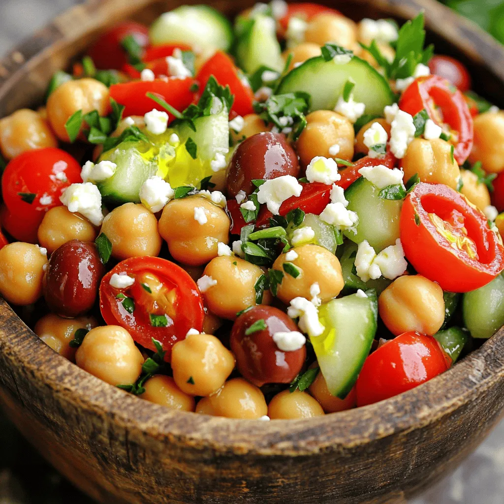 - 1 can (15 oz) chickpeas, thoroughly rinsed and drained - 2 tablespoons extra-virgin olive oil - 1 teaspoon dried oregano - Salt and black pepper to taste - 1 cup cherry tomatoes, halved - 1 crisp cucumber, diced - 1 red bell pepper, diced - 1/4 medium red onion, finely chopped - 2 tablespoons fresh parsley, finely chopped - Juice of 1 lemon, fresh squeezed - 1/2 cup Kalamata olives, pitted and halved - 1/4 cup feta cheese, crumbled This salad is vibrant and fresh. You get great flavor from simple items. The chickpeas are the star, providing protein and fiber. Olive oil adds richness, while the lemon juice brings a bright zing. Each fresh ingredient adds its own unique taste. The cherry tomatoes burst with sweetness. The cucumber gives a nice crunch. Red bell pepper adds a sweet, crisp bite. The red onion offers a mild kick. Fresh parsley gives color and a hint of earthiness. Kalamata olives add a salty, briny touch. Feta cheese brings creaminess that balances the other flavors. You can find the full recipe for more details on how to put it all together. Start by combining the chickpeas, cherry tomatoes, cucumber, red bell pepper, red onion, and Kalamata olives in a large mixing bowl. This mix creates a colorful and hearty base for your salad. Chickpeas add protein, while the veggies bring crunch and flavor. Each ingredient plays a role in making this salad fresh and vibrant. In a separate small bowl, whisk together the olive oil, lemon juice, oregano, salt, and pepper. This dressing adds a zesty and aromatic touch to the salad. The lemon juice gives brightness, while the olive oil adds richness. Blend these until they are well combined. A good dressing brings all the ingredients together. Drizzle the dressing over the salad base. Combine the ingredients gently until everything is well coated. Be careful not to mash the veggies. Next, add the crumbled feta cheese and chopped parsley. Mix lightly again to keep the feta intact. This final step adds creaminess and a burst of fresh taste. Taste the salad and adjust the seasoning as needed. If you want more zing, add extra lemon juice or a dash of olive oil. Let the salad rest for at least 15 minutes at room temperature. This resting time helps the flavors meld beautifully. You can find the Full Recipe for more details. Let the salad rest for 15 minutes. This allows the flavors to blend well. You will taste the difference. Adjust the taste with more lemon juice or olive oil. A little more acidity can brighten the dish. Serve the salad in a large bowl for sharing. This gives a welcoming feel. For a fancy touch, plate it in individual bowls. Garnish with fresh parsley and a lemon wedge. This adds color and makes the dish pop. You can also drizzle balsamic glaze over it for extra flair. For the Full Recipe, check the section above. {{image_4}} You can swap out olives and feta cheese for different flavors. If you don’t like olives, try sun-dried tomatoes or roasted red peppers. Instead of feta, use creamy avocado or a vegan cheese. These swaps keep the salad fresh and tasty. Adding extra veggies makes your salad even better. Consider chopped carrots, radishes, or spinach. You can also add proteins like grilled chicken or chickpea patties. This change makes the salad heartier and more filling. Herbs and spices can change the whole taste. Instead of oregano, try basil or dill. These fresh flavors add excitement to your dish. A pinch of cumin or smoked paprika can also bring warmth and depth. To create a vegan version, simply skip the feta cheese. You can use nutritional yeast to give a cheesy flavor. Add more lemon juice for zest and brightness. This way, everyone can enjoy the salad. For the Full Recipe, check the previous section. To keep your Mediterranean Chickpea Salad fresh, store it in the fridge. Use an airtight container. This helps keep the flavors intact. You can enjoy the salad for up to three days when stored properly. If you want to save your salad for longer, freezing is an option. However, keep in mind that some veggies may lose their crunch after thawing. To freeze, place the salad in a freezer-safe bag. Remove all air before sealing. When ready to eat, thaw it overnight in the fridge. Reheat gently in a pan if you prefer it warm, but I recommend enjoying it cold for the best taste. Yes, you can make this salad ahead of time. It keeps well in the fridge. I suggest preparing it a few hours before you plan to serve it. The flavors will blend nicely as it chills. Just remember to add the feta just before serving to keep it fresh. This salad pairs well with grilled chicken or fish. You can also serve it with pita bread or hummus for a fuller meal. If you want something light, try it with a side of roasted veggies. Yes, this salad is very healthy. Chickpeas are high in protein and fiber. The veggies provide vitamins and minerals. Olive oil adds healthy fats, while feta cheese gives a bit of calcium. This mix makes it a balanced dish. To make it gluten-free, you can enjoy it as is. For a dairy-free version, skip the feta or use a dairy-free cheese. If you need low-sodium options, rinse the chickpeas well and use low-sodium olives. You can find the Full Recipe for Mediterranean Chickpea Salad with a Zesty Twist above. It includes all the steps and tips to make this delicious dish. This Mediterranean Chickpea Salad is simple, healthy, and full of fresh flavors. We explored essential pantry items, fresh produce, and tasty extras. I shared how to prepare the salad base, create a zesty dressing, and serve it well. I hope the tips on variations and storage help you enjoy this dish longer. Remember, you can make it your own by adding different ingredients or adjusting flavors. Enjoy making this salad a staple in your meals. It’s a delightful way to eat fresh and stay healthy!