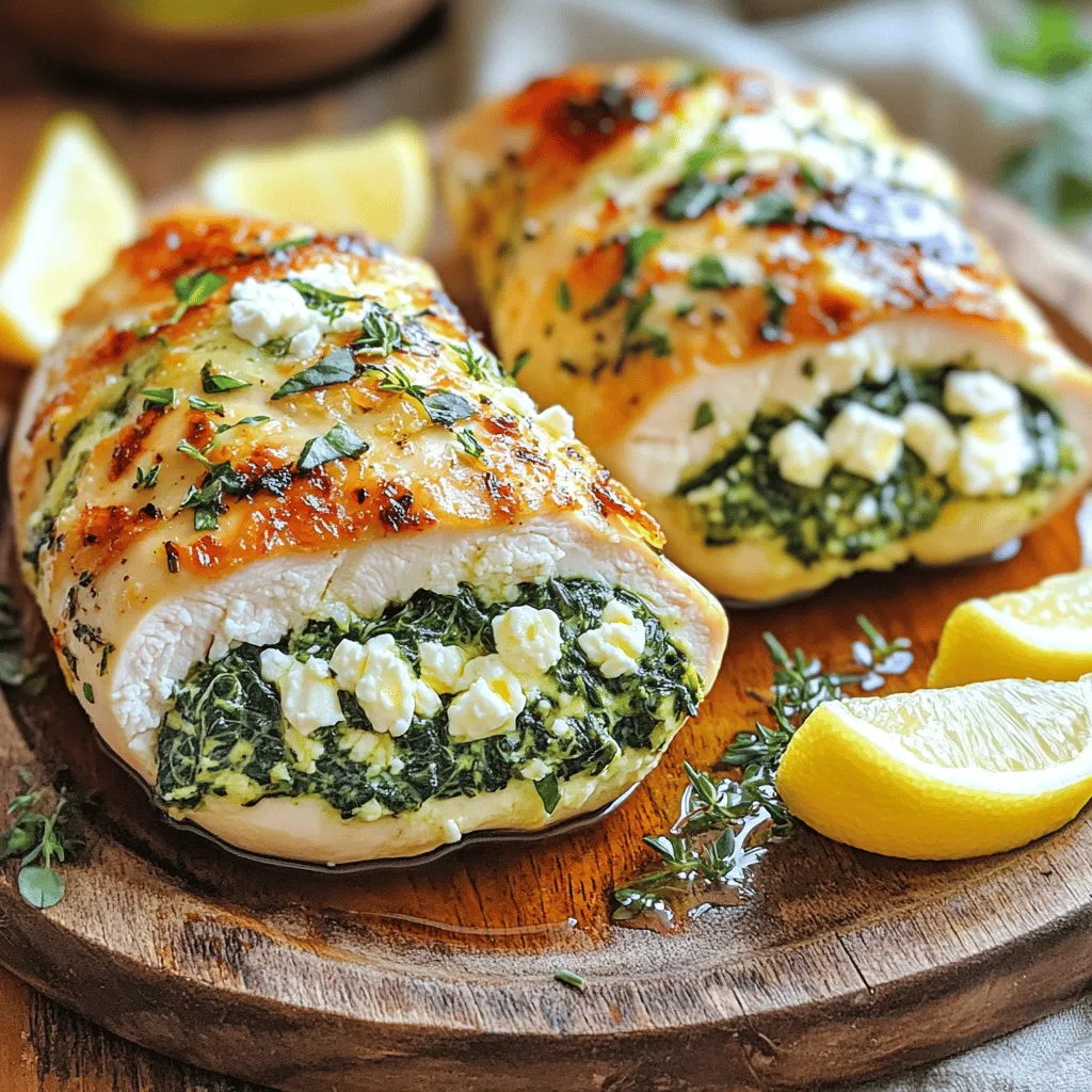 - 4 boneless, skinless chicken breasts - 2 cups fresh spinach, roughly chopped - 1 cup feta cheese, crumbled - 1/2 cup cream cheese, softened - 2 cloves garlic, finely minced - 1 teaspoon dried oregano - 1 teaspoon fresh lemon zest - Salt and freshly ground black pepper to taste - 1 tablespoon olive oil - Toothpicks or kitchen twine for securing - Sharp knife for pocketing chicken - Oven-safe skillet When I make Spinach Feta Stuffed Chicken, I always start with fresh, quality ingredients. The chicken breasts are the star here. They need to be boneless and skinless for easy stuffing and cooking. I love using fresh spinach because it adds great color and nutrition. The feta cheese brings a salty, tangy flavor that pairs perfectly with the creamy texture of cream cheese. For seasonings, don't skip on the garlic. It adds a nice depth to the filling. Dried oregano gives a hint of warmth, while fresh lemon zest brightens the dish. A little salt and pepper will enhance all the flavors. As for tools, having a sharp knife is key. It helps create pockets in the chicken without tearing. Toothpicks or kitchen twine keep the filling inside while cooking. Finally, an oven-safe skillet makes it easy to sear the chicken before baking. If you're curious about how to bring all these ingredients together, check out the Full Recipe for detailed steps. - Preheat the oven to 375°F (190°C). - In a bowl, mix the spinach, feta cheese, cream cheese, garlic, oregano, lemon zest, salt, and pepper. - Take a sharp knife and create pockets in each chicken breast. - Spoon the spinach and feta filling into the pockets. Gently press the edges to secure. - Heat olive oil in a large skillet over medium-high heat. - Sear the stuffed chicken for 3-4 minutes on each side until golden brown. - Transfer the skillet to the oven. Bake for 25-30 minutes until the internal temperature reaches 165°F (74°C). Rest the chicken for 5 minutes after baking. Remove any toothpicks before serving. For a nice touch, slice each breast to show off the vibrant filling. Enjoy your meal! For the full recipe, check out the recipe card. To get juicy chicken, aim for the right internal temperature. Use a meat thermometer to check. The chicken should reach 165°F (74°C) to be safe and tasty. When seasoning your filling, mix well. Use fresh spinach and crumbled feta. Add minced garlic and lemon zest for a bright taste. A pinch of salt and pepper ties it all together. Taste the filling before stuffing to ensure it’s just right. For an elegant dish, slice the chicken in half. Show off the colorful filling inside. Arrange the slices on a large platter. Drizzle olive oil on top and sprinkle fresh herbs for color. Lemon wedges add a refreshing touch, perfect for squeezing over the chicken. Pair this dish with simple sides. Roasted vegetables or a fresh salad work well. Rice or quinoa can soak up the juices nicely. Make sure to secure the chicken pockets well. Use toothpicks or kitchen twine to hold them shut. This keeps the filling from spilling out while cooking. Watch the cooking time closely. Overbaking the chicken dries it out. Aim for that perfect 25-30 minutes in the oven. {{image_4}} You can easily switch chicken breasts for chicken thighs. Thighs are juicier and add more flavor. They also stay tender through cooking. If you want to change the cheese, try goat cheese instead of feta. Goat cheese adds a creamy texture and a tangy taste. It pairs well with spinach and herbs. Want to add more flavor? Fresh herbs like basil or dill work great. They bring a bright taste to the dish. You can also spice things up with red pepper flakes. A small pinch can add a nice kick without being too hot. If you need a gluten-free option, use gluten-free breadcrumbs in the stuffing. This keeps the dish safe for those with gluten allergies. For a vegetarian twist, try stuffing mushrooms instead of chicken. Large portobello mushrooms hold the filling well and taste amazing. You can find the full recipe to make these variations shine! To keep your Spinach Feta Stuffed Chicken fresh, store leftovers in an airtight container. This helps keep out air and moisture. You can enjoy the dish for up to three days in the fridge. It tastes best when heated thoroughly before serving. If you want to save some for later, freezing works well. First, let the chicken cool completely. Wrap each piece tightly in plastic wrap or aluminum foil. You can also place them in freezer-safe bags. This way, they stay fresh for up to three months. When you're ready to eat, thaw it overnight in the fridge. To reheat, avoid the microwave if you can. The oven is better for keeping the chicken moist. Preheat the oven to 350°F (175°C). Place the chicken in a dish, cover it with foil, and heat for about 15 to 20 minutes. This way, it stays juicy and delicious. Remember, avoid overcooking, or it may become dry. To check if your chicken is cooked, use a meat thermometer. Insert it into the thickest part of the chicken. The safe internal temperature is 165°F (74°C). If you don’t have a thermometer, cut into the chicken. The juices should run clear, not pink. Always make sure the filling is also hot. Yes, you can prep this dish ahead of time. Stuff the chicken breasts and store them in the fridge. Cover them tightly with plastic wrap. When ready, preheat your oven and bake as directed. If you are reheating, add a few minutes to ensure it’s hot throughout. Spinach Feta Stuffed Chicken pairs well with many sides. Here are some great options: - Roasted vegetables like carrots and zucchini - Creamy mashed potatoes - A fresh garden salad - Quinoa or couscous for a healthy touch These sides will complement the flavors of the chicken nicely. You can find the full recipe for Spinach Feta Stuffed Chicken in the earlier section. You now have a simple guide to make Spinach Feta Stuffed Chicken. We covered vital ingredients, clear steps, and great tips. Keeping chicken juicy is key, so monitor the cooking time. Feel free to experiment with flavors and ingredients to suit your taste. Remember to store leftovers properly to enjoy later. Use the FAQs to solve any questions you may have. Get ready to impress with this delicious dish, and happy cooking!
