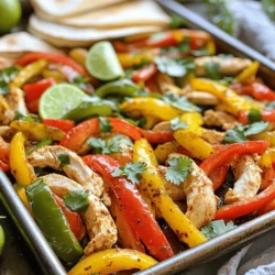 - 1 lb boneless, skinless chicken breasts - Bell pepper varieties (red, yellow, or green) - 1 large red onion The main ingredients in this recipe are simple and fresh. You need chicken breasts, which provide protein and flavor. Choose your favorite bell pepper for color and taste. A large red onion adds sweetness and crunch. - 2 teaspoons chili powder - 1 teaspoon ground cumin - 1 teaspoon smoked paprika These spices bring the dish to life. Chili powder adds heat, while cumin gives it depth. Smoked paprika adds a lovely smoky flavor that elevates the dish. - 2 tablespoons olive oil - 8 small flour tortillas - Fresh cilantro and lime wedges for garnish Olive oil helps cook and flavor the chicken and vegetables. Flour tortillas are perfect for wrapping your fajitas. Fresh cilantro adds brightness, and lime wedges give a zesty finish. For the full recipe, make sure to check out the instructions. Enjoy cooking! - Preheat the oven to 400°F (200°C). - Prepare the baking sheet with parchment paper. Start by heating your oven. This helps the fajitas cook evenly. Next, take a large baking sheet and cover it with parchment paper. This will make cleaning up easy after you're done cooking. - Combine chicken, bell peppers, and onion in a bowl. - Drizzle with olive oil and seasonings, and toss to coat. In a big bowl, mix together the sliced chicken, bell peppers, and onion. Make sure they are all cut into similar sizes. Then, drizzle olive oil over the mix. Add in chili powder, cumin, smoked paprika, garlic powder, salt, and pepper. Use your hands or a spatula to toss everything until the chicken and veggies are well coated. - Spread the mixture on the baking sheet. - Bake for 20-25 minutes, stirring halfway through. Now, spread the chicken and veggie mix evenly on the baking sheet. This helps them cook well. Put the pan in your oven and bake for 20 to 25 minutes. Remember to stir the mixture halfway through. This ensures everything cooks evenly. Once done, the chicken should be cooked through, and the veggies should be tender. If you want the full recipe, check out the details provided earlier. To get great chicken, slice it thinly. Thin pieces cook faster and stay juicy. Use a sharp knife for clean cuts. This helps the chicken absorb spices better. Coating the chicken with spices is key. Mix spices well with the olive oil before adding it to the chicken. This ensures every bite has flavor. Use chili powder, cumin, and smoked paprika for the best taste. For the veggies, bell peppers and onions work well. They add color and flavor. Try using a mix of red, yellow, and green peppers. This gives your dish a vibrant look. To keep veggies crisp, cut them into larger pieces. If they are too small, they may become mushy. Toss them with the chicken but avoid overcooking. Aim for tender but firm veggies. When serving, warm the tortillas first. This makes them soft and easy to handle. You can stack them on a platter for a nice look. For garnishing, use fresh cilantro and lime wedges. These add brightness to the dish. Good sides include rice, beans, or a fresh salad. These pair well with the fajitas and enhance the meal. For the full recipe, refer to the earlier section on ingredients and steps. {{image_4}} You can switch up the protein in your fajitas. If you want a seafood twist, use shrimp instead of chicken. Shrimp cooks fast and adds a light flavor. Just adjust the cooking time to about 10-15 minutes. Beef is another great option. Slice flank steak thinly and follow the same steps as for chicken. The beef adds a rich taste that many enjoy. For a vegetarian choice, try tofu or mushrooms. Tofu absorbs flavors well. Press it first to remove excess moisture. Mushrooms add a savory touch too. Want more flavor? Add jalapeños for a spicy kick. Slice them thin and mix them in with the chicken and veggies. This adds heat without overpowering the dish. If you prefer mild, leave them out. Corn or black beans are great for extra texture. They also bring a sweet flavor that balances the spices. Just toss them in with the other ingredients before baking. If you need a gluten-free option, look for gluten-free tortillas. They are widely available and taste great. You can also use lettuce wraps for a low-carb choice. Just take large lettuce leaves and fill them with the fajita mix. These swaps keep the meal light and fresh. Enjoy the flavors while meeting your dietary needs. For the full recipe, check the earlier section and get cooking! After your meal, let the chicken fajitas cool down. This helps keep them fresh. Use airtight containers to store your leftovers. Glass or plastic containers work well. Make sure to seal them tightly to avoid any air. Keep them in the fridge. The fajitas will stay good for about three days. To reheat your fajitas, use the oven or a skillet. The oven keeps them from drying out. Preheat it to 350°F (175°C) and place the fajitas on a baking sheet. Heat for about 10-15 minutes. If using a skillet, add a splash of water to keep them moist. Cover with a lid and heat on low. This method keeps the chicken juicy and the veggies crisp. If you want to freeze your chicken fajitas, do it right after cooking. Let them cool completely first. Then, pack them in freezer-safe bags. Remove as much air as possible to prevent freezer burn. They can last for up to three months. To thaw, place them in the fridge overnight. Reheat them gently to keep the flavors intact. To prepare chicken fajitas ahead of time, follow these steps: - Slice the chicken: Cut your chicken into thin strips. - Chop the veggies: Slice the bell peppers and onion. - Mix and season: Combine chicken and veggies in a bowl. Add olive oil and spices. - Store: Place the mixture in an airtight container. Keep it in the fridge for up to two days. When you’re ready to cook, just spread it on a sheet pan and bake. This makes dinner fast and easy! Yes, you can use frozen chicken, but there are some things to keep in mind: - Thaw first: Always thaw the chicken safely in the fridge overnight. - Cook time: Frozen chicken may need more time to cook. Use a meat thermometer to check. - Texture: Fresh chicken gives the best texture, but frozen works in a pinch. Just make sure to cut it into smaller pieces for even cooking. Here are some ideas for sides and drinks: - Rice: Serve with cilantro lime rice for a tasty combo. - Beans: Black beans or refried beans add protein and flavor. - Guacamole: A fresh guacamole dip will enhance your meal. - Salsa: Fresh salsa adds a zesty kick. - Beverages: Pair with a cold drink like iced tea or a light beer. These options will round out your fajita feast! For the full recipe, check out the details above. You can cook delicious sheet pan chicken fajitas with ease. This post covered ingredients, step-by-step instructions, and tips for perfect cooking. You can customize the recipe with different proteins or veggies. Plus, learn how to store and reheat leftovers for later. Fajitas are perfect for any meal. With this recipe, you can impress family and friends. Enjoy your cooking adventure and savor every bite!