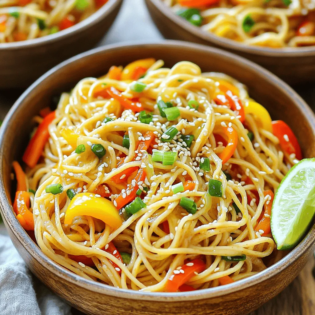 To make Ginger Sesame Noodles, gather these fresh ingredients: - 8 oz. whole wheat noodles - 2 tablespoons sesame oil - 1 tablespoon fresh ginger, finely grated - 2 cloves garlic, minced - 1/4 cup low-sodium soy sauce - 2 tablespoons rice vinegar - 1 tablespoon honey or maple syrup (to taste) - 1 cup assorted bell peppers, thinly sliced (red, yellow, and green for a colorful mix) - 1 cup shredded carrots - 1/2 cup green onions, finely chopped - 1 tablespoon sesame seeds - Salt and pepper to taste Using fresh ingredients makes a big difference in flavor. Fresh ginger gives a warm, spicy kick. Fresh veggies like bell peppers and carrots add color and crunch. The taste of fresh ingredients pops in every bite. They also hold more nutrients, which boost the dish's health. When you pick the best ingredients, your Ginger Sesame Noodles will shine. If you can’t find an ingredient, don’t worry! Here are some swaps: - Noodles: Use rice noodles or gluten-free pasta. - Sesame Oil: Swap with olive oil for a milder taste. - Honey: Maple syrup or agave nectar works well too. - Veggies: Try broccoli or snap peas instead of bell peppers. - Soy Sauce: Use tamari for a gluten-free option. Feel free to get creative! Each swap can give the dish a new twist while keeping it delicious. First, fill a large pot with water and boil it. Once the water is bubbling, add 8 oz. of whole wheat noodles. Cook them as the package says until they are al dente. This usually takes about 8 to 10 minutes. After cooking, drain the noodles and rinse them with cold water. This step stops the cooking and keeps them from getting mushy. Set the noodles aside in a large mixing bowl. Now, let's make the ginger sauce. Grab a medium mixing bowl. Here, combine 2 tablespoons of sesame oil, 1 tablespoon of finely grated fresh ginger, and 2 minced cloves of garlic. Next, add 1/4 cup of low-sodium soy sauce, 2 tablespoons of rice vinegar, and 1 tablespoon of honey or maple syrup. Whisk everything together until it is smooth. Set this tasty sauce aside for later. In a large skillet or wok, heat a splash of sesame oil over medium heat. Add 1 cup of assorted thinly sliced bell peppers and 1 cup of shredded carrots. Sauté these veggies for about 3 to 4 minutes. Stir them often so they cook evenly. You want them to be tender but still a bit crisp. This keeps the dish fresh and vibrant. Now that the veggies are ready, it’s time to mix everything. Add the drained noodles to the skillet with the sautéed vegetables. Pour the ginger sauce over the top. Toss the mixture carefully to coat everything well. Stir for about 2 to 3 minutes until the noodles warm up and soak in the flavor. Once combined, take the skillet off the heat. Toss in 1/2 cup of finely chopped green onions. Season with salt and pepper to your taste. For a delightful crunch, sprinkle 1 tablespoon of sesame seeds on top. Serve the Ginger Sesame Noodles in individual bowls. For a fun touch, add a lime wedge for guests to squeeze over their dish. This adds a zesty kick! Enjoy your meal! To cook noodles just right, start with plenty of water. Use a large pot and bring it to a boil. Add salt to the water for flavor. Follow the package instructions for cooking time. Test the noodles a minute before the time ends. They should be firm but not hard. After cooking, drain them and rinse with cold water. This stops the cooking and keeps them from sticking. When sautéing, always heat your pan before adding oil. Use medium heat for best results. Add a splash of sesame oil first; it adds great flavor. Then, add your vegetables. Stir them often to cook evenly. Keep an eye on the time; you want them tender yet crisp. If they start to brown too fast, lower the heat. This keeps their bright color and crunch. You can make Ginger Sesame Noodles ahead of time. Store them in an airtight container in the fridge. They last up to three days. When reheating, add a splash of water or extra sauce. This keeps the noodles moist. Heat them in a skillet over medium heat, stirring gently. This method warms them without making them mushy. You can also use a microwave, but be careful not to overcook. For the full recipe, check the section above. {{image_4}} If you need gluten-free noodles, try rice noodles or quinoa noodles. These options work well and maintain great flavor. Look for gluten-free soy sauce too. It’s easy to find, and it keeps the dish tasty. To make Ginger Sesame Noodles heartier, add protein. Cooked chicken breast works nicely. Just slice it thin and toss it in. For a plant-based option, use firm tofu. Press it, cube it, and sauté until golden. Shrimp is another great choice. Cook them quickly until they turn pink. Each protein adds its unique twist to the dish. Feel free to mix in seasonal veggies. Broccoli and snap peas are great in spring. Try zucchini or asparagus in summer. In fall, add roasted squash or Brussels sprouts. This keeps the dish fresh and fun. Use whatever you enjoy or have on hand for a personal touch. For the full recipe, check out the complete instructions above. To store leftover Ginger Sesame Noodles, let them cool first. Once cooled, place them in an airtight container. This keeps the noodles fresh. You can store them in the fridge for up to three days. Make sure to label the container with the date. This will help you keep track of their freshness. You can freeze Ginger Sesame Noodles for later use. First, cool them completely. Then, portion the noodles into freezer bags. Press out as much air as you can before sealing the bags. Label the bags with the date. They can last in the freezer for about three months. When you’re ready to eat, thaw them in the fridge overnight. Ginger Sesame Noodles stay good in the fridge for up to three days. To reheat, simply place them in a pan over medium heat. Add a splash of water or extra sesame oil to prevent sticking. Stir often until heated through. You can also microwave them in a bowl. Cover the bowl with a damp paper towel to keep them moist while reheating. Enjoy your tasty meal again! Yes, you can use different noodles. Try rice noodles, egg noodles, or udon. Each type gives a unique taste and texture. I prefer whole wheat noodles for their health benefits and nutty flavor. Ginger sesame noodles have roots in Asian cuisine. They blend flavors from China and Japan. These noodles highlight ginger and sesame, two common ingredients in many Asian dishes. Yes, they can be healthy! Whole wheat noodles add fiber. Fresh veggies like bell peppers and carrots boost vitamins. Use low-sodium soy sauce to keep sodium in check. Absolutely! To make it vegan, just swap honey for maple syrup. The rest of the ingredients are already plant-based. This way, everyone can enjoy the dish. You can serve Ginger Sesame Noodles with various sides. Try steamed broccoli, sautéed greens, or a fresh salad. They also pair well with grilled chicken or tofu for extra protein. For the full recipe, check out the previous section. In this blog post, we explored the key ingredients for making Ginger Sesame Noodles. Fresh ingredients enhance flavor and quality. We also discussed cooking techniques and offered creative variations to suit your taste. Remember, you can prepare these noodles ahead of time for easy meals. With the right storage, leftovers can still taste great. Try using different proteins or veggies to make each dish unique. Enjoy your cooking, and let the flavors shine!