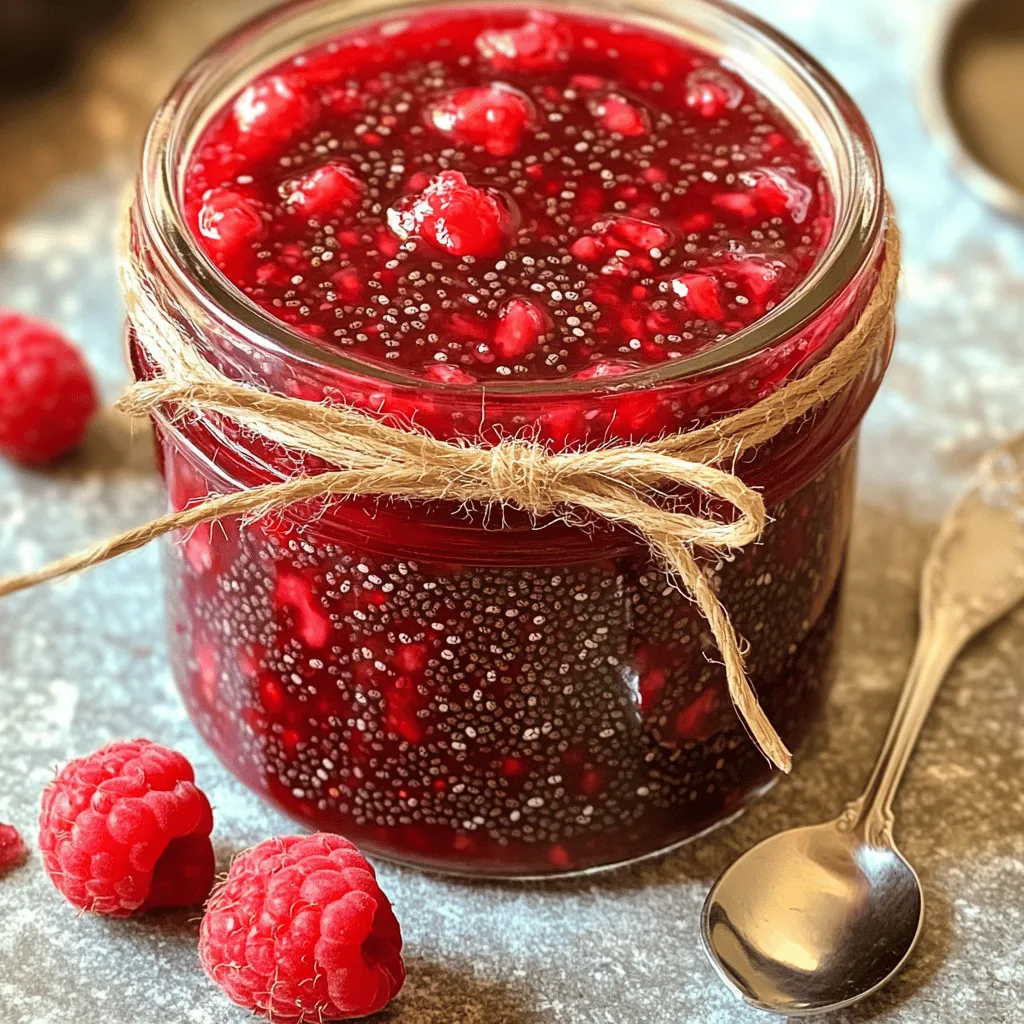 This raspberry chia seed jam is simple and healthy. It uses fresh raspberries, chia seeds, and a touch of sweetness. You can whip it up in about 15 minutes. This jam is perfect for toast, pancakes, or yogurt. - 2 cups fresh raspberries - 1/4 cup honey or maple syrup (adjust to your taste) - 2 tablespoons chia seeds - 1 tablespoon freshly squeezed lemon juice - 1/2 teaspoon vanilla extract (optional) You can add other flavors to your jam. Try mixing in some cinnamon for warmth. You could also add a pinch of salt to balance the sweetness. If you like a spicier kick, a dash of ginger works well too. Each of these adds a unique twist to the classic jam! First, wash your fresh raspberries. Rinse them gently under cold water. This helps remove dirt and small bugs. Next, place the clean raspberries in a medium saucepan. Add your choice of honey or maple syrup. This gives your jam a sweet touch. Turn the heat to medium. Stir the mixture as it heats. Cook for about 5 to 7 minutes. The raspberries will soften and burst. You will see their juices flow. After they soften, use a fork or potato masher. Mash the raspberries to your liking. You can leave it smooth or chunky. Now it is time to add the chia seeds. Toss in the freshly squeezed lemon juice next. If you want, add vanilla extract for extra flavor. Mix everything well. Keep cooking for another 2 to 3 minutes. This helps the chia seeds soak up the juices. The jam will thicken nicely. When finished, take the saucepan off the heat. Let the jam cool down to room temperature. Once it is cool, transfer the jam into a clean jar. Seal it tightly and refrigerate. The jam will thicken more as it cools. For detailed steps, refer to the [Full Recipe]. To get the texture just right, focus on how you mash the raspberries. If you want a smooth jam, mash them well. For a chunkier option, leave some pieces whole. The chia seeds will help thicken the jam as they absorb moisture. Let it sit for a bit after cooking. This will give it time to thicken up even more. Sweetness is key in a jam. Start with 1/4 cup of honey or maple syrup, then taste. If you want it sweeter, add more syrup a little at a time. You can also try using other sweeteners like agave or stevia. Remember, the natural sweetness of the raspberries can change based on their ripeness. To make your jam look even more tempting, serve it in a cute jar. Add some twine or a ribbon for charm. Place a small spoon on the side for easy serving. This makes a great gift too! You can top pancakes, yogurt, or spread it on toast. Each bite will be a treat for the eyes and the taste buds. {{image_4}} You can mix flavors in your raspberry chia seed jam. Try adding other fruits for fun twists. Strawberries or blueberries work great! Just mash them with the raspberries while cooking. You can also add a hint of spices. Cinnamon or ginger can give your jam a warm flavor. Experiment to find what you like best! If you want to cut sugar, use alternatives. Agave syrup or maple syrup are good picks. You can also try stevia or monk fruit sweetener. These options keep the jam sweet without extra calories. Adjust the amount to match your taste. Remember, some sweeteners are stronger than others, so use less! You can make jam without cooking! Just mash fresh raspberries in a bowl. Then, mix in chia seeds, sweetener, and lemon juice. Let it sit for about 30 minutes. The chia seeds will absorb the juices and thicken the mix. This method keeps all the fresh fruit flavor. It’s quick and easy, perfect for busy days! For the full recipe, be sure to check the details above. To keep your raspberry chia seed jam fresh, use clean jars. Make sure to sterilize the jars before filling them. This helps kill germs. After filling, seal them tightly. Store the jars in the fridge. Always use a clean spoon when serving. This keeps the jam safe from bacteria. Homemade raspberry chia seed jam lasts about two weeks in the fridge. If you see any mold, throw it away. Always check for signs of spoilage before eating. The jam may thicken more as it sits. This is normal and makes it even better for spreading. You can freeze this jam for longer storage. Use freezer-safe containers or bags. Leave some space in the container. The jam will expand when frozen. It can last up to six months in the freezer. When ready to use, thaw it in the fridge overnight. Enjoy this tasty treat anytime! For the full recipe, check above. Chia seeds pack a punch of nutrients. They have fiber, protein, and healthy fats. These seeds help with digestion and keep you full. They also provide omega-3 fatty acids, which are good for your heart. Plus, chia seeds contain antioxidants that fight free radicals. This makes them a great choice for healthy eating. Yes, you can use frozen raspberries! They work well in the jam. Just make sure to thaw them before cooking. Frozen raspberries may have a bit more liquid, so you might need to cook the jam a little longer. This will help thicken it up. The flavor will still be delicious and fresh! Homemade jam lasts about two weeks in the fridge. Store it in a clean, airtight jar. Make sure to keep it sealed. If you want it to last longer, consider freezing it. Frozen jam can last for months, allowing you to enjoy your raspberry chia seed jam anytime. This article covered how to make delicious homemade raspberry jam. You learned about key ingredients, step-by-step instructions, and helpful tips for the perfect result. We also explored fun variations and smart storage methods. Making your own jam lets you control sweetness, flavor, and texture. Now, you can enjoy tasty jam on toast or as a gift. Follow these tips, and create a delightful treat to share with others. Start making jam today and savor your creation!