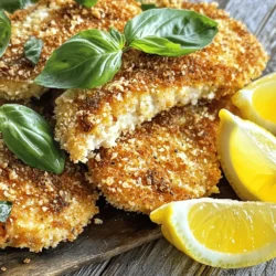 To make Italian Basil Chicken Cutlets, you need simple but fresh ingredients. This will ensure your dish bursts with flavor. Let’s look at what you need: - 4 boneless, skinless chicken breasts - 1/2 cup fresh basil leaves, finely chopped - 1 cup Italian-style breadcrumbs - 1/2 cup grated Parmesan cheese - 2 cloves garlic, minced - 2 large eggs - 1/4 cup all-purpose flour - Olive oil for frying - Optional: Salt, black pepper, lemon wedges for serving These ingredients combine to create a dish that is both tasty and easy to prepare. The fresh basil adds a bright flavor, while the Parmesan gives a nice, salty touch. I love using fresh garlic for that aromatic kick. When you gather everything, you will see how easy it is to make this meal. For the full recipe, check out the details in the next section. To start, I place each chicken breast between two sheets of plastic wrap. I use a meat mallet or rolling pin to pound the chicken to a uniform thickness of about 1/2 inch. This helps the chicken cook evenly. Uneven chicken can lead to dry spots or undercooked areas, so this step is key. Next, I create a seasoning mixture. In a medium bowl, I combine finely chopped basil, minced garlic, salt, and pepper. I mix well to ensure the flavors blend. This mixture will add a burst of flavor to the chicken. Now, it's time to set up my breading station. I prepare three shallow dishes: - In the first dish, I add all-purpose flour. - In the second dish, I crack and whisk two large eggs with a dash of salt and pepper. - In the third dish, I mix Italian-style breadcrumbs with grated Parmesan cheese and half of the basil seasoning. This will give the crumbs a tasty twist. For coating, I take each flattened chicken breast and first coat it in flour. I shake off any excess. Then, I dip it into the egg wash, letting extra drip back into the bowl. Finally, I press it into the breadcrumb mixture, making sure it’s fully coated. To cook the cutlets, I pour olive oil into a large skillet, about 1/4 inch deep, and heat it over medium heat. Once the oil shimmers, I carefully add the breaded chicken cutlets. I cook each cutlet for about 4-5 minutes per side, until golden brown and cooked through. The chicken should reach an internal temperature of 165°F or 75°C. After cooking, I transfer the cutlets to a plate lined with paper towels. This helps absorb any excess oil. For presentation, I arrange the chicken cutlets neatly on a serving plate. I drizzle a bit of olive oil over them and garnish with fresh basil. I also add lemon wedges around the plate for a pop of color and flavor. This method makes for a delightful meal that is both tasty and simple to prepare. You can find the complete details in the Full Recipe. - Importance of oil temperature: Heat the oil before adding the chicken. The right temperature creates a crisp crust. If the oil is too cold, the cutlets will absorb too much oil. Aim for medium heat and look for shimmering oil. This means it’s ready for frying. - Avoiding overcrowding the pan: Cook the chicken in batches. Too many cutlets at once cool the oil. This leads to soggy cutlets. Leave space in the pan for even cooking. Each piece should have room to breathe! - Pairing with sides: Serve these cutlets with fresh salad or roasted veggies. Pasta with a light sauce also works well. These sides balance the dish and add flavor. - Utilizing lemon wedges for added flavor: Lemon adds brightness! Serve cutlets with lemon wedges. A squeeze of lemon enhances the taste and freshness of the chicken. - Overbreading or underbreading cutlets: Find the right amount of breading. Too much makes it heavy, while too little makes it bland. Ensure even coverage for the best taste and texture. - Not pounding chicken evenly: Pounding chicken to even thickness is key. Uneven pieces cook at different rates. This can lead to dry spots. Use a meat mallet to gently pound the chicken flat. This ensures juicy cutlets every time. For the complete process, check out the Full Recipe. {{image_4}} You can easily jazz up your Italian Basil Chicken Cutlets. Try adding spices to the breadcrumb mixture. A pinch of paprika or cayenne can give it a nice kick. You might also enjoy adding some Italian herbs like oregano or thyme. These little tweaks can make a big difference in flavor. Experimenting with different herbs can also lead to fun new tastes. Fresh parsley or even dill can brighten the dish. If you need a substitute for Parmesan cheese, consider using Pecorino Romano. It has a sharp taste and works well in this recipe. For those who follow a gluten-free diet, use gluten-free breadcrumbs. They still give that satisfying crunch. You can often find them in most grocery stores. These swaps allow everyone to enjoy this tasty dish. You can turn these cutlets into a fun sandwich. Just add some fresh tomatoes and mozzarella in a crusty roll. It's a great lunch option! Alternatively, serve the cutlets over pasta or salad. A light lemon vinaigrette works well with both. This allows you to make a complete meal that feels fresh and light. Each serving style offers a unique twist on this simple dish. For the full recipe, click here. To keep your Italian Basil Chicken Cutlets fresh, refrigerate them right away. Place them in a shallow container. Make sure they cool down before sealing. Use an airtight container to prevent any odors. This keeps the chicken juicy and tasty for up to three days. When it’s time to enjoy leftovers, use the oven or a skillet. Preheat your oven to 375°F (190°C). Place the cutlets on a baking sheet and cover with foil. Heat for about 10-15 minutes. This keeps them warm and helps retain crispiness. If using a skillet, add a bit of oil over medium heat. Cook for 2-3 minutes on each side until hot. If you want to store cutlets longer, freezing is a great choice. Let the cutlets cool completely. Wrap each cutlet tightly in plastic wrap, then place in a freezer bag. Label the bag with the date. They will stay good for up to three months. To thaw, move them to the fridge overnight. Reheat as mentioned above for best results. For full details on preparing this dish, check the Full Recipe. Yes, you can bake them! To bake, preheat your oven to 400°F (200°C). Place the breaded chicken cutlets on a baking sheet lined with parchment paper. Spray the cutlets lightly with olive oil to get a nice crisp. Bake for about 20-25 minutes. Flip them halfway through. Check for a golden color and an internal temperature of 165°F (75°C) to ensure they're done. These cutlets go great with many sides. Here are some tasty options: - Garlic mashed potatoes - Steamed green beans - A fresh garden salad - Pasta with marinara sauce - Roasted vegetables Mix and match based on your mood! Check the chicken's internal temperature. It should reach 165°F (75°C). You can use a meat thermometer for this. If you cut into the chicken, the juices should run clear. No pink should be visible. Yes, but fresh basil gives the best flavor. If using dried basil, use about one-third of the amount. Dried herbs are stronger, so a little goes a long way. Mix it into the breadcrumbs for a nice touch. To keep them warm, place the cooked cutlets on a baking sheet in a warm oven at about 200°F (93°C). Cover them lightly with foil to retain heat without steaming them. Serve them within 20-30 minutes for the best taste. Enjoy your meal! This blog post covered how to make Italian Basil Chicken Cutlets in detail. We shared a simple list of ingredients and easy steps for cooking. I shared tips to enhance your dish and highlighted ways to store and reheat leftovers. As you explore this recipe, you'll enjoy custom flavors and perfect textures. Remember, practice makes perfect. With these tips, you can impress anyone with your Italian Basil Chicken Cutlets. Enjoy creating a meal that brings joy to your table!