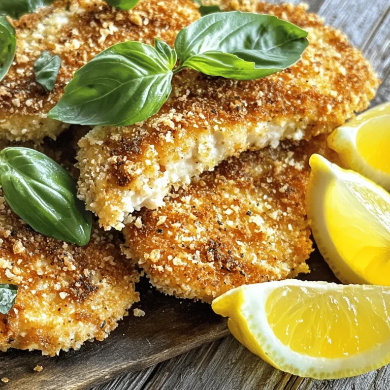 To make Italian Basil Chicken Cutlets, you need simple but fresh ingredients. This will ensure your dish bursts with flavor. Let’s look at what you need: - 4 boneless, skinless chicken breasts - 1/2 cup fresh basil leaves, finely chopped - 1 cup Italian-style breadcrumbs - 1/2 cup grated Parmesan cheese - 2 cloves garlic, minced - 2 large eggs - 1/4 cup all-purpose flour - Olive oil for frying - Optional: Salt, black pepper, lemon wedges for serving These ingredients combine to create a dish that is both tasty and easy to prepare. The fresh basil adds a bright flavor, while the Parmesan gives a nice, salty touch. I love using fresh garlic for that aromatic kick. When you gather everything, you will see how easy it is to make this meal. For the full recipe, check out the details in the next section. To start, I place each chicken breast between two sheets of plastic wrap. I use a meat mallet or rolling pin to pound the chicken to a uniform thickness of about 1/2 inch. This helps the chicken cook evenly. Uneven chicken can lead to dry spots or undercooked areas, so this step is key. Next, I create a seasoning mixture. In a medium bowl, I combine finely chopped basil, minced garlic, salt, and pepper. I mix well to ensure the flavors blend. This mixture will add a burst of flavor to the chicken. Now, it's time to set up my breading station. I prepare three shallow dishes: - In the first dish, I add all-purpose flour. - In the second dish, I crack and whisk two large eggs with a dash of salt and pepper. - In the third dish, I mix Italian-style breadcrumbs with grated Parmesan cheese and half of the basil seasoning. This will give the crumbs a tasty twist. For coating, I take each flattened chicken breast and first coat it in flour. I shake off any excess. Then, I dip it into the egg wash, letting extra drip back into the bowl. Finally, I press it into the breadcrumb mixture, making sure it’s fully coated. To cook the cutlets, I pour olive oil into a large skillet, about 1/4 inch deep, and heat it over medium heat. Once the oil shimmers, I carefully add the breaded chicken cutlets. I cook each cutlet for about 4-5 minutes per side, until golden brown and cooked through. The chicken should reach an internal temperature of 165°F or 75°C. After cooking, I transfer the cutlets to a plate lined with paper towels. This helps absorb any excess oil. For presentation, I arrange the chicken cutlets neatly on a serving plate. I drizzle a bit of olive oil over them and garnish with fresh basil. I also add lemon wedges around the plate for a pop of color and flavor. This method makes for a delightful meal that is both tasty and simple to prepare. You can find the complete details in the Full Recipe. - Importance of oil temperature: Heat the oil before adding the chicken. The right temperature creates a crisp crust. If the oil is too cold, the cutlets will absorb too much oil. Aim for medium heat and look for shimmering oil. This means it’s ready for frying. - Avoiding overcrowding the pan: Cook the chicken in batches. Too many cutlets at once cool the oil. This leads to soggy cutlets. Leave space in the pan for even cooking. Each piece should have room to breathe! - Pairing with sides: Serve these cutlets with fresh salad or roasted veggies. Pasta with a light sauce also works well. These sides balance the dish and add flavor. - Utilizing lemon wedges for added flavor: Lemon adds brightness! Serve cutlets with lemon wedges. A squeeze of lemon enhances the taste and freshness of the chicken. - Overbreading or underbreading cutlets: Find the right amount of breading. Too much makes it heavy, while too little makes it bland. Ensure even coverage for the best taste and texture. - Not pounding chicken evenly: Pounding chicken to even thickness is key. Uneven pieces cook at different rates. This can lead to dry spots. Use a meat mallet to gently pound the chicken flat. This ensures juicy cutlets every time. For the complete process, check out the Full Recipe. {{image_4}} You can easily jazz up your Italian Basil Chicken Cutlets. Try adding spices to the breadcrumb mixture. A pinch of paprika or cayenne can give it a nice kick. You might also enjoy adding some Italian herbs like oregano or thyme. These little tweaks can make a big difference in flavor. Experimenting with different herbs can also lead to fun new tastes. Fresh parsley or even dill can brighten the dish. If you need a substitute for Parmesan cheese, consider using Pecorino Romano. It has a sharp taste and works well in this recipe. For those who follow a gluten-free diet, use gluten-free breadcrumbs. They still give that satisfying crunch. You can often find them in most grocery stores. These swaps allow everyone to enjoy this tasty dish. You can turn these cutlets into a fun sandwich. Just add some fresh tomatoes and mozzarella in a crusty roll. It's a great lunch option! Alternatively, serve the cutlets over pasta or salad. A light lemon vinaigrette works well with both. This allows you to make a complete meal that feels fresh and light. Each serving style offers a unique twist on this simple dish. For the full recipe, click here. To keep your Italian Basil Chicken Cutlets fresh, refrigerate them right away. Place them in a shallow container. Make sure they cool down before sealing. Use an airtight container to prevent any odors. This keeps the chicken juicy and tasty for up to three days. When it’s time to enjoy leftovers, use the oven or a skillet. Preheat your oven to 375°F (190°C). Place the cutlets on a baking sheet and cover with foil. Heat for about 10-15 minutes. This keeps them warm and helps retain crispiness. If using a skillet, add a bit of oil over medium heat. Cook for 2-3 minutes on each side until hot. If you want to store cutlets longer, freezing is a great choice. Let the cutlets cool completely. Wrap each cutlet tightly in plastic wrap, then place in a freezer bag. Label the bag with the date. They will stay good for up to three months. To thaw, move them to the fridge overnight. Reheat as mentioned above for best results. For full details on preparing this dish, check the Full Recipe. Yes, you can bake them! To bake, preheat your oven to 400°F (200°C). Place the breaded chicken cutlets on a baking sheet lined with parchment paper. Spray the cutlets lightly with olive oil to get a nice crisp. Bake for about 20-25 minutes. Flip them halfway through. Check for a golden color and an internal temperature of 165°F (75°C) to ensure they're done. These cutlets go great with many sides. Here are some tasty options: - Garlic mashed potatoes - Steamed green beans - A fresh garden salad - Pasta with marinara sauce - Roasted vegetables Mix and match based on your mood! Check the chicken's internal temperature. It should reach 165°F (75°C). You can use a meat thermometer for this. If you cut into the chicken, the juices should run clear. No pink should be visible. Yes, but fresh basil gives the best flavor. If using dried basil, use about one-third of the amount. Dried herbs are stronger, so a little goes a long way. Mix it into the breadcrumbs for a nice touch. To keep them warm, place the cooked cutlets on a baking sheet in a warm oven at about 200°F (93°C). Cover them lightly with foil to retain heat without steaming them. Serve them within 20-30 minutes for the best taste. Enjoy your meal! This blog post covered how to make Italian Basil Chicken Cutlets in detail. We shared a simple list of ingredients and easy steps for cooking. I shared tips to enhance your dish and highlighted ways to store and reheat leftovers. As you explore this recipe, you'll enjoy custom flavors and perfect textures. Remember, practice makes perfect. With these tips, you can impress anyone with your Italian Basil Chicken Cutlets. Enjoy creating a meal that brings joy to your table!