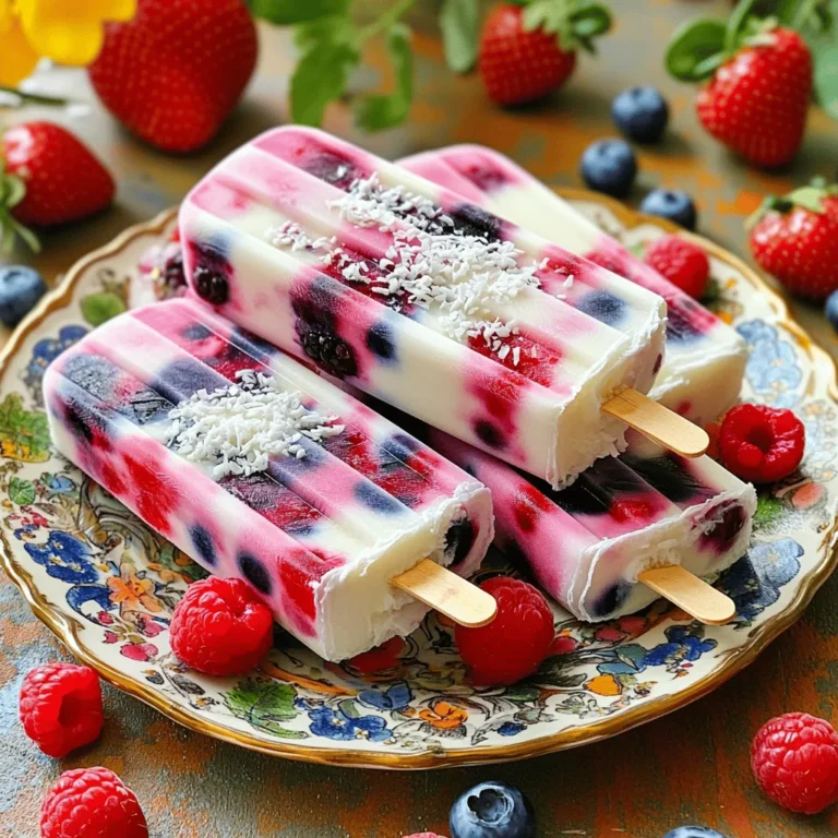 - 1 cup mixed berries (strawberries, blueberries, raspberries) - 1 cup coconut milk - 2 tablespoons honey or maple syrup - 1 teaspoon pure vanilla extract - 1 tablespoon freshly squeezed lime juice - A pinch of flaky sea salt Gathering the right ingredients is key to making berry coconut popsicles. You want fresh, ripe berries for the best flavor. Strawberries, blueberries, and raspberries bring a mix of sweetness and tartness. The coconut milk makes the popsicles creamy and rich. Honey or maple syrup adds the perfect touch of sweetness. The vanilla extract enhances the overall taste. Lime juice adds a hint of tang, brightening up the flavors. A small pinch of flaky sea salt balances everything, making the berries pop. - High-speed blender - Popsicle molds - Wooden sticks - Measuring cups and spoons You’ll need a high-speed blender to make a smooth mixture. Popsicle molds are essential for shaping your treats. Wooden sticks help you easily hold and enjoy your popsicles. Use measuring cups and spoons to get all your ingredients just right. With these tools and ingredients ready, you’ll be all set to create these easy and refreshing berry coconut popsicles. Don’t forget to check the Full Recipe for more detailed steps! - Combine all ingredients in a blender. This includes your mixed berries, coconut milk, honey or maple syrup, vanilla extract, lime juice, and sea salt. - Blend until smooth and creamy. You want a nice, thick mixture without lumps. Taste it! If you want it sweeter, add more honey or syrup. - Fill molds halfway and freeze for 1-2 hours. This sets the first layer. - Add remaining mixture and freeze for an additional 4-6 hours. Make sure you pour carefully to avoid mixing the layers. - Use warm water to release the popsicles from molds. Run warm water over the outside of the molds for a few seconds. Gently pull on the popsicles to remove them. For the complete recipe, check the [Full Recipe]. You can easily change the sweetness of your berry coconut popsicles. Start with the 2 tablespoons of honey or maple syrup. After blending, taste the mixture. If you want it sweeter, add more honey or maple syrup. Blend again until mixed well. This simple step lets you control how sweet your popsicles are. Everyone has their own taste, and I encourage you to find yours. Creating beautiful layers makes your popsicles even more fun. Pour the first half of your berry mixture into the molds and freeze for 1 to 2 hours. This sets the first layer. Then, pour the rest of the mixture into a bowl. You can fold in some whole or sliced berries for texture. After the first layer is firm, add the second layer to the molds. This technique gives your popsicles a lovely look and extra flavor. Presentation can make your popsicles stand out. Serve them on a bright platter, and scatter fresh berries around. For a nice touch, sprinkle some shredded coconut on top. You can also add mint leaves for color. Wrap the base of each popsicle in parchment paper. This not only looks cute but also makes them easy to hold. {{image_4}} You can switch up the berries in this recipe. Try using mango, pineapple, or kiwi. Mixing flavors adds fun and new tastes. I love blending strawberries with peaches. Each combo brings its own flair and makes every bite exciting. If you want to boost texture, consider adding coconut flakes or yogurt. Coconut flakes add a nice crunch and a tropical vibe. You can also fold in yogurt for creaminess. This makes the popsicles richer and even more satisfying. If you want to change the sweetener, try agave syrup or stevia. Agave syrup has a mild taste and mixes well. Stevia is low-calorie, great for those watching sugar. These options keep your popsicles sweet without the extra calories. For the full recipe and more details, check the Berry Coconut Popsicles section. To keep your berry coconut popsicles creamy, freeze them properly. Use a flat, stable surface in your freezer. Make sure the popsicle molds stand straight. This stops the mixture from spilling. If you want to enjoy them later, cover the molds with plastic wrap. When you’re ready to eat, let the popsicles thaw for a few minutes at room temperature. This makes them easier to remove from the molds. These popsicles can last in the freezer for about two months. After that, they may lose flavor and texture. To keep them fresh, label your molds with the date. This way, you know when to enjoy them. If you notice any ice crystals forming, it’s time to eat them! Cleaning your popsicle molds is easy. Rinse them in warm water right after use. This helps remove any sticky residue. If needed, use a soft sponge to scrub them gently. Make sure to dry them completely before storing. You can reuse the molds many times, which is great for making different flavors. Just remember to check that they are clean and dry before filling them again. For the full recipe, refer back to the Berry Coconut Popsicles section. Yes, you can use frozen berries. Frozen berries save time and add convenience. They often blend smoother than fresh ones. However, they may create a slightly icier texture. To balance this, use a bit more coconut milk or sweetener. If you thaw them first, mix well for the best results. No popsicle molds? No problem! You can use small cups or muffin tins. Just pour the mixture into them. Place a wooden stick in each one. Freeze until solid. If you use paper cups, just peel them away after freezing. To make these popsicles vegan, swap honey for maple syrup or agave. Both are great sweeteners. Ensure your coconut milk is dairy-free, which it usually is. This keeps the recipe plant-based without losing flavor. To help popsicles release easily, run warm water over the molds. Do this for about 10 seconds. If you feel resistance, give them a little twist. This helps break the seal. They should slide out smoothly. Enjoy your Berry Coconut Popsicles! For the full recipe, check the previous sections. You now have all you need to make tasty berry popsicles. We went over the main ingredients and tools. I shared step-by-step instructions to help you blend and freeze the mixture. Don't forget the tips on sweetness and presentation! You can even try fun variations with different fruits. These popsicles are easy to make and fun to enjoy. Take them to your next gathering or treat yourself at home. Try it out and make your own delicious berry popsicles today!