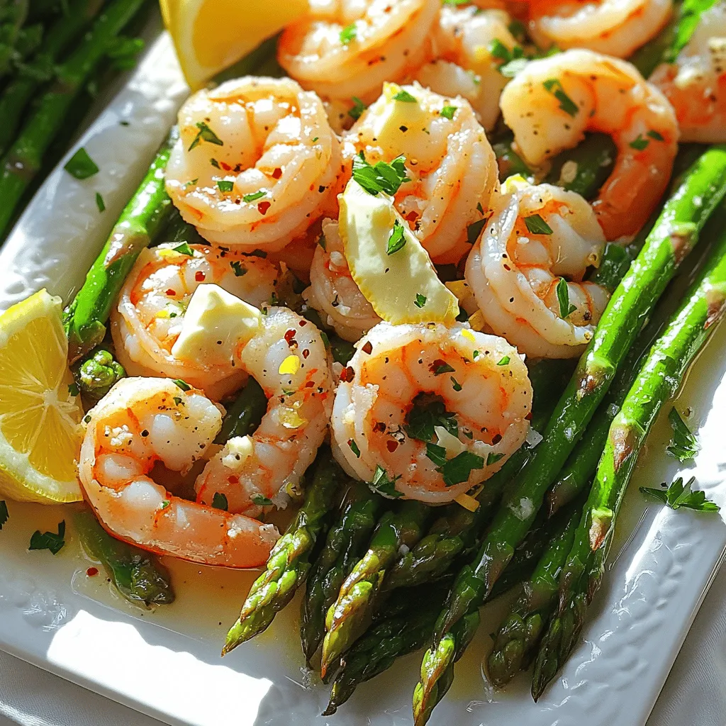 - 1 pound large shrimp, peeled and deveined - 1 bunch of asparagus, trimmed and cut into 2-inch pieces - 4 tablespoons unsalted butter - 4 cloves garlic, minced - 1 tablespoon freshly squeezed lemon juice - 1 teaspoon lemon zest - 1 teaspoon red pepper flakes (optional) - Salt and freshly ground black pepper, to taste - Fresh parsley, chopped (for garnish) To create this dish, start with the shrimp and asparagus. Choose large shrimp for that nice bite. Asparagus adds crunch and color. Next, we need butter and garlic. These two ingredients bring a rich, savory flavor. Fresh lemon juice and zest add brightness, making each bite pop. Consider red pepper flakes for a hint of spice. Adjust salt and pepper to your taste. The parsley will not only add color but also a fresh note. You can find the full recipe at the end of this section. - Prep the Ingredients: Start by peeling and deveining the shrimp. Next, trim the woody ends off the asparagus. Cut the asparagus into 2-inch pieces. This ensures even cooking and makes it easy to eat. - Melt the Butter: In a large skillet, heat the unsalted butter over medium heat. Let it melt completely. Swirl the pan gently to help the butter coat the bottom evenly. - Sauté the Garlic: When the butter is melted and bubbling, add the minced garlic to the skillet. Stir it constantly for about 1 minute. You want it fragrant but avoid burning it, as burnt garlic can taste bitter. - Cook the Asparagus: Now, add the asparagus pieces to the skillet. Sauté them for about 3-4 minutes. Stir occasionally, until they start to soften but remain bright green and vibrant. - Add the Shrimp: Push the asparagus to one side of the skillet to make space. Place the shrimp on the empty side. Season them with salt, black pepper, and red pepper flakes if you like some heat. Cook the shrimp for about 2-3 minutes on each side until they turn pink and opaque. - Combine and Finish: Once the shrimp are cooked, gently mix everything together in the skillet. Add the freshly squeezed lemon juice and lemon zest. Stir well to coat the shrimp and asparagus for a burst of flavor. - Taste and Adjust: Take a moment to taste the dish. Adjust the seasoning with more salt, pepper, or lemon juice as needed. Remove the skillet from the heat. - Serve: Garnish the dish with chopped fresh parsley for a pop of color. This adds freshness before serving. For the full recipe, check out the original. How to avoid overcooking shrimp: Shrimp cook quickly, so watch them closely. Cook shrimp for only 2-3 minutes on each side. They should turn pink and opaque. If you see them curling tightly, they are overcooked. The best way to prepare asparagus: Start by trimming the woody ends. Cut the asparagus into 2-inch pieces for even cooking. Sauté them until they are bright green but still crisp. This keeps their fresh taste and adds crunch. Adding herbs or spices: Fresh herbs like parsley or basil can brighten the dish. Try adding a pinch of thyme or oregano for more depth. Red pepper flakes give a nice spicy kick if you like heat. Incorporating other vegetables: Feel free to mix in other veggies. Bell peppers, snap peas, or cherry tomatoes work well. They add color and nutrition, making your dish even better. Serving suggestions: Serve your dish on a large, vibrant platter. This showcases the beautiful colors of the shrimp and asparagus. Pour any extra garlic butter sauce on top for added flavor. Garnishing ideas: Garnish with fresh parsley for a pop of color. Lemon wedges around the dish make it look fresh and inviting. Guests can squeeze lemon juice over the meal for extra zest. For the full experience, check out the [Full Recipe]. {{image_4}} You can switch shrimp for chicken in this dish. Use boneless chicken breast cut into bite-sized pieces. Cook it until golden brown, then continue with the same steps. Another great option is tofu, which is perfect for a vegetarian meal. Press and cube firm tofu, then sauté it until golden. This adds protein while keeping the dish light. If you want to change the veggies, consider broccoli or green beans. Both cook quickly and add a nice crunch. Just chop them into smaller pieces for even cooking. Spinach or kale also works well. Add them toward the end of cooking. They wilt nicely, adding color and nutrition. For a richer sauce, try adding cream. Just stir in a splash while cooking the shrimp. This makes the dish creamy and comforting. You can also change the citrus flavor. Swap lemon for lime for a zesty twist. This brightens the dish and gives it a fresh taste. For the full recipe, you can check [Full Recipe]. To keep leftovers fresh, store your garlic butter shrimp and asparagus in an airtight container. This will help prevent moisture loss and keep flavors intact. The dish stays fresh in the fridge for about two days. After that, the shrimp may lose its texture, and the asparagus might become soggy. For freezing, first let the dish cool down to room temperature. Then, transfer it to a freezer-safe container. Make sure to remove as much air as possible. This helps avoid freezer burn. You can freeze it for up to three months. To thaw, place it in the fridge overnight. Then, reheat it in a skillet over low heat or in the microwave until warm. Prepping ingredients in advance makes cooking quick and easy. You can peel and devein the shrimp a day before. Trim and cut the asparagus as well. Store them separately in the fridge. When you are ready to cook, just assemble everything. This way, you can enjoy a tasty meal in no time. For more details, check the Full Recipe. How long does it take to cook shrimp? Shrimp cook fast! It usually takes about 2-3 minutes on each side. You know they’re ready when they turn pink and opaque. Can I make this dish ahead of time? You can prep the shrimp and asparagus ahead. Cook them just before serving for the best flavor. What other sides pair well with garlic butter shrimp and asparagus? This dish goes great with rice or pasta. A fresh salad also makes a nice side. Is this recipe gluten-free? Yes, this recipe is gluten-free! Just check your butter and seasoning for any added gluten. How can I make it dairy-free? To make it dairy-free, swap butter for a dairy-free alternative like olive oil or vegan butter. Can I use frozen shrimp? Yes, you can use frozen shrimp! Just thaw them first. Then, follow the same cooking steps. What if I don’t have asparagus? If you lack asparagus, try using broccoli or green beans instead. They cook well and taste great with the garlic butter sauce. For the full recipe, check out the Garlic Butter Shrimp & Asparagus Delight. Enjoy! This blog post covered a simple yet delicious dish featuring shrimp and asparagus. We explored key ingredients like shrimp, asparagus, and tasty enhancers such as garlic and lemon. I provided clear steps for preparation, cooking, and finishing touches. Remember, cooking is fun! Don’t hesitate to try your own twists with different proteins or veggies. Enjoy experimenting! Follow the tips I shared to make this dish shine. Happy cooking!