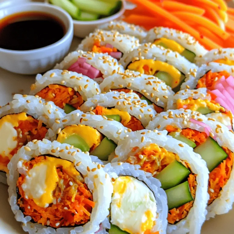 - Short-grain rice - Nori seaweed - Kimchi - Mozzarella cheese - Cucumber - Carrot - Eggs - Bamboo sushi mat - Non-stick skillet - Sharp knife Gathering the right ingredients is key to making Korean cheese kimchi kimbap. I like to use short-grain rice because it sticks better than long-grain rice. The nori seaweed adds a great flavor and texture. Kimchi brings spice and tanginess, while mozzarella cheese gives it a creamy touch. For added crunch, you can include cucumber and carrot. They not only taste great, but they also add color. If you want to include protein, beating a few eggs can make a nice omelet to add to the mix. You will need some supplies, too. A bamboo sushi mat helps you roll the kimbap tightly. A non-stick skillet works best for cooking the eggs, while a sharp knife ensures clean cuts when serving. All these ingredients and tools will help you craft this delicious dish with ease. For the full recipe, check out the provided instructions. Start by mixing the rice, sesame oil, and salt in a large bowl. I use 2 cups of cooked short-grain rice. Add 1 tablespoon of sesame oil and 1 teaspoon of salt. Make sure you mix it well. You want every grain of rice to be tasty and coated. This step is very important for the flavor. To cook the eggs, heat 1 tablespoon of vegetable oil in a non-stick skillet over medium heat. Pour in the 2 beaten eggs. Swirl the pan to spread the eggs into a thin layer. Cook until the edges set, then flip it gently. Cook for another minute and remove it from the pan. Let it cool on a plate. After it cools, slice it into thin strips. These strips add a nice texture. Lay a sheet of nori on a bamboo sushi mat or a clean cutting board. Make sure the shiny side is down. With slightly damp hands, take about 1 cup of seasoned rice. Spread it evenly over the nori, leaving 1 inch at the top. This space helps seal the kimbap later. Now, add the fun part! In the middle of the rice, layer the fillings: add chopped kimchi first, then shredded mozzarella cheese, julienned cucumber, julienned carrot, and the strips of omelet. To roll the kimbap, start from the bottom edge of the nori. Gently roll it away from you while pressing evenly. Keep rolling until you reach the exposed edge. Moisten this edge with a little water to seal it. This makes sure the roll stays together. Once you have your rolls, it’s time to slice! Use a sharp knife to cut each kimbap roll into bite-sized pieces. Apply gentle pressure to avoid squishing the filling. For presentation, arrange the sliced kimbap on a nice platter. Sprinkle sesame seeds on top for flavor. You can also add a small dish of soy sauce for dipping. Enjoy your delicious creation! How to choose fresh kimchi When selecting kimchi, look for vibrant colors. Fresh kimchi has a crisp texture and a balanced flavor. Avoid kimchi that smells overly sour or has a mushy texture. You can ask for a sample if buying from a store. This ensures you get the best quality for your kimbap. Selecting the right type of cheese Mozzarella cheese works best for this recipe. It melts well and adds a creamy texture. Choose whole milk mozzarella for a rich flavor. If you prefer a bit more zest, try pepper jack cheese. This adds a nice kick to your kimbap. Tips for even pressure while rolling While rolling, use your fingers to apply gentle, even pressure. This ensures a tight roll without squishing the filling. Start from the bottom edge and roll away from you. Keep the nori tight around the rice and filling. How to prevent the filling from spilling To avoid spills, don’t overfill your kimbap. Keep about one inch of space at the top edge of the nori. This helps seal the roll better. If you notice any filling creeping out, gently press it back in while rolling. Suggestions for additional seasonings You can add a splash of soy sauce or a sprinkle of gochugaru for more flavor. Consider adding a dash of sesame seeds to the rice for a nutty taste. Mixing in a bit of garlic powder also gives it a nice kick. Using garnishes effectively Garnishes can elevate your dish. Use sesame seeds to add crunch and visual appeal. You can also serve with pickled radish on the side for a refreshing contrast. A small dish of soy sauce is great for dipping too. For detailed steps to make this delicious dish, check out the Full Recipe. {{image_4}} You can get creative with the fillings in your kimbap. If you want a vegetarian option, try using avocado or pickled radish. Both add great flavor and texture. You can also mix in other veggies like bell peppers or spinach for color and taste. If you want protein, add beef or tofu. Cooked bulgogi beef brings a sweet and savory flavor. Tofu, on the other hand, is a great plant-based choice. Marinate it in soy sauce for extra taste. Both options give you tasty and filling kimbap. If you need gluten-free options, look for gluten-free soy sauce. This will help keep your kimbap tasty while meeting your needs. You can also use rice paper instead of nori for a different wrap. For vegan swaps, replace the cheese with a plant-based alternative. Nutritional yeast gives a cheesy flavor too. Instead of eggs, you can use scrambled tofu to mimic the texture. These changes make the kimbap suitable for everyone. Seasonal vegetables can add freshness to your kimbap. In spring, add fresh greens like asparagus. In summer, use thin slices of zucchini and bell peppers for crunch. Fall brings great options like roasted sweet potatoes or butternut squash. Different types of kimchi can spice things up too. For a milder taste, use white kimchi. If you like it hot, go for spicy kimchi. Each type can change the flavor of your kimbap, making it fun to experiment. For the full recipe, don’t forget to refer to the earlier section. Happy cooking! To keep your kimbap fresh, wrap it tight in plastic wrap. This helps keep air out. Store it in the fridge. Kimbap stays good for about three days. After that, the rice may dry out. You can reheat kimbap by using a microwave. Place the kimbap on a plate. Cover it with a damp paper towel to keep it moist. Heat for about 30 seconds. This method keeps the rice soft. You can also eat kimbap cold. It tastes great right from the fridge! If you want to freeze kimbap, it’s best to freeze it raw. Wrap each roll in plastic wrap. Then, place them in a freezer bag. They can last up to one month in the freezer. To cook, let the kimbap thaw in the fridge overnight. Cook them in a skillet for a few minutes. This way, you keep the flavors fresh and tasty! Kimbap is a Korean dish made of rice and fillings rolled in seaweed. It holds cultural significance as a popular snack or meal, often enjoyed during picnics or on the go. Kimbap is not sushi; it uses different ingredients and flavors. You can find many variations based on regional tastes. Yes, you can prepare Kimbap ahead of time. Store it in the fridge for up to a day. Wrap each roll in plastic wrap to keep it fresh. If you plan to eat it later, slice it just before serving. This helps maintain its shape and texture. For Kimbap, I recommend using napa cabbage kimchi. It has a crisp texture and a balanced flavor. You can also try radish kimchi for a different crunch. Make sure to drain it well to avoid excess moisture that can make the rice soggy. To make Korean Cheese Kimchi Kimbap at home, follow the steps in the full recipe. Start by mixing the rice with sesame oil and salt. Then, layer the kimchi, cheese, and other fillings on the rice. Roll it up gently and slice it for serving. Yes, there are gluten-free options for Kimbap. Use gluten-free soy sauce for dipping. Additionally, choose gluten-free nori. Most ingredients in Kimbap are gluten-free, so you can enjoy this dish without worry. To cut Kimbap, use a sharp knife for clean slices. Start by moistening the knife with water to prevent sticking. Slice each roll into bite-sized pieces, applying gentle pressure. Aim for even cuts to make the Kimbap look neat and appealing. Kimbap is a fun dish that combines unique flavors. We explored key ingredients, like short-grain rice and kimchi, and equipment needed for making it. I shared simple steps, from preparing rice to perfecting your roll. You can even customize fillings based on your taste! Remember to store any leftovers properly to enjoy later. Trying new variations keeps kimbap interesting. With practice, you can impress friends and family with delicious homemade kimbap. Now, it’s your turn to get creative and enjoy this delightful dish!