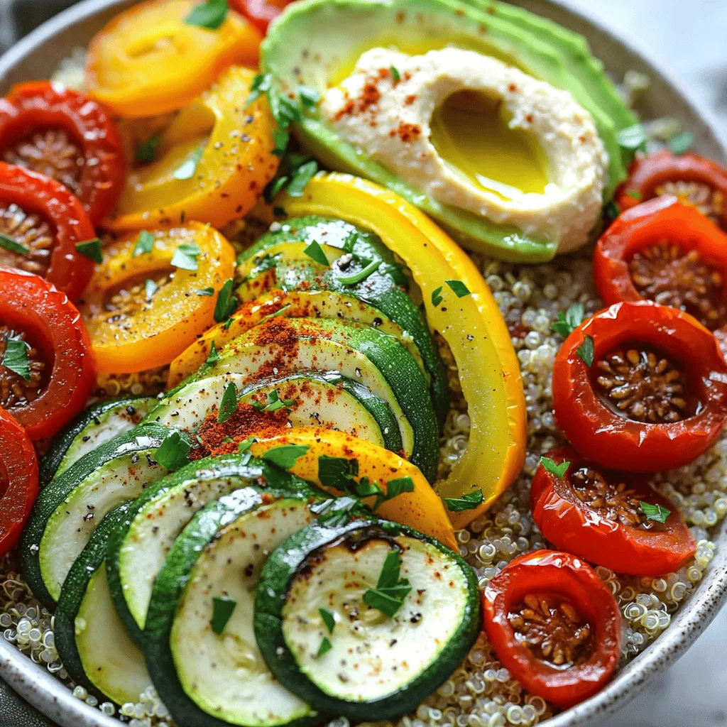 - 1 cup quinoa - 2 cups vegetable broth (or water) - 1 red bell pepper, chopped into bite-sized pieces - 1 yellow bell pepper, chopped into bite-sized pieces - 1 medium zucchini, sliced into half-moons - 1 cup cherry tomatoes, halved - 1 red onion, diced thoughtfully - 3 tablespoons extra-virgin olive oil - 1 teaspoon garlic powder - 1 teaspoon smoked paprika - Sea salt and freshly ground black pepper, to taste The base of this roasted vegetable grain bowl is quinoa. Quinoa is a great grain. It cooks quickly and is full of protein. I love using vegetable broth for cooking it. The broth adds a nice depth of flavor. Next, I use assorted vegetables. I like bell peppers, zucchini, cherry tomatoes, and red onion. These veggies roast well. They become sweet and tender. The colors make the bowl attractive too! Seasonings are key to packing flavor. I use garlic powder and smoked paprika. These spices bring warmth and earthiness. Sea salt and black pepper help balance everything. - 1 ripe avocado, sliced delicately - ½ cup creamy hummus (store-bought or homemade) - Fresh parsley or cilantro, chopped, for garnish Garnishes take this bowl to the next level. Avocado adds creaminess and healthy fats. Hummus gives a smooth texture and flavor boost. Fresh herbs like parsley or cilantro bring freshness. These add color and taste, making the dish pop! For the full recipe, check out the detailed instructions to assemble your delicious meal. - Preheat the oven to 400°F (200°C). - In a medium pot, combine 1 cup of rinsed quinoa with 2 cups of vegetable broth. Bring this mixture to a boil over medium-high heat. Once it boils, lower the heat and cover the pot. Let it simmer for about 15 minutes, until fluffy. After cooking, let it sit covered for 5 more minutes before fluffing with a fork. - Grab a large baking sheet. Chop 1 red bell pepper, 1 yellow bell pepper, 1 medium zucchini, 1 cup of cherry tomatoes, and 1 red onion. Spread these veggies evenly on the baking sheet. - Drizzle 3 tablespoons of extra-virgin olive oil over the veggies. Then, sprinkle with 1 teaspoon of garlic powder, 1 teaspoon of smoked paprika, sea salt, and freshly ground black pepper. Use your hands to toss the veggies until they are well-coated. - Place the baking sheet in the preheated oven. Roast the vegetables for 20-25 minutes. Stir them halfway through for even cooking. The veggies should become tender and caramelized. - To assemble the bowls, start with a scoop of quinoa in each bowl. Top it with the roasted vegetables. Then, add slices of avocado and a dollop of creamy hummus. - Finish with a sprinkle of chopped fresh parsley or cilantro to add a pop of color. Enjoy this vibrant and tasty dish! For the full recipe, check out the details above. To make perfect quinoa, avoid common mistakes. One mistake is not rinsing it. Rinsing removes a bitter coating called saponin. Always rinse it under cool water for a minute before cooking. Another mistake is using too much water. The ratio is always one part quinoa to two parts liquid. If you add too much, it can turn mushy. To tell when quinoa is done, look for tiny white spirals. These are the germ of the grain. When all the water is absorbed, it's time to remove it from heat. Let it rest for five minutes, then fluff it with a fork. When roasting vegetables, caramelization brings out their natural sweetness. To achieve this, keep the pieces uniform in size. This helps them cook evenly. Spread them out on the baking sheet. If they are too crowded, they will steam instead of roast. Timing is key for different vegetables. For example, bell peppers and zucchini take about 20-25 minutes. Cherry tomatoes may need just 15 minutes. Always check for tenderness halfway through cooking. Stir the vegetables to ensure even browning. For ideal pairings, top your grain bowl with creamy avocado and hummus. These add rich flavors and smooth textures. You can also sprinkle some fresh herbs like cilantro or parsley for brightness. When plating, focus on color and height. Start with a base of quinoa. Then, layer the roasted vegetables on top. Place avocado slices and a dollop of hummus artfully on the bowl. Serve with a lemon or lime wedge. This adds a fresh zing that enhances the flavors. For the complete recipe, check the Full Recipe section. {{image_4}} You can switch quinoa for brown rice or farro. Both options add unique textures. Brown rice gives a chewy bite. Farro offers a nutty flavor that enhances the bowl. For gluten-free choices, try using millet or buckwheat. Both grains are rich and filling. They keep your dish hearty and satisfying. Using seasonal produce boosts freshness and taste. For spring, add asparagus or peas. In summer, consider zucchini and corn. Autumn calls for sweet potatoes or Brussels sprouts. Winter veggies like kale or root veggies work well too. You can mix colors and textures for a fun look. Try tossing in roasted beets for a sweet twist. You can elevate your grain bowl with sauces or dressings. A simple lemon-tahini dressing adds brightness. For a spicy kick, try sriracha or harissa. Incorporating proteins like tofu or grilled chicken makes it more filling. Tofu can be marinated and roasted for added flavor. Chicken pairs well with roasted garlic and herbs, adding depth. For the complete recipe, refer to the Full Recipe section above. To keep your roasted vegetable grain bowl fresh, store leftovers in the fridge. Place the grain bowl in an airtight container. This helps to lock in moisture and flavor. You can safely keep it in the fridge for up to three days. When ready to eat, the best way to reheat your grain bowl is in the microwave. Place it in a microwave-safe dish and cover it with a damp paper towel. Heat for one to two minutes, stirring halfway through. This method helps to keep the grains fluffy and the veggies tender. If you prefer, you can also reheat it on the stove. Use a non-stick pan over low heat. Add a splash of water to keep it moist while warming. Yes, you can freeze the grain bowl! To do this, separate the quinoa and vegetables. Use airtight containers or freezer bags for storage. Make sure to remove as much air as possible. This helps prevent freezer burn. You can freeze it for up to three months. When ready to enjoy, thaw it in the fridge overnight before reheating. This method keeps the flavors intact and the texture pleasant. If you want to swap quinoa, try brown rice or farro. Both provide a hearty base. You can also use millet or couscous. These grains add great texture and taste. Just remember to adjust cooking times. For brown rice, it usually takes about 45 minutes to cook. Farro cooks in about 30 minutes. To make this dish vegan, ensure all ingredients are plant-based. Use vegetable broth instead of chicken broth. Make sure your hummus is dairy-free. Check the label before buying. Avoid any toppings that contain animal products. This way, you keep the meal fresh and tasty without animal ingredients. Yes, this dish can be gluten-free. Quinoa is naturally gluten-free. If you choose other grains, ensure they are certified gluten-free. Some brands may process grains in facilities with gluten. Always read the labels carefully. The seasonings used in this recipe are also gluten-free. This makes the grain bowl safe for those with gluten sensitivities. You learned how to make a tasty grain bowl with quinoa and veggies. We covered key ingredients, step-by-step instructions, and helpful tips. You can even change it up with different grains and seasonal veggies. Don't forget to store leftovers properly and try new garnishes like avocado and hummus. Making this dish is fun and offers many options. Enjoy experimenting with flavors and sharing your tasty creations!