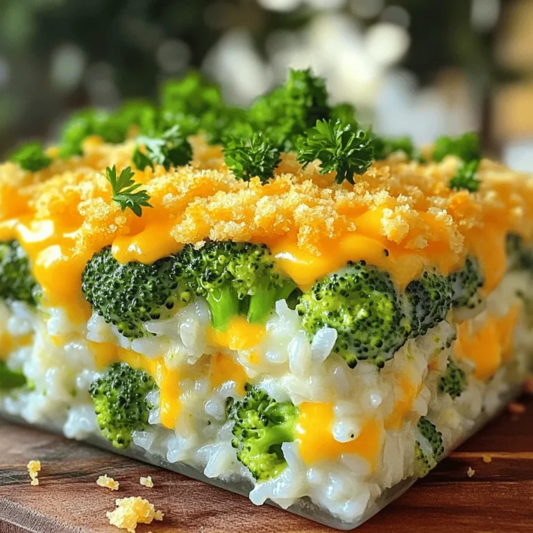 - 2 cups cooked white or brown rice - 2 cups fresh broccoli florets - 1 cup shredded sharp cheddar cheese - 1 cup cream of mushroom soup - 1/2 cup milk - Spices: garlic powder, onion powder, black pepper, salt - 1/2 cup crispy breadcrumbs - 2 tablespoons olive oil or melted butter To create this cheesy broccoli rice casserole, gather your main ingredients first. You need two cups of cooked rice; either white or brown works well. Next, grab two cups of fresh broccoli florets. Chop them into bite-sized pieces so they mix easily. Finally, you'll want one cup of shredded sharp cheddar cheese for that rich, cheesy flavor. Next are the additional ingredients. You'll need one cup of cream of mushroom soup. This adds creaminess and depth. Use one-half cup of milk to make the mixture smooth. For flavor, sprinkle in garlic powder, onion powder, black pepper, and salt. These spices will make your dish pop. If you want to add a crunchy layer, consider the optional ingredients. You can use one-half cup of crispy breadcrumbs on top. This gives a nice texture. Also, you can grease your dish with two tablespoons of olive oil or melted butter. This helps prevent sticking and adds flavor. For the full recipe, check out the details above. Set your oven to 350°F (175°C). While it heats up, grab a 9x13 inch casserole dish. Coat it with olive oil or melted butter to stop the casserole from sticking to the dish. This step is key for easy serving later. In a large mixing bowl, add the cooked rice, fresh broccoli florets, shredded cheese, cream of mushroom soup, and milk. Use a wooden spoon or spatula to mix everything well. Make sure every bite has a taste of cheese and broccoli. This blend creates a yummy base for your casserole. Now, sprinkle in the garlic powder, onion powder, black pepper, and salt. Stir everything again to spread the flavors evenly. This seasoning adds depth to the dish. It makes each bite pop with flavor. The right seasonings make a good dish great. You can find the complete directions in the Full Recipe. To make your cheesy broccoli rice casserole just right, bake it until it turns golden brown. This means the cheese has melted and the top is crispy. You'll know it's done when it's hot all the way through. After baking, let it cool for about five minutes. This helps when you serve it, keeping everything in place. A great way to make your dish pop is to add a garnish. You can sprinkle some fresh parsley on top. Extra shredded cheddar cheese also works well. These small touches make the meal look inviting and colorful. Feel free to mix things up with your cheese. Try using different varieties like mozzarella or pepper jack. This adds new flavors to the dish. You can also add proteins like diced chicken or mushrooms. These options make the casserole heartier and more filling. {{image_4}} You can easily tweak this dish for vegetarians. First, swap the cream of mushroom soup for a homemade version. You can blend mushrooms, broth, and cream for a fresh taste. Next, add more veggies. Bell peppers and carrots work great. They bring color and crunch, making your casserole even better. If you want a vegan take, it's simple! Substitute the cheese with dairy-free options. There are many good brands that melt well. Also, use plant-based milk and cream. Almond milk or coconut cream can work nicely. This way, everyone can enjoy this dish, no matter their diet. Want to kick up the flavor? You can add spices! Paprika gives a nice warmth, while cayenne adds heat. If you prefer fresh tastes, mix in herbs too. Thyme and basil are great choices. They add a lovely aroma and taste that makes every bite special. Store any leftovers in an airtight container for up to 3-4 days. This keeps the casserole fresh and tasty. Make sure it cools down before sealing. This will help avoid steam buildup. You can enjoy it as a quick meal later. If you want to save some for later, freezing works great! First, let the casserole cool completely. Then, wrap it tightly in plastic wrap. You can also use a freezer-safe container. This way, it lasts up to three months. When you're ready to eat, just thaw it overnight in the fridge before reheating. To reheat, you have two good options. For the oven, set it to 350°F (175°C). Place the casserole in a baking dish and cover it with foil. Bake for about 20-25 minutes. For the microwave, cut it into smaller pieces. Heat it in short bursts of 1-2 minutes. Check often to avoid overheating. Both methods will bring back the creamy goodness of your cheesy broccoli rice casserole. For the full recipe, check the details above. Baking this casserole takes about 25 to 30 minutes. You’ll know it’s done when it’s hot throughout. The top should have a nice golden brown color. This browning adds flavor and texture. Let it cool for five minutes before serving. This helps it hold its shape. Yes, you can prepare this casserole ahead of time. Mix the rice, broccoli, cheese, and soup. Store it in the fridge for up to a day before baking. Just cover it tightly. When you're ready, bake it straight from the fridge. You may need to add a few extra minutes to the baking time. This casserole goes well with many sides. Try serving it with a fresh salad. A simple green salad adds crunch and color. You can also pair it with grilled chicken for extra protein. For a heartier meal, serve it with roasted vegetables. Each side complements the creamy, cheesy flavors of the casserole. This blog post shared a simple recipe for cheesy broccoli rice casserole. We covered the main and optional ingredients, plus step-by-step instructions for baking. I offered tips for perfecting your dish and ideas for variations, like vegetarian and vegan options. In my view, this casserole is a fun meal for everyone. It’s easy to make and can fit different tastes. Enjoy creating your tasty version, and don’t forget to share your favorite tips and tweaks!