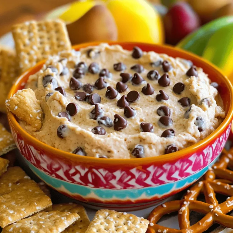 - 1 cup all-purpose flour - 1/2 cup unsalted butter - 1/2 cup packed light brown sugar - 1/4 cup granulated sugar - 2 tablespoons cream cheese - 1 teaspoon pure vanilla extract - 1/4 teaspoon fine sea salt - 1/2 cup mini chocolate chips - 1/2 cup whipped topping To make this tasty dip, you need simple ingredients. Start with flour, butter, and sugars. The butter gives a creamy base. The sugars add sweetness. Cream cheese makes it rich and smooth. Vanilla adds flavor, while sea salt balances it. Don't forget the mini chocolate chips for that classic cookie taste. Finally, whipped topping gives lightness. - Alternative sweeteners (e.g., coconut sugar, honey) - Gluten-free flour options - Vegan cream cheese substitutes Feel free to swap out some ingredients. Use coconut sugar or honey instead of regular sugars. If you need a gluten-free option, try almond flour or oat flour. For a vegan version, pick a dairy-free cream cheese. These swaps keep the dip delicious. They help fit different diets too. - Mixing the butter and sugars Start by putting the softened butter, brown sugar, and granulated sugar in a bowl. Beat them together using an electric mixer for about 2-3 minutes. You want it to be creamy and smooth. - Incorporating cream cheese and vanilla Next, add the softened cream cheese and vanilla extract. Mix until everything combines well and looks fluffy. This adds a nice richness. - Gradually adding flour Now, add the sifted all-purpose flour. Mix gently until it all comes together. Be sure to scrape down the bowl's sides to mix evenly. - Folding in chocolate chips Gently fold in the mini chocolate chips using a spatula. Make sure they spread evenly throughout the dip. Avoid overmixing to keep it light. - Adding whipped topping Carefully fold in the whipped topping. This step makes the dip fluffy and light. Mix until just combined for the best texture. - Refrigerating the dip Transfer your dip to a nice serving bowl and cover it. Place it in the fridge for at least 30 minutes. This chilling time helps the flavors come together. - Suggested images or videos to include Capture each step with clear pictures or short videos. Show the mixing process, the fluffy texture, and final presentation. - Tips for capturing the preparation process Use natural light to enhance your photos. Focus on the textures of the dip. This makes the process look more appealing and fun. For the full recipe, follow the provided instructions carefully to create your delicious Chocolate Chip Cookie Dough Dip! - Overmixing the dough: Mix just enough to blend the ingredients. Overmixing can make the dip dense and tough. - Using too much flour: Measure flour carefully. Too much flour makes the dip dry and crumbly. - Skipping refrigeration: Don’t skip chilling the dip. Refrigerating it helps the flavors mix well and improves texture. - Using high-quality chocolate chips: Select good chocolate chips. They add rich flavor and a nice texture. - Chilling time tips for better flavor: Chill for at least 30 minutes. This wait will deepen the taste. - Adjusting sweetness levels: Taste the dip before serving. You can add more sugar if you want it sweeter. - Ideal dippers for the dip: Serve with graham crackers, sliced fruits, or pretzels. They add fun and crunch. - Creative presentation ideas: Use a bright bowl for your dip. Arrange dippers around it for a colorful look. - Pairing with drinks or other desserts: Try serving it with milk, coffee, or even ice cream. This mix is sure to please everyone. {{image_4}} You can make your chocolate chip cookie dough dip even more fun! Here are some tasty ideas: - Adding nuts: Toss in some chopped walnuts or pecans for a crunchy bite. The nuts add a nice texture and flavor. - Incorporating different chocolates: Try using dark or white chocolate chips. This change can give your dip a new taste twist. - Experimenting with spices: A pinch of cinnamon or nutmeg can bring warmth and depth. Just a little can make a big difference! If you have dietary needs, you can still enjoy this dip. Here’s how to modify it: - Vegan Chocolate Chip Cookie Dough Dip: Replace butter with vegan butter. Use vegan cream cheese and ensure the chocolate chips are dairy-free. - Gluten-free variations: Swap all-purpose flour for gluten-free flour. This ensures everyone can enjoy the dip without worry. - Low-sugar options: Use a sugar substitute like stevia or monk fruit. This way, you can enjoy the dip without too much sugar. You can serve cookie dough dip in many fun ways! Here are some ideas: - Transforming into a sundae topping: Drizzle the dip over ice cream for a sweet treat. It adds a yummy layer to your sundae. - Incorporating into dessert parfaits: Layer the dip with yogurt and fruits in a glass. This makes for a pretty and delicious dessert. - Using as a filling for pastries: Spread the dip inside puff pastry or croissants. It creates a delightful surprise in every bite. For the full recipe and more tips, check the Full Recipe section! To keep your chocolate chip cookie dough dip fresh, use an airtight container. Glass containers work best as they do not absorb odors. For longer storage, you can freeze the dip. Just scoop it into a freezer-safe container and cover it well to avoid freezer burn. In the refrigerator, the dip lasts about 5 days. Always check for signs of spoilage. If you see mold or an off smell, it’s best to throw it out. To thaw the dip, place it in the fridge overnight. If you're in a hurry, you can leave it out for about an hour. You can also repurpose leftover dip by using it as a topping for ice cream or mixing it into yogurt for a sweet treat. You can store Chocolate Chip Cookie Dough Dip in the fridge for about 3 to 5 days. Keep it in an airtight container. This will help keep it fresh and tasty. If you see any changes in color or smell, it's best to throw it away. Yes, you can prepare this dip a day ahead. Make it and store it in the fridge. This way, the flavors blend nicely. Just remember to cover it well so it doesn't dry out. Raw flour can sometimes carry germs, so it's good to be careful. You can heat the flour in the oven at 350°F for about 5 minutes to kill any germs. Another option is to use heat-treated flour that is safe to eat raw. There are many tasty options for dipping! Here are a few ideas: - Fresh fruit slices (like strawberries, apples, or bananas) - Graham crackers - Pretzels - Mini cookies - Rice cakes To make a lighter dip, try these tips: - Use less sugar or swap in a natural sweetener. - Use low-fat cream cheese or yogurt instead. - Swap in whole wheat flour or a gluten-free option. These changes can help cut calories while keeping it delicious. Enjoy your Chocolate Chip Cookie Dough Dip! For the Full Recipe, check the earlier sections. In this blog post, we covered how to make Chocolate Chip Cookie Dough Dip from scratch. We discussed required ingredients, possible substitutions, and step-by-step instructions. I shared tips to avoid common mistakes and ways to enhance flavor. We explored variations, serving ideas, and best storage practices. This dip is easy to make and fun to share. Whether it's for a party or a simple treat, enjoy this sweet delight your way. Try it out and impress your friends!