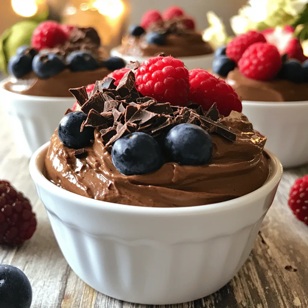 To make a rich and creamy chocolate avocado mousse, you will need: - 2 ripe avocados, peeled and pitted - 1/2 cup unsweetened cocoa powder - 1/2 cup maple syrup (or substitute with agave syrup) - 1/4 cup almond milk (or any milk of choice) - 1 teaspoon vanilla extract - A pinch of sea salt These ingredients create a smooth and velvety texture. The avocados provide creaminess without the need for heavy cream. The cocoa powder adds deep chocolate flavor, while the maple syrup gives natural sweetness. You can customize your mousse with these optional ingredients: - Fresh berries (such as raspberries or strawberries, for garnish) - Shaved dark chocolate (for garnish) - A dash of espresso powder for a coffee kick - A few mint leaves for a refreshing touch These additions can change the flavor and make the dish more fun. Try different toppings to see what you like best. Avocados are not just creamy and delicious; they also offer great nutrition. Here are some benefits: - High in healthy fats that support heart health - Full of fiber, which aids digestion - Packed with vitamins like E, K, and B6 Using avocado in dessert makes it healthier without losing taste. It’s a smart way to enjoy something sweet while getting nutrients. You can find the full recipe [here](#). To start, you need ripe avocados. Cut them in half, remove the pit, and scoop the flesh into your blender. Next, add the unsweetened cocoa powder. This gives the mousse its rich chocolate flavor. Then, pour in the maple syrup. You can swap it for agave syrup if you wish. Add the almond milk for creaminess and the vanilla extract for extra depth. Don’t forget a pinch of sea salt to balance the sweetness. Blend the mixture on high speed. Watch as it transforms into a creamy delight. You may need to stop and scrape down the sides of the blender. This helps mix everything evenly. Blend until you achieve a silky smooth consistency. Taste your mousse. If you want it sweeter, add more maple syrup. Blend again until smooth. Once blended, scoop the mousse into individual bowls or cups. Cover them with plastic wrap or lids. Place them in the fridge for at least 30 minutes. This chilling time helps the mousse firm up and lets the flavors mingle. When you are ready to serve, top each bowl with fresh berries. Add some shaved dark chocolate for a beautiful finish. For the full recipe, check here. To make a great chocolate avocado mousse, pick ripe avocados. Look for ones that feel soft but not mushy. Press gently; if it yields slightly, it's perfect. Avoid any avocados with dark spots or blemishes. These can spoil your mousse's flavor. Ripe avocados have a rich, creamy texture that blends well. They add a smooth and creamy base that makes your dessert delightful. The sweetness of your mousse can change based on your taste. I use maple syrup for a nice, natural sweetness. However, agave syrup works well too. If you want it sweeter, add more syrup, a little at a time. Taste as you go; this helps you find the right balance. You can also use honey if you like. For a sugar-free option, try stevia or monk fruit sweetener. These can give you a lighter version without the added sugar. Presentation matters when serving mousse. Use clear glass cups to showcase that rich, dark color. Garnish each serving with fresh berries for a pop of color. Raspberries or strawberries are my favorites. A sprinkle of shaved dark chocolate adds a fancy touch. It also brings a nice texture. Arrange the garnishes artfully for a beautiful display. This way, your guests will be excited to dig in. For more tips, check out the Full Recipe for added insights! {{image_4}} You can easily make this mousse dairy-free and vegan. Just use almond milk or any plant milk. Maple syrup keeps it sweet without animal products. This mousse is rich and creamy, just like the original. You get all the taste without the dairy. This chocolate avocado mousse is naturally gluten-free. The main ingredients, like avocados and cocoa powder, are safe for gluten-free diets. You don’t need to change much for this option. Just ensure that any added sweetener or flavoring is also gluten-free. You can add fun flavors to this mousse. A little mint extract gives a fresh taste. Adding espresso powder makes it like a mocha treat. Just mix in these flavors when blending. Start with a small amount, then taste and adjust. This way, you create a mousse that suits your taste perfectly. For the full recipe, check out the section above. After you enjoy your mousse, store any leftovers in the fridge. Use airtight containers to keep it fresh. This helps prevent the mousse from absorbing other smells. If you leave it uncovered, it may lose its creamy texture. Chocolate avocado mousse lasts about 3 to 5 days in the fridge. Check for any changes in color or smell before eating. If it looks or smells odd, it’s best to throw it away. Always remember, fresh is best! You can freeze the mousse for up to 2 months. Use freezer-safe containers or ice cube trays for easy portions. Before serving, thaw it in the fridge overnight. Stir it well to restore the creamy texture. This mousse is rich and delicious, even after freezing! For the full recipe, check out the detailed instructions above. Yes, you can use other sweeteners. If you want a different taste, try honey or agave syrup. You can also use stevia if you want it low-calorie. Just remember, each sweetener has a different flavor. Start with a little and taste as you go. Adjust until you find the perfect sweetness for your mousse. Absolutely! This mousse is a hit with kids. It tastes rich and sweet, just like a dessert should. Plus, it packs in healthy fats from avocados. This dessert is a sneaky way to add nutrition to their diet. It’s fun to make together too. Kids love to help blend and decorate with berries and chocolate. To make your mousse fluffier, add a bit of whipped cream or whipped coconut cream. This will lighten the texture and give it a nice, airy feel. You can also fold in the whipped cream gently after blending the avocado mixture. Don’t mix too hard; you want to keep that fluffiness. Enjoy your rich and creamy Chocolate Avocado Mousse! For the full recipe, check out [Full Recipe]. This blog post showed you how to make chocolate avocado mousse step by step. You learned about the main and optional ingredients, tips for the perfect texture, and how to store leftovers. Variations for special diets and flavor changes help everyone enjoy this treat. Remember, avocado adds health benefits, making this dessert rich and good for you. With these tips and tricks, you can impress anyone with your mousse. Enjoy making and sharing this delightful dessert!