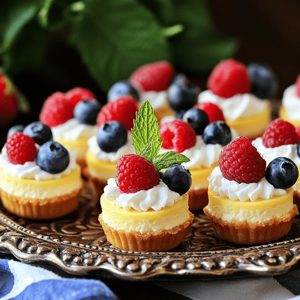 To make these mini cheesecake bites, you will need: - 8 oz cream cheese, softened to room temperature - 1/2 cup granulated sugar - 1/2 teaspoon pure vanilla extract - 1 large egg (preferably at room temperature) - 1/4 cup sour cream - 1/4 teaspoon freshly squeezed lemon juice - 1 package of mini graham cracker crusts (12 count) - Fresh berries for topping (choose from strawberries, blueberries, or raspberries) - Whipped cream for garnish Each ingredient plays a key role in the flavor and texture. If you need to make swaps: - Use Neufchâtel cheese instead of cream cheese for a lighter option. - Granulated sugar can be replaced with honey or agave syrup for a natural sweetener. - Sour cream can be swapped with Greek yogurt if you prefer a tangy taste. - Fresh lemon juice adds brightness; you can use lime juice as an alternative. Toppings can elevate these bites! Here are some tasty ideas: - Fresh berries like strawberries, blueberries, or raspberries add color and flavor. - A drizzle of chocolate sauce brings a rich touch to balance the creaminess. - Crushed nuts, like almonds or pecans, add a crunchy texture. - A sprinkle of graham cracker crumbs enhances the crust flavor and looks nice. For the full recipe, check the [Full Recipe]. Start by preheating your oven to 325°F (160°C). This is key for even baking. Next, gather all your ingredients. You will need cream cheese, sugar, vanilla, egg, sour cream, lemon juice, mini crusts, berries, and whipped cream. In a large bowl, beat the softened cream cheese until smooth. Add the sugar gradually, mixing until fluffy. Then, mix in the vanilla, sour cream, and lemon juice. Make sure everything blends well. Now, carefully add the egg and mix just until combined. This helps keep the texture nice. Place the mini graham cracker crusts on a baking sheet. Pour the cream cheese mixture into each crust, filling them about two-thirds full. Bake for 15-18 minutes. The edges should be firm, with a slight jiggle in the center. Let the mini cheesecakes cool to room temperature. After they cool, refrigerate them for at least 2 hours. This step sets them perfectly. Just before serving, add fresh berries on top and a dollop of whipped cream. They will look and taste amazing. For a lovely touch, place mint leaves on each bite. You can even drizzle some berry coulis for extra flair. Enjoy your mini cheesecake bites! For the full recipe, check out the earlier section. To get that creamy texture in your mini cheesecake bites, start with softened cream cheese. This helps blend smoothly without lumps. Mix gently when adding the egg. Overmixing can make them dense. Aim for a velvety feel by mixing until just combined. Adding sour cream also enriches the texture, making it smooth and delightful. One common mistake is overbaking the cheesecake bites. Keep an eye on them. They should have a slight jiggle in the center when done. Another mistake is not preheating the oven. This can lead to uneven cooking. Also, remember to let them cool before chilling. This helps prevent cracking on top. Baking on a sturdy sheet makes it easier to transfer. This helps keep the mini cheesecake bites stable. Use an oven thermometer to check your oven's true temperature. Even heat is key to perfect baking. If you find your oven runs hot, reduce the temperature by 10-15 degrees. This small change can make a big difference. For even cooking, rotate the baking sheet halfway through. {{image_4}} You can change the flavor of your mini cheesecake bites easily. For a chocolate twist, mix in melted chocolate with the cream cheese. To create a pumpkin version, add canned pumpkin puree and pumpkin spice. Both options taste amazing! While graham cracker crusts work well, you can try other crusts too. Use crushed Oreos for a chocolate flavor. Almond flour makes a great gluten-free option. You can even use cookies like gingersnaps for a fun twist! If you need a gluten-free version, choose gluten-free crusts. For a vegan option, swap the cream cheese with a plant-based alternative. Use flaxseed meal mixed with water instead of the egg. These changes help everyone enjoy these delicious bites! You can find more ideas in the Full Recipe. To keep your mini cheesecake bites fresh, store them in an airtight container. Place parchment paper between layers to prevent sticking. This helps maintain their shape and creamy texture. Make sure they are completely cool before covering them. If you want to keep them extra fresh, store them in the fridge. In the fridge, mini cheesecake bites last about five days. They taste best within the first two days. After that, the texture might change slightly. Always check for any signs of spoilage before eating. If they start to smell off or look strange, it's better to discard them. Freezing mini cheesecake bites is easy. Just place them in a single layer on a baking sheet. Freeze them for about two hours until firm. Once set, transfer them to an airtight container or a freezer bag. They can last up to three months in the freezer. To enjoy, simply thaw them in the fridge overnight before serving. For the best taste, do not refreeze them after thawing. You can try other cheeses, but cream cheese works best. It gives a rich and creamy texture. If you want a twist, use mascarpone. It’s smooth and sweet. Ricotta is another option, but it may change the texture. Remember, any cheese you pick will change the flavor. Check the edges of your cheesecake bites. They should be firm and set. The centers will jiggle a bit. This means they are still soft, which is okay! After they cool, they will firm up more in the fridge. If the edges brown, they might be overcooked. Absolutely! Mini cheesecake bites are perfect for parties. They are small, easy to grab, and fun to eat. You can make different flavors, too, so there’s something for everyone. They look pretty on platters and are easy to serve. Your guests will love them! You can find pre-made mini cheesecake bites at many grocery stores. Check the frozen aisle or the dessert section. Some bakeries and specialty shops sell them too. If you prefer, order them online. But making them at home is fun and simple. Try the Full Recipe for a tasty treat! In this blog post, we covered how to make delicious mini cheesecake bites. You learned about the key ingredients, measurements, and tasty toppings. We shared simple steps for mixing, baking, cooling, and serving. You can also avoid common mistakes with our tips and tricks for the perfect texture. We offered variations to suit different tastes and diets and explained storage options for freshness. Remember, these mini cheesecakes are perfect for parties or gatherings. Enjoy making them and sharing them with friends and family!