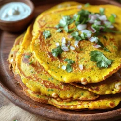 To make chickpea flour pancakes, you need the following main ingredients: - 1 cup chickpea flour (besan) - 1 cup water - 1 teaspoon turmeric powder - 1 teaspoon cumin powder - 1/2 teaspoon baking soda - 1/2 teaspoon salt - 1 small onion, finely chopped - 1 green chili, finely chopped (optional) - 1/4 cup fresh cilantro, chopped - Olive oil or ghee for cooking These ingredients create a delicious and healthy pancake base. Chickpea flour adds protein and fiber, making it a great choice for any meal. If you have dietary needs, here are some easy substitutes: - Use vegetable broth instead of water for added flavor. - Replace onion with grated zucchini for a different texture. - Swap out green chili for bell pepper if you prefer less heat. - For a vegan option, use a plant-based oil instead of ghee. These swaps keep the pancakes tasty while meeting your dietary needs. You can enhance your pancakes with various toppings and sides: - Serve with yogurt for creaminess. - Add chutney for a burst of flavor. - Top with avocado or sliced tomatoes for freshness. - Garnish with more cilantro or a squeeze of lime for zest. These options allow you to customize your meal and make it even more enjoyable. For the full recipe, feel free to explore the detailed steps to create these tasty chickpea flour pancakes. To start, gather the ingredients. You will need chickpea flour, turmeric, cumin, baking soda, salt, water, onion, and cilantro. First, add the chickpea flour, turmeric, cumin, baking soda, and salt in a bowl. Mix them well to avoid lumps. After mixing, slowly add the water while whisking. This step helps to create a smooth batter. Aim for a thick but pourable consistency, like pancake batter. Next, fold in the chopped onion, and cilantro. If you like spice, add in the green chili too. Heat a non-stick skillet over medium heat. Add a small amount of olive oil or ghee to the skillet. Make sure it heats well but does not smoke. Once ready, pour a ladle of batter onto the skillet. Spread it gently into a round shape, about 1/4 inch thick. Let it cook for 2-3 minutes. You know it’s time to flip when the edges lift and the bottom is golden brown. Using a spatula, flip the pancake carefully. Cook for another 2-3 minutes until golden on both sides. Place the finished pancake on a warm plate and repeat with the rest of the batter. Serve the pancakes warm. They go great with yogurt or chutney for dipping. For a nice touch, stack the pancakes on a plate. Garnish with fresh cilantro and lime slices. This adds color and flavor to your dish. Explore different sides to find your favorite pairings. For the full recipe, check out the main section. To get the best texture for your chickpea flour pancakes, focus on the batter. You want it to be smooth and thick. If it’s too runny, your pancakes may fall apart. If it’s too thick, they won’t cook evenly. Start with 1 cup of chickpea flour and mix in 1 cup of water. Whisk well until there are no lumps. If the batter feels too thick, add a bit more water. Many home cooks face a few common issues. One mistake is flipping the pancakes too soon. Wait for the edges to lift and the bottom to turn golden brown. Another mistake is using too much oil. A thin layer of oil is enough to prevent sticking. If you use too much, your pancakes can become greasy. Lastly, don’t overcrowd the skillet. Cook one or two at a time to ensure even cooking. Using the right tools makes cooking easier. A non-stick skillet is best for these pancakes. It helps them cook evenly and prevents sticking. A ladle works well for pouring the batter. It gives you control over the size of the pancakes. Finally, a spatula is key for flipping them. Choose one that is thin and wide to slide under the pancakes easily. For the full recipe, check out the instructions provided above. {{image_4}} You can easily make these pancakes vegan. Simply skip the ghee and use water. Chickpea flour already is plant-based. It gives a nice texture and flavor. This option is great for anyone who avoids animal products. You still get tasty pancakes! Chickpea flour is naturally gluten-free. This makes these pancakes a good choice for those with gluten allergies. You can enjoy these pancakes without worry. Just follow the recipe as is, and you will have a safe, delicious meal. You can change the flavor of your pancakes with herbs and spices. Try adding: - 1 teaspoon dried oregano - 1 teaspoon smoked paprika - 1/2 teaspoon garlic powder These ingredients add depth and interest. You can also use fresh herbs like basil or parsley for a bright touch. Mix and match to find your favorite flavor combinations! Store leftover chickpea flour pancakes in an airtight container. Let them cool first. This helps keep them fresh. Place parchment paper between pancakes to prevent sticking. You can store them in the fridge for up to three days. To reheat, use a non-stick skillet over low heat. Add a small amount of oil for flavor. Heat each pancake for about one to two minutes on each side. This method keeps them crispy and warm. You can also microwave them for about 30 seconds, but they may become soft. You can freeze chickpea flour pancakes for later. To do this, stack them with parchment paper between each pancake. Place them in a freezer-safe bag or container. They can last up to two months in the freezer. When ready to eat, thaw overnight in the fridge and reheat as mentioned. Enjoy your tasty pancakes anytime! Chickpea flour, also known as besan, comes from ground chickpeas. It is high in protein and fiber. This flour is gluten-free, making it great for those with gluten issues. It also has many vitamins and minerals. These include iron and magnesium. Using chickpea flour in your diet can support better digestion and help with weight control. Yes, you can make chickpea flour pancakes in advance. Cook them and then let them cool. Store them in an airtight container in the fridge. They stay good for about three days. You can reheat them in a skillet or microwave when ready to eat. To make your pancakes crispy, use a hot skillet. Add enough oil or ghee to coat the bottom well. Cooking them longer on each side helps too. You can also let the batter sit for a few minutes before pouring it into the pan. This can help with texture. - Where can I buy chickpea flour? You can find chickpea flour at many grocery stores. Look in the baking aisle or the gluten-free section. You can also buy it at health food stores or online. - Are chickpea flour pancakes gluten-free? Yes, chickpea flour pancakes are gluten-free. They do not contain wheat or any gluten. This makes them a great option for people with celiac disease or gluten sensitivity. - How long do the pancakes last in the fridge? The pancakes last about three days in the fridge. Be sure to keep them in an airtight container. If you want to keep them longer, consider freezing them. You can follow the full recipe for more details on storage. Chickpea flour pancakes are tasty, healthy, and easy to make. We covered all the main ingredients, substitutes, and exciting toppings. You learned step-by-step instructions to cook them perfectly and avoid common mistakes. Don’t forget the various options, like vegan and gluten-free versions. Store leftovers well, and enjoy them later. With all these tips and tricks, you can create delicious meals that everyone will love. Now, you are ready to cook and experiment with chickpea flour pancakes!