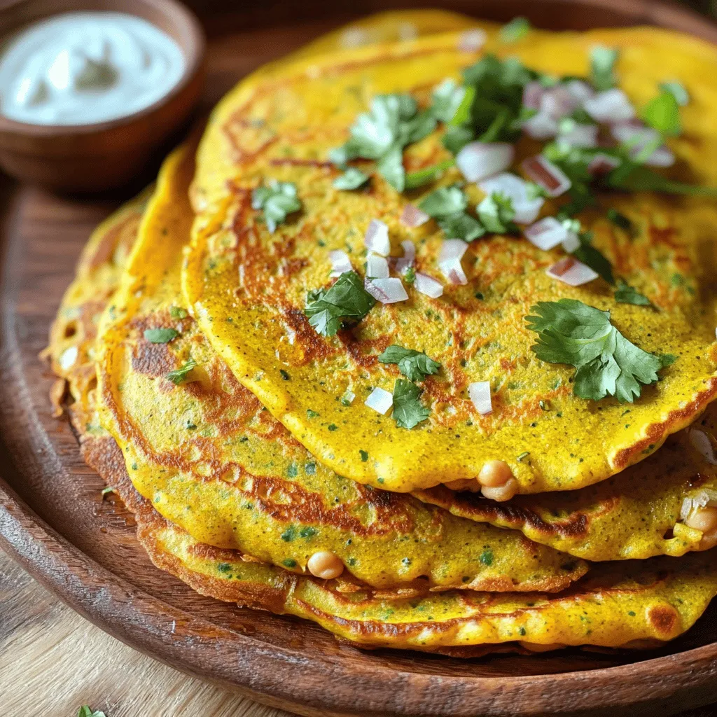 To make chickpea flour pancakes, you need the following main ingredients: - 1 cup chickpea flour (besan) - 1 cup water - 1 teaspoon turmeric powder - 1 teaspoon cumin powder - 1/2 teaspoon baking soda - 1/2 teaspoon salt - 1 small onion, finely chopped - 1 green chili, finely chopped (optional) - 1/4 cup fresh cilantro, chopped - Olive oil or ghee for cooking These ingredients create a delicious and healthy pancake base. Chickpea flour adds protein and fiber, making it a great choice for any meal. If you have dietary needs, here are some easy substitutes: - Use vegetable broth instead of water for added flavor. - Replace onion with grated zucchini for a different texture. - Swap out green chili for bell pepper if you prefer less heat. - For a vegan option, use a plant-based oil instead of ghee. These swaps keep the pancakes tasty while meeting your dietary needs. You can enhance your pancakes with various toppings and sides: - Serve with yogurt for creaminess. - Add chutney for a burst of flavor. - Top with avocado or sliced tomatoes for freshness. - Garnish with more cilantro or a squeeze of lime for zest. These options allow you to customize your meal and make it even more enjoyable. For the full recipe, feel free to explore the detailed steps to create these tasty chickpea flour pancakes. To start, gather the ingredients. You will need chickpea flour, turmeric, cumin, baking soda, salt, water, onion, and cilantro. First, add the chickpea flour, turmeric, cumin, baking soda, and salt in a bowl. Mix them well to avoid lumps. After mixing, slowly add the water while whisking. This step helps to create a smooth batter. Aim for a thick but pourable consistency, like pancake batter. Next, fold in the chopped onion, and cilantro. If you like spice, add in the green chili too. Heat a non-stick skillet over medium heat. Add a small amount of olive oil or ghee to the skillet. Make sure it heats well but does not smoke. Once ready, pour a ladle of batter onto the skillet. Spread it gently into a round shape, about 1/4 inch thick. Let it cook for 2-3 minutes. You know it’s time to flip when the edges lift and the bottom is golden brown. Using a spatula, flip the pancake carefully. Cook for another 2-3 minutes until golden on both sides. Place the finished pancake on a warm plate and repeat with the rest of the batter. Serve the pancakes warm. They go great with yogurt or chutney for dipping. For a nice touch, stack the pancakes on a plate. Garnish with fresh cilantro and lime slices. This adds color and flavor to your dish. Explore different sides to find your favorite pairings. For the full recipe, check out the main section. To get the best texture for your chickpea flour pancakes, focus on the batter. You want it to be smooth and thick. If it’s too runny, your pancakes may fall apart. If it’s too thick, they won’t cook evenly. Start with 1 cup of chickpea flour and mix in 1 cup of water. Whisk well until there are no lumps. If the batter feels too thick, add a bit more water. Many home cooks face a few common issues. One mistake is flipping the pancakes too soon. Wait for the edges to lift and the bottom to turn golden brown. Another mistake is using too much oil. A thin layer of oil is enough to prevent sticking. If you use too much, your pancakes can become greasy. Lastly, don’t overcrowd the skillet. Cook one or two at a time to ensure even cooking. Using the right tools makes cooking easier. A non-stick skillet is best for these pancakes. It helps them cook evenly and prevents sticking. A ladle works well for pouring the batter. It gives you control over the size of the pancakes. Finally, a spatula is key for flipping them. Choose one that is thin and wide to slide under the pancakes easily. For the full recipe, check out the instructions provided above. {{image_4}} You can easily make these pancakes vegan. Simply skip the ghee and use water. Chickpea flour already is plant-based. It gives a nice texture and flavor. This option is great for anyone who avoids animal products. You still get tasty pancakes! Chickpea flour is naturally gluten-free. This makes these pancakes a good choice for those with gluten allergies. You can enjoy these pancakes without worry. Just follow the recipe as is, and you will have a safe, delicious meal. You can change the flavor of your pancakes with herbs and spices. Try adding: - 1 teaspoon dried oregano - 1 teaspoon smoked paprika - 1/2 teaspoon garlic powder These ingredients add depth and interest. You can also use fresh herbs like basil or parsley for a bright touch. Mix and match to find your favorite flavor combinations! Store leftover chickpea flour pancakes in an airtight container. Let them cool first. This helps keep them fresh. Place parchment paper between pancakes to prevent sticking. You can store them in the fridge for up to three days. To reheat, use a non-stick skillet over low heat. Add a small amount of oil for flavor. Heat each pancake for about one to two minutes on each side. This method keeps them crispy and warm. You can also microwave them for about 30 seconds, but they may become soft. You can freeze chickpea flour pancakes for later. To do this, stack them with parchment paper between each pancake. Place them in a freezer-safe bag or container. They can last up to two months in the freezer. When ready to eat, thaw overnight in the fridge and reheat as mentioned. Enjoy your tasty pancakes anytime! Chickpea flour, also known as besan, comes from ground chickpeas. It is high in protein and fiber. This flour is gluten-free, making it great for those with gluten issues. It also has many vitamins and minerals. These include iron and magnesium. Using chickpea flour in your diet can support better digestion and help with weight control. Yes, you can make chickpea flour pancakes in advance. Cook them and then let them cool. Store them in an airtight container in the fridge. They stay good for about three days. You can reheat them in a skillet or microwave when ready to eat. To make your pancakes crispy, use a hot skillet. Add enough oil or ghee to coat the bottom well. Cooking them longer on each side helps too. You can also let the batter sit for a few minutes before pouring it into the pan. This can help with texture. - Where can I buy chickpea flour? You can find chickpea flour at many grocery stores. Look in the baking aisle or the gluten-free section. You can also buy it at health food stores or online. - Are chickpea flour pancakes gluten-free? Yes, chickpea flour pancakes are gluten-free. They do not contain wheat or any gluten. This makes them a great option for people with celiac disease or gluten sensitivity. - How long do the pancakes last in the fridge? The pancakes last about three days in the fridge. Be sure to keep them in an airtight container. If you want to keep them longer, consider freezing them. You can follow the full recipe for more details on storage. Chickpea flour pancakes are tasty, healthy, and easy to make. We covered all the main ingredients, substitutes, and exciting toppings. You learned step-by-step instructions to cook them perfectly and avoid common mistakes. Don’t forget the various options, like vegan and gluten-free versions. Store leftovers well, and enjoy them later. With all these tips and tricks, you can create delicious meals that everyone will love. Now, you are ready to cook and experiment with chickpea flour pancakes!