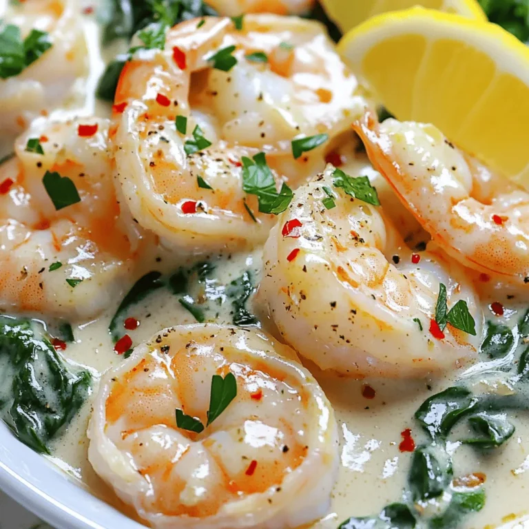 - 1 lb large shrimp, peeled and deveined - 3 tablespoons olive oil - 4 cloves garlic, finely minced - 1 cup heavy cream - 1/2 cup low-sodium chicken broth - 1 cup fresh spinach leaves, packed - 1/2 teaspoon red pepper flakes (optional) - Salt and freshly ground black pepper to taste - Juice of 1 lemon (plus additional wedges for serving) - Fresh parsley, finely chopped (for garnish) When making creamy garlic shrimp, you will need a few key ingredients. First, get large shrimp. They should be peeled and deveined for easy cooking. Next, olive oil adds flavor and helps cook the shrimp perfectly. Garlic is a must for that rich taste we love. Heavy cream gives the dish its creamy texture, while chicken broth adds depth. Fresh spinach brings color and nutrients, and lemon juice brightens the whole dish. Optional red pepper flakes can add a little heat, so feel free to adjust based on your taste. Don’t forget salt and pepper to enhance the flavors. Finally, fresh parsley gives a lovely finish when you serve the dish. - Large skillet or frying pan - Measuring cups and spoons For this recipe, you need a large skillet or frying pan. This helps to cook the shrimp evenly. Measuring cups and spoons are also important for getting the right amounts of each ingredient. Using the right tools makes cooking easier and more fun. - Calories, protein, fats, carbohydrates breakdown per serving Each serving of creamy garlic shrimp has about 400 calories. It contains 30 grams of protein, 25 grams of fat, and 10 grams of carbohydrates. This dish is rich in flavor and offers a good balance of nutrients. Enjoy it as a meal that feels both indulgent and satisfying. For the full recipe, check the details above! To start, heat 3 tablespoons of olive oil in a large skillet over medium heat. Once the oil shimmers, add 1 pound of peeled and deveined shrimp. Cook the shrimp for about 2-3 minutes on each side. You want them to turn pink and opaque. Once cooked, remove the shrimp and set them aside on a plate to keep warm. Now, lower the heat to low. In the same skillet, add 4 cloves of finely minced garlic. Sauté gently for about 30 seconds, stirring constantly. Be careful not to let the garlic brown, as it can taste bitter. Next, pour in 1/2 cup of low-sodium chicken broth, bringing it to a gentle simmer for about 2 minutes. Gradually stir in 1 cup of heavy cream, whisking until combined. Let the sauce simmer for about 3-5 minutes until it thickens slightly. Stir in fresh spinach leaves, about 1 cup packed. Add salt and freshly ground black pepper to taste. You can also add 1/2 teaspoon of red pepper flakes for a bit of heat. Cook the spinach for 1-2 minutes until it wilts. Finally, return the shrimp to the skillet, tossing them in the creamy garlic sauce. Heat everything together for another 2-3 minutes until the shrimp is warm and coated in sauce. Serve the creamy garlic shrimp with lemon wedges and garnish with fresh parsley. For the full recipe, check the details above. How to choose fresh shrimp When picking shrimp, look for a firm texture and a clean smell. Choose shrimp with a shiny shell and no black spots. Fresh shrimp should be pink or gray, depending on the type. If you buy frozen shrimp, check for ice crystals and choose ones that are individually frozen. This shows they are fresh and have not thawed. Tips for achieving the perfect sauce consistency To get the sauce just right, use heavy cream. This gives it a rich and smooth texture. Always let the sauce simmer gently. This helps it thicken without burning. If the sauce is too thick, add a splash of chicken broth. If it’s too thin, let it simmer longer to reduce. Suggested seasonings and herbs to experiment with You can add more flavor with spices. Consider garlic powder, onion powder, or paprika. Fresh herbs like basil or thyme work great too. If you want a kick, add cayenne pepper or more red pepper flakes. Each adds a unique twist to the dish. Pairing options like pasta or rice Creamy garlic shrimp pairs well with many sides. Serve it over pasta for a hearty meal. Rice is another good option; it absorbs the sauce nicely. Crusty bread is perfect for dipping in the sauce, too. Overcooking shrimp Shrimp cooks very quickly. Overcooked shrimp turn rubbery and tough. Cook them just until pink and opaque. This usually takes about 2-3 minutes per side. Remove them from the pan as soon as they are done. Not balancing flavors properly Balancing flavors is key to a great dish. Taste the sauce as you go. If it's too rich, add more lemon juice. If it lacks depth, a pinch of salt can help. Always adjust based on your taste. {{image_4}} For a lighter version of creamy garlic shrimp, you can swap out the heavy cream. Use half-and-half or a mix of Greek yogurt and milk. This keeps the dish creamy but cuts down on calories. If you want a dairy-free option, consider coconut cream or cashew cream. These choices add a unique flavor while keeping the dish rich. If you prefer vegetarian options, try using mushrooms instead of shrimp. Sauté the mushrooms until they are golden. They soak up the sauce well and add a great texture. You can also add chickpeas for protein. They pair nicely with garlic and cream flavors. How you present creamy garlic shrimp can elevate the dish. Serve it over a bed of pasta, rice, or quinoa. This adds a hearty base that soaks up the sauce. You can also use crusty bread for dipping. Just imagine the joy of scooping up that delicious sauce with warm bread. For side dishes, consider a simple green salad or roasted vegetables. These add freshness and balance to the meal. A light, lemony side can also enhance the shrimp's flavors. You can find inspiration from different cuisines to add a twist to creamy garlic shrimp. For a Mexican flair, try adding jalapeños or cilantro. The heat will balance with the creaminess. If you want an Italian touch, stir in sun-dried tomatoes and fresh basil. Explore unique ingredients based on various cuisines. For example, using lemongrass and fish sauce can give it a Thai vibe. These changes make the dish fun and exciting each time you prepare it. To store your creamy garlic shrimp, place it in a clean, airtight container. This keeps the dish fresh for a longer time. Make sure to cool it to room temperature before sealing. Refrigerate it within two hours of cooking to avoid spoilage. It will stay good in the fridge for up to three days. When you're ready to enjoy your leftovers, reheating is key. You can use a skillet or the microwave. For the skillet, heat it on low and add the shrimp. Stir gently to warm it up. This method keeps the sauce creamy. In the microwave, place the shrimp in a bowl and cover it loosely. Heat in short bursts, stirring in between until warm. Avoid high heat to prevent the sauce from separating. Can creamy garlic shrimp be frozen? Yes, but it is best to freeze it without the cream sauce. The sauce may not thaw well, losing its creamy texture. To freeze, cool the shrimp and place it in a freezer-safe container. Label it with the date. When you’re ready to eat, thaw in the fridge overnight and reheat. If you want the sauce, make it fresh when you cook the shrimp. You can use a few options if you want a lighter base. Evaporated milk works well. It gives creaminess without all the fat. Another choice is coconut cream. This adds a nice flavor and keeps it dairy-free. You can also mix milk with cornstarch for a quick thickener. Each choice will change the taste slightly, so pick what you like best. Yes, you can use frozen shrimp! Just remember to thaw them first. Place them in the fridge overnight or run them under cold water. This keeps them fresh and safe. When cooking, they may take a minute longer to cook than fresh shrimp. Always check they are pink and opaque. This shows they are done. Creamy garlic shrimp lasts about 3 to 4 days in the fridge. Store it in an airtight container. This keeps it fresh and safe to eat. If you notice any off smells or colors, it's best to toss it. Always check before eating leftovers. The recipe can be spicy if you add red pepper flakes. You can adjust the heat by adding more or less. If you prefer no spice, skip the flakes. You can add herbs like parsley or basil for flavor instead. This keeps the dish tasty without the heat. Yes, you can prepare creamy garlic shrimp in advance. Just cook the shrimp and sauce, then store them separately. When ready to serve, heat them together. This helps keep the shrimp from getting tough. You can also add fresh spinach right before serving. It stays bright and fresh this way. For the full recipe, check the earlier section. This blog post dives deep into making creamy garlic shrimp. You learned about the key ingredients, tools, and step-by-step instructions. I shared tips to perfect the dish and variations for every taste. Storing and reheating methods ensure that leftovers stay tasty. Remember, you can swap ingredients to make it lighter or vegetarian. With these insights, you can impress anyone at your table. Enjoy cooking this delightful dish and get creative with your flavors!