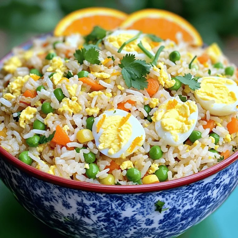 - 3 cups cooked jasmine rice - 2 tablespoons vegetable oil - 1 medium onion, diced - 2 cloves garlic, minced - 1 cup mixed vegetables (e.g., peas, carrots, corn) - 2 large eggs, beaten - 2 tablespoons soy sauce - 1 tablespoon citrus zest - 2 tablespoons fresh citrus juice - Salt and pepper, to taste - Optional garnishes (e.g., cilantro, lime or orange slices) Easy fried rice is a simple dish. You need some key ingredients for great flavor. You should use jasmine rice. It adds a nice texture. Cooked rice is best if it’s a day old. This helps it fry better. You will also need oil. It helps to cook the vegetables and eggs. A medium onion and minced garlic bring in lots of flavor. Mixed vegetables add color and nutrition. You can use frozen peas, diced carrots, and corn. They cook quickly and taste great. Don’t forget the eggs! They add protein and richness to the dish. Soy sauce gives fried rice its savory taste. The citrus zest and juice add a bright, fresh flavor. You can use lime or orange, depending on your taste. Lastly, season with salt and pepper for a balanced taste. - Alternatives for cooked jasmine rice - Other vegetable options - Protein boosts such as chicken or shrimp If you don’t have jasmine rice, you can use long-grain rice or brown rice. These options work too. You can also mix in other vegetables. Bell peppers, broccoli, or snap peas can be fun choices. Looking for protein? You can add cooked chicken, shrimp, or tofu. Just chop them small and toss them in with the veggies. This makes the dish heartier. For the full recipe, check the section above. Enjoy your cooking! To make great fried rice, start with the rice. Use cooked jasmine rice that is day-old. This rice is drier and will fry better. If you use fresh rice, it may turn mushy. Next, chop your vegetables. You can use any mix you like. I often choose frozen peas, diced carrots, and corn. Dice one medium onion finely and set it aside. This will add a nice flavor to your dish. For cooking, grab a large skillet or a wok. Heat 2 tablespoons of vegetable oil over medium-high heat. When the oil is hot, add the diced onion. Cook for about 2-3 minutes until the onion is soft and clear. Now, add 2 cloves of minced garlic. Stir for about 30 seconds until you smell that wonderful aroma. Next, add your mixed vegetables. Cook them for 3-4 minutes, stirring often. You want them tender and warm. Push the veggies to one side of the pan. Pour in 2 beaten eggs into the empty space. Scramble the eggs until they are fully cooked. After that, mix the eggs in with the vegetables. Add 3 cups of cooked jasmine rice. Use a spatula to break up any clumps. Make sure the rice mixes well with the eggs and veggies. Pour in 2 tablespoons of soy sauce, 1 tablespoon of citrus zest, and 2 tablespoons of fresh citrus juice. Stir everything together to blend the flavors. Let the rice cook for another 3-5 minutes. This will help it get a nice crisp on the bottom. If you want, cover the skillet for a minute to create some steam. Before serving, taste your fried rice. Add salt and pepper to suit your taste. Just before serving, fold in some sliced green onion for a fresh touch. If you want a pop of color, add fresh cilantro on top. To achieve that crispy texture, let the rice sit in the pan a bit longer. You can also stir less frequently after adding the rice. This allows it to crisp up nicely. Enjoy your delicious fried rice with vibrant, zesty flavors! Using day-old rice is key for great fried rice. Freshly made rice is too wet. It clumps together and doesn’t fry well. Day-old rice dries out a bit in the fridge. This gives it a better texture and allows it to fry up nice and crisp. Heat management is also very important. Use high heat when cooking. This helps to add flavor and keeps the rice from getting soggy. Make sure your skillet or wok is hot before adding oil. When the oil shimmers, it is ready for the next steps. One common mistake is using wet rice. Wet rice can make your dish mushy. Always use rice that has dried a bit in the fridge. If you don’t have day-old rice, try spreading fresh rice on a plate. Let it cool for 30 minutes before using. Another mistake is overcooking vegetables or eggs. For the best taste, cook your veggies until they are just tender. If you cook them too long, they lose their crunch and color. Scramble the eggs quickly, then mix them into the rice. This keeps them fluffy and light. To add aroma and depth of flavor, use fresh herbs and spices. A bit of ginger or sesame oil can elevate your dish. Adding a splash of rice vinegar can also add zing. You can customize flavors with spices. Try adding chili flakes for heat or turmeric for color. You can even add different sauces, like teriyaki, for a twist. Experimenting with flavors makes your fried rice unique and exciting. {{image_4}} Fried rice is super fun because you can change it up! One tasty option is Sizzling Citrus Fried Rice. This style adds bright flavors with citrus zest and juice. Here’s what you’ll need for this recipe: - 3 cups cooked jasmine rice - 2 tablespoons vegetable oil - 1 medium onion, diced - 2 cloves garlic, minced - 1 cup mixed vegetables - 2 large eggs, beaten - 2 tablespoons soy sauce - 1 tablespoon citrus zest - 2 tablespoons fresh citrus juice - 1 green onion, sliced thinly - Salt and pepper, to taste - Optional: Fresh cilantro, chopped You can also try other flavor profiles. Think teriyaki fried rice with sweet soy sauce. Or, go Thai basil for a fresh twist! Just swap out the soy sauce for a different sauce to fit your taste. If you're vegetarian or vegan, you can adapt fried rice easily. Skip the eggs and use tofu for protein. Just scramble the tofu instead of the eggs. For gluten-free options, use tamari instead of soy sauce. It gives a similar taste without the gluten. Using seasonal veggies makes fried rice even better! In spring, add asparagus and peas. In summer, toss in fresh corn and bell peppers. In fall, try squash or sweet potatoes. Adding fresh herbs like basil or cilantro gives a nice pop of flavor. This keeps your fried rice fresh and exciting all year round! To keep your fried rice fresh, cool it first. Then, transfer it to a clean container. Use airtight containers to store it in the fridge. This helps keep moisture out. Store your fried rice for up to four days. For best results, label the container with the date. You can reheat fried rice safely in two main ways: the microwave or the stovetop. If you use the microwave, place the rice in a bowl. Add a splash of water to keep it moist. Cover with a microwave-safe lid. Heat for 1-2 minutes, stirring halfway through. For stovetop reheating, use a skillet on medium heat. Add a bit of oil to prevent sticking. Stir the rice frequently for even heating. This method keeps the texture better. Make sure to check that it’s heated through. To enhance flavor, add a dash of soy sauce while reheating. You can store fried rice in the fridge for about three to four days. Make sure to cool it first. Once cooled, place it in an airtight container. This keeps it fresh and safe to eat. Always check for any odd smells or changes in color before cooking it again. Yes, you can freeze fried rice. To freeze, let it cool completely. Then, place it in a freezer-safe bag or container. Press out any extra air to prevent freezer burn. It can last for about one to two months. When you want to use it, thaw it in the fridge overnight before reheating. The best rice for fried rice is day-old jasmine rice. It has a firm texture that holds up well during cooking. Freshly cooked rice can be too soft and sticky. If you don’t have jasmine rice, you can use long-grain rice. This helps keep the grains separate and fluffy. In this blog post, I shared how to make easy fried rice with simple steps and tips. I covered key ingredients and substitutions, ensuring you can customize it to your taste. Remember, using day-old rice is crucial for perfect texture. Avoid common mistakes like overcooking or using wet rice. With these guidelines, you can create delicious fried rice every time. Experiment with seasonal veggies to keep it fresh and exciting. Now, grab your ingredients and start cooking! Enjoy your tasty fried rice adventures!