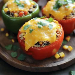 To make savory quinoa stuffed peppers, you will need the following items: - 4 large bell peppers (pick your favorite colors) - 1 cup quinoa, rinsed and drained - 2 cups vegetable broth (or water) - 1 cup black beans, rinsed and drained - 1 cup corn kernels (fresh, frozen, or canned) - 1 small red onion, finely chopped - 2 cloves garlic, minced - 1 teaspoon ground cumin - 1 teaspoon chili powder - Salt and freshly ground black pepper, to taste - 1 cup diced tomatoes (fresh or canned) - 1 cup shredded cheese (cheddar, mozzarella, or your choice) - Fresh cilantro, chopped When using canned black beans, rinse them well. This helps to remove excess sodium. If using frozen corn, make sure it is thawed before adding. Choose cheese based on your taste preference but check for freshness. Fresh herbs, like cilantro, should be washed and dried to retain their flavor. You can swap quinoa for brown rice or farro. For a vegan version, leave out the cheese or use a dairy-free alternative. Instead of black beans, try pinto beans or lentils for a different flavor. If you want more spice, add jalapeños or diced green chilies. For a unique twist, include chopped spinach or kale in your filling for added nutrition. For the full recipe, please refer to the [Full Recipe]. First, you need to prepare the bell peppers. Cut off the tops and remove the seeds. You can save the tops for a fun garnish later. Make sure the peppers stand upright. This helps them hold the filling well. Next, cook the quinoa. In a medium pot, mix the rinsed quinoa with vegetable broth. Bring it to a boil, then lower the heat. Cover it and let it simmer for about 15 minutes. The quinoa should look fluffy when it’s done. Now, it’s time to sauté the veggies. Heat a splash of oil in a large skillet over medium heat. Add the chopped red onion and minced garlic. Stir them for about 3-4 minutes, until the onion is soft and clear. This step adds great flavor. After that, add the black beans, corn, cumin, chili powder, and diced tomatoes to the skillet. Stir well to mix everything. Gently fold in the fluffy quinoa, and season with salt and pepper. Let it simmer for 5 minutes to blend the flavors. It’s time to stuff the peppers! Spoon the quinoa filling into each pepper. Pack it down a bit to fit it all in. Place the stuffed peppers in a baking dish. If you have leftover filling, scatter it around the peppers for extra taste. Finally, sprinkle cheese over the tops of the peppers. Cover the dish with foil and bake at 375°F (190°C) for 25 minutes. Remove the foil and bake for another 10-15 minutes. The peppers should be soft, and the cheese bubbly. Let them cool for a bit before serving. Garnish with fresh cilantro for a pop of color. Enjoy this healthy meal! For the full recipe, check the section above. To cook quinoa perfectly, start with a 1:2 ratio of quinoa to liquid. I recommend using vegetable broth for added flavor. Rinse the quinoa well to remove its bitter coating called saponin. Bring the broth to a quick boil, then lower the heat and cover. Let it simmer for about 15 minutes. Once done, fluff it with a fork. This simple technique ensures a light, fluffy texture perfect for stuffing peppers. Boost the flavor of your filling by using fresh herbs. Adding chopped cilantro, parsley, or even basil can brighten the dish. Spices like cumin and chili powder give depth and warmth. Don't forget to season with salt and pepper throughout the cooking process. Taste as you go! Adjusting flavors while cooking helps create a balanced dish. Cheese adds a rich, creamy layer to your stuffed peppers. You can use cheddar for a sharp taste or mozzarella for a milder flavor. Feta cheese can add a nice tang if you want something different. For a vegan option, use nutritional yeast or dairy-free cheese. Each type of cheese will bring its unique flavor and texture to the dish. Explore different combinations until you find your favorite! For the full recipe, check out the detailed instructions. {{image_4}} You can easily make this dish vegan. Simply skip the cheese or use a plant-based cheese. For a protein boost, add lentils or chickpeas to the filling. These options still pack great flavor and nutrients. You can also add diced vegetables like zucchini or mushrooms for extra texture. The key is to keep it colorful and tasty. If you want to add meat, ground turkey or chicken works well. Brown the meat first in the skillet before adding other filling ingredients. This adds richness to the dish. You can use beef for a heartier taste. Just remember to drain any excess fat to keep it healthy. Ensure the meat is fully cooked before you stuff the peppers. Quinoa is a fantastic base, but you can switch it up. Use brown rice or farro for a different flavor. Each grain brings its unique texture. If you want a lighter option, try cauliflower rice. It’s low in carbs but still filling. Experiment with what you like best! Each grain will give your stuffed peppers a new twist. For the full recipe, check back to see how these variations fit into your cooking plans. Store leftover savory quinoa stuffed peppers in an airtight container. Keep them in the fridge. They stay fresh for 3 to 5 days. Always allow them to cool before sealing. This helps avoid excess moisture. You can freeze stuffed peppers for later meals. Wrap each pepper tightly in plastic wrap. Then, place them in a freezer-safe bag or container. They can last up to 3 months in the freezer. Thaw them in the fridge overnight before cooking. To reheat, preheat your oven to 350°F (175°C). Place the peppers in a baking dish. Cover them with foil to keep them moist. Heat for about 20 minutes, or until hot throughout. You can also microwave them for 2 to 3 minutes, but the oven keeps them crispy. Enjoy your delicious meal again! Yes, you can use other types of peppers. Bell peppers are popular, but you can try poblano, jalapeño, or banana peppers. Each type adds a unique flavor. Just remember, smaller peppers may need less filling. To make this recipe gluten-free, ensure you use gluten-free vegetable broth. Quinoa is naturally gluten-free, making it a great choice. Check your spices too. Some blends may contain gluten, so read labels. Savory quinoa stuffed peppers pair well with a fresh salad or steamed veggies. You can also serve them with a side of rice or a light soup. These options complement the flavors well. Leftovers of stuffed peppers last about 3 to 5 days in the fridge. Store them in an airtight container. Reheat them in the oven or microwave before serving. Yes, you can prepare stuffed peppers in advance. Stuff the peppers and cover them tightly. Store them in the fridge for up to 24 hours before baking. This saves time on busy days. For the best results, bake them just before you serve. This post covered all you need to know about making stuffed peppers. We explored key ingredients, cooking steps, and handy tips. You learned about substitutions and variations to fit your tastes. Remember, these peppers are versatile and good for many diets. Storage tips help you keep leftovers fresh longer. Feel free to experiment with flavors and fillings. You can create a dish that delights everyone at your table. Enjoy cooking and savoring your stuffed peppers!