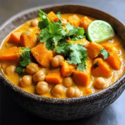- 2 medium sweet potatoes, peeled and cubed - 1 can (15 oz) chickpeas, rinsed and drained - 1 medium onion, finely chopped - 2 cloves garlic, minced - 1 tablespoon fresh ginger, minced Sweet potatoes give this curry its sweet flavor and creamy texture. Chickpeas add protein and make the dish filling. The onion, garlic, and ginger provide a great base with their strong aromas. Together, they create a rich and savory mix. - 2 tablespoons curry powder - 1 teaspoon ground cumin - 1 teaspoon ground turmeric The spices are essential. Curry powder brings warmth and depth. Ground cumin adds a nutty taste, while turmeric gives a vibrant color. These spices work together to create a lovely flavor that complements the sweet potatoes. - 1 can (14 oz) coconut milk - 1 cup vegetable broth - Fresh cilantro, for garnish - Lime wedges, for serving Coconut milk gives the curry a creamy, rich base. Vegetable broth adds more flavor and depth. Garnishing with fresh cilantro adds brightness. The lime wedges provide a zesty kick that balances the sweetness of the dish. For the full recipe, check the details provided earlier. Start by heating the olive oil in a large pot over medium heat. Once the oil is hot, add the finely chopped onion. Sauté the onion for about 5 minutes. You want it to turn soft and translucent. This step builds a great base for your curry. Next, add the minced garlic and ginger to the pot. Stir them in well. Cook for about 1-2 minutes until the garlic and ginger smell amazing. This adds depth and flavor to your dish. Now, it's time to mix in the spices. Sprinkle the curry powder, cumin, and turmeric into the pot. Stir the spices well into the onion mixture. Let them cook for about 1 minute. This step helps release their rich flavors and aromas. Your kitchen will smell incredible! Now, carefully add the cubed sweet potatoes to the pot. Mix them in well with the spiced onion base. Make sure they are well-coated with the spices. Next, pour in the coconut milk and vegetable broth. Add the drained chickpeas and stir everything together. Season with salt and pepper to taste. Bring the curry to a gentle boil. Once it starts boiling, reduce the heat to low and cover the pot. Let it simmer for 20-25 minutes. Check the sweet potatoes for tenderness. They should be soft when pierced with a fork. After simmering, taste your curry and adjust the seasoning if needed. For a creamier texture, mash a few pieces of sweet potato with a fork. Stir them back into the sauce. Remove the pot from heat and let it sit for a few minutes. This lets the flavors meld beautifully. For the full recipe, refer to the detailed instructions above. Enjoy your savory sweet potato chickpea curry! To get tender sweet potatoes, cook them for 20-25 minutes. Check them with a fork. If they pierce easily, they are ready. For a creamier sauce, mash some sweet potato pieces with a fork. Stir them back into the curry for a smooth finish. Balancing spice levels is key. Start with less curry powder, then taste and add more if needed. You can also enhance the dish with fresh garnishes. Chopped cilantro adds a bright touch. A squeeze of lime juice brings in a fresh zing. Serve your curry over fluffy basmati rice or with warm naan. This combo makes the meal hearty. For a great presentation, ladle the curry into bowls. Add a sprinkle of cilantro on top. Place lime wedges on the side for a pop of color and flavor. {{image_4}} You can swap chickpeas for other legumes. Black beans or lentils work well too. They add great texture and flavor to your curry. You can also add different vegetables. Try spinach, zucchini, or bell peppers for a fresh twist. These options keep the dish colorful and nutritious. If you like heat, add chili peppers. Sliced jalapeños or crushed red pepper flakes can spice things up. You can also experiment with different curry powders. Each blend offers unique flavors and aromas. Trying a new spice mix can change the dish entirely. To make it gluten-free, check your curry powder. Most are safe, but some may contain gluten. Adding protein options for non-vegans is easy. You can throw in cooked chicken or tofu for extra protein. These options keep the dish filling and satisfying. To keep your sweet potato chickpea curry fresh, use airtight containers. Glass or plastic containers work well. Make sure they seal tightly. This keeps out air and moisture. If you want to store the curry for longer, consider freezing it. Use freezer-safe containers or bags. Leave some space at the top for expansion. When it's time to enjoy your curry again, you have two great options: the microwave or stovetop. For the microwave, place your portion in a bowl. Cover it loosely to prevent splatters. Heat it for 1-2 minutes, stirring halfway through. For stovetop reheating, pour the curry into a pan. Heat it on low, stirring often. This helps keep the texture nice. Always check if it’s hot all the way through. In the fridge, your sweet potato chickpea curry lasts about 3-4 days. Make sure to store it properly to maintain its flavor. If you notice any off smells or changes in color, it's best to toss it. Signs of spoilage can include mold or a sour smell. Always trust your senses when it comes to food safety. For more tips on making this curry, check out the Full Recipe. Can I make this curry ahead of time? Yes, you can make this curry ahead. It tastes even better the next day! Just store it in the fridge. Reheat it on the stove or in the microwave. What can I serve with sweet potato chickpea curry? You can serve it with fluffy basmati rice or warm naan. Both pair well and soak up the sauce. Fresh lime wedges add a nice touch too! Can I use fresh chickpeas instead of canned? Yes, you can use fresh chickpeas. Soak them overnight and cook them until tender. This may take longer than canned ones, which are ready to use. What type of sweet potatoes are best for this recipe? Use orange-fleshed sweet potatoes for a sweet flavor. They cook well and add a creamy texture to the curry. How can I thicken my curry? To thicken your curry, mash a few sweet potato cubes. This adds creaminess to the sauce. You can also add a bit more coconut milk if needed. Is there a way to make this recipe spicier? Yes! You can add chili powder or fresh chili peppers. Stir in just a little at first, then taste. Adjust to your heat level! This blog outlined how to make sweet potato chickpea curry. We explored key ingredients like sweet potatoes, chickpeas, and spices. I shared step-by-step instructions to ensure great taste and texture. We also covered storage tips and answered common questions. In closing, this dish is not just nutritious; it's also versatile. You can adjust it to suit your tastes. So gather your ingredients and start cooking—this meal will delight your senses!