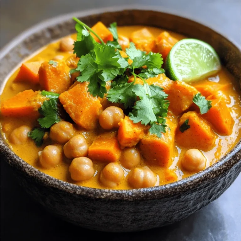 - 2 medium sweet potatoes, peeled and cubed - 1 can (15 oz) chickpeas, rinsed and drained - 1 medium onion, finely chopped - 2 cloves garlic, minced - 1 tablespoon fresh ginger, minced Sweet potatoes give this curry its sweet flavor and creamy texture. Chickpeas add protein and make the dish filling. The onion, garlic, and ginger provide a great base with their strong aromas. Together, they create a rich and savory mix. - 2 tablespoons curry powder - 1 teaspoon ground cumin - 1 teaspoon ground turmeric The spices are essential. Curry powder brings warmth and depth. Ground cumin adds a nutty taste, while turmeric gives a vibrant color. These spices work together to create a lovely flavor that complements the sweet potatoes. - 1 can (14 oz) coconut milk - 1 cup vegetable broth - Fresh cilantro, for garnish - Lime wedges, for serving Coconut milk gives the curry a creamy, rich base. Vegetable broth adds more flavor and depth. Garnishing with fresh cilantro adds brightness. The lime wedges provide a zesty kick that balances the sweetness of the dish. For the full recipe, check the details provided earlier. Start by heating the olive oil in a large pot over medium heat. Once the oil is hot, add the finely chopped onion. Sauté the onion for about 5 minutes. You want it to turn soft and translucent. This step builds a great base for your curry. Next, add the minced garlic and ginger to the pot. Stir them in well. Cook for about 1-2 minutes until the garlic and ginger smell amazing. This adds depth and flavor to your dish. Now, it's time to mix in the spices. Sprinkle the curry powder, cumin, and turmeric into the pot. Stir the spices well into the onion mixture. Let them cook for about 1 minute. This step helps release their rich flavors and aromas. Your kitchen will smell incredible! Now, carefully add the cubed sweet potatoes to the pot. Mix them in well with the spiced onion base. Make sure they are well-coated with the spices. Next, pour in the coconut milk and vegetable broth. Add the drained chickpeas and stir everything together. Season with salt and pepper to taste. Bring the curry to a gentle boil. Once it starts boiling, reduce the heat to low and cover the pot. Let it simmer for 20-25 minutes. Check the sweet potatoes for tenderness. They should be soft when pierced with a fork. After simmering, taste your curry and adjust the seasoning if needed. For a creamier texture, mash a few pieces of sweet potato with a fork. Stir them back into the sauce. Remove the pot from heat and let it sit for a few minutes. This lets the flavors meld beautifully. For the full recipe, refer to the detailed instructions above. Enjoy your savory sweet potato chickpea curry! To get tender sweet potatoes, cook them for 20-25 minutes. Check them with a fork. If they pierce easily, they are ready. For a creamier sauce, mash some sweet potato pieces with a fork. Stir them back into the curry for a smooth finish. Balancing spice levels is key. Start with less curry powder, then taste and add more if needed. You can also enhance the dish with fresh garnishes. Chopped cilantro adds a bright touch. A squeeze of lime juice brings in a fresh zing. Serve your curry over fluffy basmati rice or with warm naan. This combo makes the meal hearty. For a great presentation, ladle the curry into bowls. Add a sprinkle of cilantro on top. Place lime wedges on the side for a pop of color and flavor. {{image_4}} You can swap chickpeas for other legumes. Black beans or lentils work well too. They add great texture and flavor to your curry. You can also add different vegetables. Try spinach, zucchini, or bell peppers for a fresh twist. These options keep the dish colorful and nutritious. If you like heat, add chili peppers. Sliced jalapeños or crushed red pepper flakes can spice things up. You can also experiment with different curry powders. Each blend offers unique flavors and aromas. Trying a new spice mix can change the dish entirely. To make it gluten-free, check your curry powder. Most are safe, but some may contain gluten. Adding protein options for non-vegans is easy. You can throw in cooked chicken or tofu for extra protein. These options keep the dish filling and satisfying. To keep your sweet potato chickpea curry fresh, use airtight containers. Glass or plastic containers work well. Make sure they seal tightly. This keeps out air and moisture. If you want to store the curry for longer, consider freezing it. Use freezer-safe containers or bags. Leave some space at the top for expansion. When it's time to enjoy your curry again, you have two great options: the microwave or stovetop. For the microwave, place your portion in a bowl. Cover it loosely to prevent splatters. Heat it for 1-2 minutes, stirring halfway through. For stovetop reheating, pour the curry into a pan. Heat it on low, stirring often. This helps keep the texture nice. Always check if it’s hot all the way through. In the fridge, your sweet potato chickpea curry lasts about 3-4 days. Make sure to store it properly to maintain its flavor. If you notice any off smells or changes in color, it's best to toss it. Signs of spoilage can include mold or a sour smell. Always trust your senses when it comes to food safety. For more tips on making this curry, check out the Full Recipe. Can I make this curry ahead of time? Yes, you can make this curry ahead. It tastes even better the next day! Just store it in the fridge. Reheat it on the stove or in the microwave. What can I serve with sweet potato chickpea curry? You can serve it with fluffy basmati rice or warm naan. Both pair well and soak up the sauce. Fresh lime wedges add a nice touch too! Can I use fresh chickpeas instead of canned? Yes, you can use fresh chickpeas. Soak them overnight and cook them until tender. This may take longer than canned ones, which are ready to use. What type of sweet potatoes are best for this recipe? Use orange-fleshed sweet potatoes for a sweet flavor. They cook well and add a creamy texture to the curry. How can I thicken my curry? To thicken your curry, mash a few sweet potato cubes. This adds creaminess to the sauce. You can also add a bit more coconut milk if needed. Is there a way to make this recipe spicier? Yes! You can add chili powder or fresh chili peppers. Stir in just a little at first, then taste. Adjust to your heat level! This blog outlined how to make sweet potato chickpea curry. We explored key ingredients like sweet potatoes, chickpeas, and spices. I shared step-by-step instructions to ensure great taste and texture. We also covered storage tips and answered common questions. In closing, this dish is not just nutritious; it's also versatile. You can adjust it to suit your tastes. So gather your ingredients and start cooking—this meal will delight your senses!