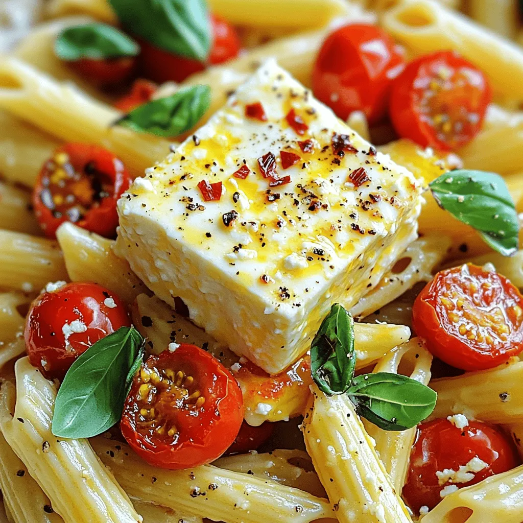- 200g (7 oz) pasta (penne or fusilli recommended) - 200g (7 oz) block of feta cheese - 250g (9 oz) cherry tomatoes - 3 cloves of garlic - 1 teaspoon red pepper flakes - 3 tablespoons extra virgin olive oil - 1 teaspoon dried oregano - Salt and freshly cracked black pepper - Fresh basil leaves for garnish - Grated Parmesan cheese for serving This dish provides about 400 calories per serving. Feta cheese offers protein and calcium. Tomatoes are rich in vitamins A and C. Olive oil adds healthy fats. Red pepper flakes can boost metabolism. Enjoy the flavors while getting good nutrition! When you cook this dish, you combine tasty ingredients and great health benefits. Each bite brings joy and good energy. You can find the full recipe within this article. 1. Preheat your oven to 200°C (400°F). This ensures your dish cooks evenly. 2. In a large baking dish, mix the halved cherry tomatoes, minced garlic, red pepper flakes, and olive oil. Season with salt and cracked black pepper. Toss everything well to coat. 1. Make a small indent in the center of the tomato mix. Place the block of feta cheese in this space. Drizzle extra olive oil over the feta and sprinkle dried oregano on top. 2. Bake in the oven for about 25 to 30 minutes. Look for blistered tomatoes and soft, golden feta. 1. While the feta and tomatoes bake, cook your pasta as per the package directions. Save about 1 cup of the starchy pasta water before draining. 2. Once the feta and tomatoes are done, take the dish out of the oven. Use a fork to mash the feta into the tomatoes, forming a creamy sauce. 3. Add the cooked pasta to the dish. Mix everything together until the pasta is coated in the sauce. If the mixture seems dry, stir in some reserved pasta water to reach your desired consistency. For detailed guidance, check the Full Recipe. How to achieve perfectly cooked pasta To cook pasta well, always use a large pot with water. Add salt to the water; it should taste like the sea. Bring the water to a rolling boil before adding the pasta. Stir occasionally to prevent sticking. Cook until al dente, which means it should be firm but not hard. Always check the package for exact cooking times. Best practices for roasting tomatoes and feta Roasting enhances flavors. Use ripe cherry tomatoes for the best taste. Toss them with garlic, olive oil, and seasonings. Make sure to spread them in a single layer on your baking dish. Place the feta in the center to soak up the juicy goodness. Bake until the tomatoes burst, and the feta softens. Presentation tips for a gourmet touch For a beautiful dish, serve in shallow bowls. Top with fresh basil leaves and a drizzle of olive oil. A sprinkle of grated Parmesan adds elegance. You can also garnish with extra red pepper flakes for color. Ideal pairs (wine, bread, side dishes) This dish pairs well with a light white wine, like Sauvignon Blanc. A crusty bread complements the creamy sauce. For side dishes, consider a simple green salad or roasted vegetables to balance the meal. Overbaking the feta Keep an eye on the feta while it bakes. If you bake it too long, it will become dry and crumbly. The goal is soft and melty feta that mixes well with the tomatoes. Not reserving enough pasta water Always remember to reserve some pasta water before draining. This starchy water helps create a creamy sauce. If your pasta seems dry, add a little reserved water to reach the desired consistency. {{image_4}} You can change the cheese or pasta type in this dish. If you want a creamier taste, try goat cheese or ricotta. For pasta, whole wheat or gluten-free options work well too. You can also add more vegetables for extra nutrition. Spinach, zucchini, or bell peppers are great choices. Just chop them up and mix them in with the tomatoes before baking. Adding herbs and spices can make this dish even better. Try fresh thyme or basil for a bright taste. You can also mix in some lemon zest for a zesty kick. If you want protein, add cooked chicken or shrimp. They complement the feta and make the meal heartier. For a vegan option, swap the feta cheese for a plant-based alternative. There are great brands that mimic feta's flavor. You can also use cashew cheese for creaminess. For gluten-free pasta, look for options made from rice or chickpeas. These choices keep the dish tasty and suitable for different diets. After making baked feta pasta, let it cool. Store leftovers in an airtight container. Place it in the fridge. This keeps the pasta fresh and safe. You can store it for up to three days. If you want it to last longer, freezing is a great option. When you want to eat the leftovers, you can reheat them in a few ways. The best method is using an oven. Preheat your oven to 175°C (350°F). Place the pasta in an oven-safe dish. Cover it with foil to keep it moist. Heat for about 15 minutes. You can also use a microwave. Put the pasta in a microwave-safe bowl. Warm it for 1-2 minutes, stirring halfway through. This helps keep the creaminess and flavor intact. Yes, you can freeze baked feta pasta! To do this, let it cool completely. Transfer it to a freezer-safe container. Make sure to leave some space for expansion. You can freeze it for up to three months. When you want to eat it, defrost it overnight in the fridge. Reheat it in the oven or microwave. This way, you get to enjoy this delightful dish anytime! For the full recipe, check out the detailed steps above. Baked feta pasta is a simple and tasty dish. It features a block of feta cheese, tomatoes, garlic, and pasta. You bake the feta and tomatoes together, creating a creamy sauce. This dish became popular on social media for its ease and flavor. It’s perfect for busy weeknights or cozy gatherings. Yes, you can prep baked feta pasta ahead of time. Cook the pasta and prepare the tomato mix. Store them separately in the fridge. Bake the feta and tomatoes when you're ready to eat. This helps keep the pasta from getting mushy. You can make a vegan version of baked feta pasta. Use a plant-based feta cheese instead of regular feta. Some brands offer great taste and texture. You can also try cashew cheese as another option. To avoid mushy pasta, cook it al dente. This means it should still have a little bite. Reserve some pasta water when draining. Add it slowly to the sauce if needed for creaminess. Mix gently to keep the pasta intact. If you don’t have feta, try goat cheese or ricotta. Goat cheese offers a tangy flavor. Ricotta adds creaminess but is milder. Both can work well in baked feta pasta. The spice level with red pepper flakes depends on how much you use. One teaspoon adds mild heat. You can use less for no spice or more for extra kick. Adjust it to your taste for the perfect dish. For the complete recipe, check out the [Full Recipe]. Baked feta pasta combines simple ingredients to create a delightful dish. We explored the main and optional ingredients, along with their health benefits. I detailed each step for preparation, baking, and mixing, ensuring you achieve a creamy sauce. To enhance your dish, I provided tips on cooking and serving. I also shared variations, storage methods, reheating tips, and FAQs. This dish is easy to customize and enjoy. Whether for a quick meal or a gathering, baked feta pasta is sure to impress.