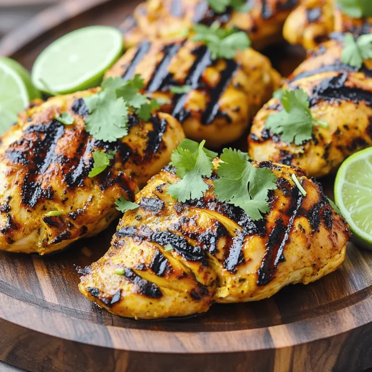 To make Ginger Lime Grilled Chicken, you need: - 4 boneless, skinless chicken breasts - 2 tablespoons fresh ginger, finely grated - Zest and juice of 2 limes - 3 tablespoons honey - 3 tablespoons low-sodium soy sauce (or regular, as preferred) - 2 cloves garlic, minced - 1 tablespoon sesame oil - Salt and pepper to taste - Fresh cilantro, chopped (for garnish) You will need a few simple tools: - Medium mixing bowl - Whisk - Large resealable plastic bag or shallow dish - Grill - Meat thermometer - Platter For extra flair, consider these garnishes: - Lime wedges - Sliced green onions - Additional chopped cilantro Each ingredient plays a key role in creating a bright and zesty flavor. The ginger adds warmth, while the lime brings a burst of freshness. The honey balances the ingredients with a touch of sweetness. Using fresh ingredients makes a big difference in taste. You can find the Full Recipe if you want detailed instructions on how to prepare this dish. To make the marinade, gather your ingredients first. You will need fresh ginger, lime zest, lime juice, honey, soy sauce, minced garlic, sesame oil, salt, and pepper. Start by grating the ginger finely. Then, zest two limes and squeeze their juice into a mixing bowl. Add the ginger, honey, soy sauce, garlic, sesame oil, and salt and pepper. Whisk everything together until smooth and well-blended. This marinade brings out fresh and zesty flavors. Next, take four boneless, skinless chicken breasts. Place them in a large resealable plastic bag or a shallow dish. Pour your marinade over the chicken. Make sure every piece is coated. This is key for flavor. Seal the bag or cover the dish. Let it sit in the fridge for at least 30 minutes, or up to 4 hours for more taste. The longer the chicken marinates, the better the flavors mix into the meat. Now it's time to grill! Preheat your grill to medium-high heat, aiming for about 400°F (200°C). Make sure the grill gets hot to create nice grill marks. Remove the chicken from the marinade and let any extra liquid drip off. Discard the leftover marinade for safety. Place the chicken on the grill and cook for about 6-7 minutes on each side. You know it's done when the internal temperature hits 165°F (75°C). After grilling, take the chicken off and let it rest for five minutes. This helps keep it juicy. Slice the chicken and serve it on a platter, garnished with chopped cilantro for a fresh touch. Enjoy this delightful meal! For the complete recipe, check out the Full Recipe section. Grilling chicken can be easy and fun. Here are some tips to make it great: - Use a clean grill. This helps prevent sticking. - Preheat the grill. Aim for around 400°F (200°C) for nice grill marks. - Oil the grill grates. This helps keep your chicken from sticking. - Don’t flip too often. Let the chicken cook for 6-7 minutes on each side to get the best sear. To get the best flavor from your ginger lime grilled chicken: - Marinate well. Let the chicken soak in the ginger-lime mix for at least 30 minutes. Longer is better for deeper taste. - Use fresh ingredients. Fresh ginger and limes make a big difference. - Taste as you go. Adjust seasonings in the marinade to your liking. Avoid these common mistakes for perfect chicken: - Skipping the marinade. This step adds flavor and moisture. - Cooking chicken straight from the fridge. Let it sit at room temp for 15 minutes before grilling. - Not checking doneness. Use a meat thermometer. The chicken should reach 165°F (75°C). With these tips, you’ll make ginger lime grilled chicken that tastes amazing! For the full recipe, check the earlier section. {{image_4}} You can swap chicken with other proteins for this recipe. Try using shrimp, pork, or tofu. Each option brings a unique taste. Shrimp cooks fast and absorbs flavors well. Pork adds a hearty touch, while tofu is great for plant lovers. Adjust cooking times based on your protein choice. Don't worry if you lack an ingredient! You can use different items without losing flavor. If you don’t have fresh ginger, try ground ginger instead. For honey, maple syrup works too. Low-sodium soy sauce can be replaced with tamari for gluten-free diets. Fresh cilantro can be switched with parsley or green onions for a fresh finish. Want some heat? Add chili flakes or hot sauce to the marinade. Start with a small amount and taste. You can also mix in fresh jalapeños or sriracha for a spicy kick. This spicy twist enhances the zing of ginger and lime. Adjust the heat to your preference and enjoy! After enjoying your ginger lime grilled chicken, let any leftovers cool down. Place the chicken in an airtight container. You can store it in the fridge for up to three days. Make sure it’s sealed well to keep it fresh. If you have leftover marinade, avoid storing it. It’s best to discard any used marinade for safety. If you want to save your grilled chicken for later, freezing is a great option. Allow the chicken to cool completely. Wrap each piece tightly in plastic wrap, then place them in a freezer-safe bag. Squeeze out as much air as possible before sealing. You can freeze the chicken for up to three months. Label the bag with the date to keep track. When you’re ready to eat, reheating the chicken is easy. Take it out of the fridge or freezer. For fridge leftovers, place the chicken in the microwave. Heat it on medium power for one to two minutes. Check it often to avoid overcooking. If it’s frozen, let it thaw in the fridge overnight first. Then, reheat as before. You can also reheat on the grill for added flavor. Just warm it for a few minutes until it’s hot throughout. Enjoy your meal again! I recommend marinating the chicken for at least 30 minutes. This time allows the flavors to soak in. For a deeper taste, you can marinate for up to 4 hours. Just be careful not to go too long, as the lime juice can make the chicken tough. Yes, you can use bone-in chicken. However, keep in mind that cooking time will change. Bone-in pieces take longer to cook through. Make sure to check that the internal temperature reaches 165°F (75°C) to ensure safety. Many sides complement this dish. Here are a few tasty options: - Rice pilaf - Grilled vegetables - Fresh salad with lime dressing - Quinoa with herbs - Corn on the cob These sides will balance the bright flavors of your Ginger Lime Grilled Chicken. For more ideas, check out the Full Recipe. Grilling chicken brings joy and flavor. We covered the ingredients, tools, and tips needed. Remember to marinate well for the best taste. Use our common mistakes section to avoid issues while cooking. Feel free to try different proteins or add garnishes as you like. Store leftovers properly and reheat them for future meals. Enjoy your tasty, grilled chicken, and impress your family and friends with these simple steps!