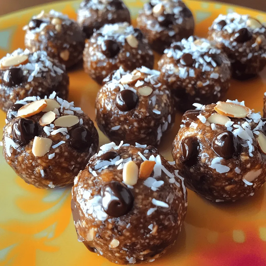 - 1 cup rolled oats - ½ cup creamy almond butter - ¼ cup honey or maple syrup These main ingredients are the heart of your bites. Rolled oats give a nice texture. Creamy almond butter adds richness. Honey or maple syrup provides sweetness. - 1 cup unsweetened shredded coconut - ½ cup dark chocolate chips - ¼ cup finely chopped almonds The additional ingredients really make these bites shine. Unsweetened shredded coconut gives a tropical flavor. Dark chocolate chips add a sweet touch. Finely chopped almonds give a nice crunch. - 1 teaspoon pure vanilla extract - ½ teaspoon sea salt Flavor enhancers are key in this recipe. Pure vanilla extract adds depth. A pinch of sea salt balances the sweetness. For the full recipe, check the details above. Enjoy making these Almond Joy Energy Bites! - Combine 1 cup rolled oats and ½ cup creamy almond butter in a large bowl. - Add ¼ cup honey or maple syrup to the mix. Stir well until it blends. - Incorporate 1 cup unsweetened shredded coconut, ½ cup dark chocolate chips, and ¼ cup finely chopped almonds. - Add 1 teaspoon pure vanilla extract and ½ teaspoon sea salt. Mix thoroughly. - Roll the mixture into bite-sized balls, about 1 inch wide. - Chill the bites in the refrigerator for at least 30 minutes. Store them in an airtight container for up to a week. For the full recipe, check out the detailed instructions and ingredient list. To prevent sticking while rolling the bites, wet your hands slightly. This helps the mixture slide off easily. If the mixture feels too dry, add a splash of almond butter or a little honey. This will help you reach the right consistency. For serving, arrange the energy bites on a colorful plate. You can also use a mason jar for a fun look. To make them pop, sprinkle a bit of shredded coconut on top. This adds a nice touch for your guests. To prepare in advance, roll the bites and chill them first. Once firm, store them in an airtight container. This keeps them fresh for up to one week. You can also freeze them for longer storage. Just place them in a freezer bag and label it. When ready to eat, thaw them in the fridge overnight before serving. {{image_4}} When you make Almond Joy Energy Bites, you can easily change the recipe to fit your taste. Here are some fun ideas. - Use peanut butter instead of almond butter for a different flavor. - Try agave syrup in place of honey or maple syrup for a vegan option. - Add protein powder to boost the nutrition. This makes them great for post-workout snacks. - Incorporate dried fruits or seeds like raisins, chia, or pumpkin seeds for extra texture. - Make nut-free options by using sunflower seed butter instead of almond butter. - For vegan modifications, ensure you use maple syrup and dairy-free chocolate chips. These variations keep your energy bites exciting and can fit different diets. Feel free to mix and match based on what you have at home! Remember, these ideas help you create a snack you love. Check out the Full Recipe for all the details. Store your Almond Joy Energy Bites in an airtight container. This helps keep them fresh. A glass jar or a plastic container will work well. Place a piece of parchment paper between layers if you stack them. This prevents them from sticking together. Refrigerate the container for best results. The cool temperature helps the bites last longer. Avoid storing them at room temperature, as they can get too soft and lose their shape. Almond Joy Energy Bites can last up to one week in the fridge. They taste best within the first few days. Look for signs of spoilage. If you see mold or an off smell, it’s time to throw them out. If they feel very hard or dry, they may not be enjoyable. Always check before eating to ensure they are still fresh. You don’t need to reheat these bites. They taste great straight from the fridge. If they feel a bit firm, let them sit at room temperature for a few minutes. This softens them slightly and makes them enjoyable. For an extra treat, pair them with fresh fruit or a dollop of yogurt. This adds flavor and makes a satisfying snack. Enjoy these bites anytime you need a quick energy boost! To make Almond Joy Energy Bites, follow these simple steps: 1. Mix the base: In a large bowl, combine 1 cup of rolled oats and ½ cup of creamy almond butter. 2. Add sweetness: Pour in ¼ cup of honey or maple syrup. Stir until well mixed. 3. Incorporate flavors: Add 1 cup of unsweetened shredded coconut, ½ cup of dark chocolate chips, ¼ cup of finely chopped almonds, 1 teaspoon of pure vanilla extract, and ½ teaspoon of sea salt. Mix well. 4. Shape the bites: Take small portions and roll them into balls about 1 inch in size. 5. Chill: Place them on a baking sheet and chill in the fridge for at least 30 minutes. 6. Store: Keep them in an airtight container in the refrigerator for up to one week. For the full recipe, check the recipe section. Yes, you can freeze Almond Joy Energy Bites. To do this, first, roll the bites as directed. Next, place them on a baking sheet lined with parchment paper. Freeze them for about an hour until firm. Once frozen, transfer the bites to an airtight container or a zip-top bag. They can last for up to three months in the freezer. To enjoy, simply thaw them in the fridge for a few hours or leave them at room temperature for about 30 minutes. You can try many fun variations of Almond Joy Energy Bites. Here are a few ideas: - Nut Butter Swap: Use peanut butter instead of almond butter for a different taste. - Sweetener Change: Try agave syrup or brown rice syrup instead of honey or maple syrup. - Add-ins: Mix in dried fruit like cranberries or raisins for added sweetness. - Protein Boost: Add some protein powder for an extra energy kick. These changes can give your bites a fresh twist. This recipe yields about 16 Almond Joy Energy Bites. Each bite is perfect for a quick snack or a sweet treat. If you need more bites, you can easily double the recipe! Almond Joy Energy Bites are easy and fun to make. We covered the main and additional ingredients, plus tips for great results. Personalize these bites with different flavors or dietary needs. Store them properly for lasting freshness. With these ideas, you can enjoy delicious, healthy snacks every day. Try these bites for a sweet treat that boosts your energy and satisfies your cravings. You’ll love how simple and tasty they are!