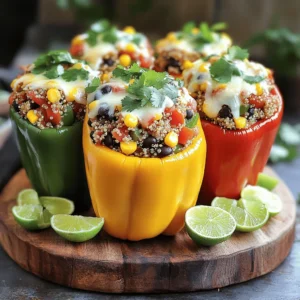 - 4 large bell peppers (You can use red, yellow, or green for color) - 1 cup quinoa (Rinse it well to remove the bitter coating) - 2 cups vegetable broth (This adds great flavor to the quinoa) When you choose the bell peppers, pick ones that are firm and bright. This makes your dish colorful and tasty. Rinse the quinoa under cold water using a fine mesh sieve. This step is key because it removes the saponins, which can taste bitter. Using vegetable broth instead of water enhances the flavor of the quinoa, making it more delicious. - Black beans (These add protein and fiber) - Corn (Fresh corn is sweet, but frozen works too) - Diced tomatoes (Use fresh for a bright taste, or canned for ease) Black beans bring extra nutrition to your dish. They are rich in protein and fiber, which makes the meal filling. Corn adds a sweet crunch. You can use fresh corn when in season, or frozen corn, which is just as good. Diced tomatoes add moisture. You can use fresh ones for a clean taste, or canned ones if you are in a hurry. - Ground cumin (It gives a warm, earthy flavor) - Smoked paprika (This adds a nice depth to the dish) - Chili powder (You can adjust the heat to your liking) Ground cumin has a warm taste that pairs well with the other ingredients. Smoked paprika adds a rich, smoky flavor that enhances the overall dish. Chili powder gives it a kick. You can add more or less depending on how spicy you like your food. Adjusting these spices will help you create a stuffed pepper that suits your taste. For the full recipe, check out the [Full Recipe]. First, set your oven to 375°F (190°C). This step is key for cooking the peppers just right. While the oven heats, you can cook the quinoa. In a medium pot, bring 2 cups of vegetable broth to a boil. Once boiling, add 1 cup of rinsed quinoa. Lower the heat to low, cover, and let it simmer for 15 minutes. The broth will absorb, and the quinoa will become fluffy. After 15 minutes, remove it from heat and let it cool for a bit. Take your four large bell peppers and slice off the tops. Make sure to remove all the seeds and membranes inside. This helps keep the stuffing in and makes them tasty. Lightly drizzle olive oil on the outside of each pepper. Sprinkle a bit of salt to boost their flavor. Use a baking dish to place the peppers upright. This way, they won’t tip over during cooking. In a large skillet, heat a small drizzle of olive oil over medium heat. Add chopped red onion and minced garlic. Sauté them for about 3 to 4 minutes. You want them soft and fragrant. This brings out their natural sweetness. Next, stir in the filling ingredients. Combine black beans, corn, diced tomatoes, cumin, smoked paprika, and chili powder with the cooked quinoa. Mix well and let it cook for another 5 minutes. This helps the flavors blend. Season with salt and pepper, and fold in chopped cilantro for freshness. Now, it’s time to stuff the peppers! Spoon the quinoa mixture into each prepared pepper. Press down to pack it tightly. If you like cheese, sprinkle some on top of each stuffed pepper. Cover your baking dish with aluminum foil and place it in the oven. Bake for 25 minutes. After that, remove the foil and continue baking for another 10 to 15 minutes. Your goal is tender peppers and melted cheese, if you added it. For the full recipe, check out the details above. Enjoy the cooking process! When you buy bell peppers, look for bright colors and firm skin. Fresh peppers taste better and look great on your plate. Avoid any with soft spots or wrinkles. To store them, keep peppers in the fridge. They last longer when you wrap them in a paper towel. To make your quinoa filling perfect, adjust spices to your taste. If you like it spicy, add more chili powder. For a milder flavor, use less. To cook fluffier quinoa, rinse it well before cooking. Use vegetable broth instead of water for more flavor. Plating can make your meal special. Arrange the stuffed peppers on a colorful plate. You can add a sprinkle of fresh cilantro on top for a pop of color. Serve with a side salad or some crusty bread. A cold drink like lemonade or iced tea pairs well, too. Check out the Full Recipe for more ideas! {{image_4}} You can easily change the protein in stuffed bell peppers. If you want a leaner option, use ground turkey. It cooks well and adds a nice flavor. Ground beef also works great. It gives a rich taste that many enjoy. For a vegetarian choice, try tofu. Crumble it and mix it with your filling. Cooked lentils are another great option. They add protein and texture. Both options let you enjoy delicious stuffed peppers without meat. You can make stuffed bell peppers exciting with different flavors. For a Mediterranean twist, add feta cheese and olives. They bring a salty and tangy taste. If you love heat, go for a Southwestern flair. Add jalapeños and corn for a spicy kick. These flavors blend well with the other ingredients. Each bite will be full of zest and fun. Stuffed bell peppers can fit many diets. If you're gluten-free, no need to worry. All the ingredients can be gluten-free. Just double-check your labels when you shop. For vegan adaptations, skip the cheese or use dairy-free cheese instead. Many brands offer great options. You can still enjoy your stuffed peppers while keeping it plant-based. For the full recipe, check out the section above. To keep your stuffed bell peppers fresh, follow these tips: - Cool Down First: Let the peppers cool to room temperature before storing. - Use Airtight Containers: Store leftovers in airtight containers. This helps to lock in moisture and flavor. You can freeze stuffed bell peppers for later meals. Here's how: - Wrap Well: Wrap each stuffed pepper in plastic wrap or foil. This protects them from freezer burn. - Use Freezer Bags: Place wrapped peppers in freezer bags to save space. To reheat, let them thaw overnight in the fridge. Then, bake them at 375°F until heated through. This keeps them tasty and slightly firm. Stuffed bell peppers stay good for: - In the Fridge: Up to 4 days. - In the Freezer: Up to 3 months. Check for signs of spoilage, like off odors or changes in texture. Enjoy your colorful quinoa stuffed bell peppers anytime with these easy storage tips! For the full recipe, see the section above. You can tell stuffed peppers are done when they are soft. The cheese should melt and bubble on top. You can also check the filling. It should be hot all the way through. A fork should easily pierce the pepper skin. If you see these signs, your peppers are ready to eat! Yes, you can prepare stuffed peppers ahead of time. You can make the filling and stuff the peppers a day before. Just store them in the fridge. When you are ready to bake, pull them out and cook them as directed. This saves time and keeps your meal stress-free. Stuffed bell peppers pair well with many sides. You can serve a fresh salad for a nice crunch. Rice or quinoa on the side adds heartiness. Cornbread or crusty bread is also a great choice. These options complement the flavors well. Absolutely! You can create a delicious vegetarian version. Use black beans, quinoa, and lots of veggies in the filling. You can also add nuts or seeds for extra protein. Just skip the meat, and you’ll have a tasty meat-free dish. To reheat stuffed peppers, place them in the oven. Set it to 350°F (175°C). Cover the dish with foil to keep them moist. Heat for about 15-20 minutes. You can also use the microwave. Just add a splash of water and cover to keep them from drying out. Yes, you can use other veggies! Zucchini or eggplant works well. You can also try tomatoes or mushrooms. Just hollow them out like you would with bell peppers. Each veggie brings its own flavor to the dish, making it fun to experiment. Stuffed bell peppers are easy and fun to make. We covered key ingredients like quinoa and broth. You learned about extra fillings, spices, and cooking methods. Remember to choose fresh peppers and adjust the spices to suit your taste. You can also try different proteins and flavors for new twists. With the right storage, your leftovers will stay tasty. Now it's your turn to fill those peppers and enjoy your delicious creation. Happy cooking!
