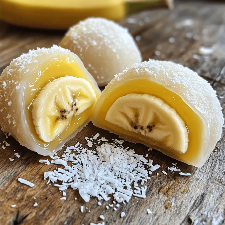 To make tasty banana mochi rolls, gather these key ingredients: - 1 cup glutinous rice flour (also known as sweet rice flour) - 1/4 cup granulated sugar - 1/2 cup water - 1 ripe banana, cut into thin rounds - 1/4 teaspoon pure vanilla extract - Cornstarch, for dusting These ingredients create the soft and chewy texture that mochi is famous for. You can enhance your banana mochi rolls with a few optional garnishes. Consider using: - Shredded coconut - Chopped nuts - Drizzles of chocolate or honey These additions can bring extra flavor and make your rolls look more appealing. If you need to change some ingredients, here are some easy swaps: - Glutinous rice flour: Use regular rice flour, but the texture will differ. - Granulated sugar: Try coconut sugar or honey for a healthier option. - Ripe banana: Substitute with other fruits like strawberries or mango slices. These substitutions can help you fit your dietary needs while keeping the dish delicious. Check out the Full Recipe for more details! To start, gather your ingredients. You need glutinous rice flour, sugar, water, and vanilla extract. In a bowl, mix the glutinous rice flour and sugar well. Next, slowly pour in the water and vanilla extract. Whisk until the mix is smooth and free of lumps. This is key for a nice texture. Once your mochi dough is ready, it's time to shape it. Dust your work surface with cornstarch. Take a small piece of dough and flatten it into a round disc. Aim for about 2-3 inches wide. Place a slice of banana in the center of each disc. Carefully wrap the dough around the banana, pinching the edges to seal. Be sure the banana is fully enclosed. Now, let’s cook the mochi. Pour the batter into a microwave-safe dish. Cover it loosely with plastic wrap or a lid. Leave a small gap for steam to escape. Microwave on high for 2 minutes. Afterward, stir the mixture. Return to the microwave and cook in 1-minute increments, stirring each time. You want the dough to thicken and become clear. This should take about 4-5 minutes total. Make sure to follow the [Full Recipe] for precise measurements and cooking tips. Enjoy making these delicious banana mochi rolls! To get the right dough, mix the rice flour and sugar well. Add water slowly. This helps you control the thickness. The goal is a smooth and thick batter. If too runny, add a bit more flour. If too thick, add water a tiny bit at a time. Dust your hands with cornstarch before you touch the dough. This keeps it from sticking. Also, dust the work surface with cornstarch. If you find the dough is still sticky, use more cornstarch as you form the rolls. Serve banana mochi rolls on a pretty plate. You can add extra coconut or fresh banana slices on top. This makes the dish look more appealing. You can also pair them with a scoop of ice cream for a cool treat. For a twist, try drizzling chocolate sauce over the top. Enjoy your delicious banana mochi rolls! For the full recipe, check out the main section. {{image_4}} You can change the taste of your banana mochi rolls by adding different extracts. Try almond or coconut extract for a unique twist. You can also add fillings like chocolate chips, peanut butter, or even cream cheese. These tasty additions will enhance the flavor and surprise your taste buds. If you want a gluten-free option, use a gluten-free flour blend instead of glutinous rice flour. For a lower-sugar version, reduce sugar or use a sugar substitute. If you are vegan, skip the vanilla extract if it is not plant-based. These swaps make the recipe fit different diets while still being delicious. Bananas are great, but feel free to experiment with other fruits. Strawberries, mangoes, or even kiwi work well. Just slice them thinly and place them inside the mochi dough. Each fruit adds its own flavor and charm, making your mochi rolls exciting and fresh. To store leftover mochi rolls, place them in an airtight container. Line the container with parchment paper to avoid sticking. Keep them in the fridge. They stay fresh for up to three days. If you notice any moisture, change the paper to keep them dry. When you want to enjoy your mochi rolls again, reheating is easy. I suggest using the microwave for quick results. Place the mochi rolls on a microwave-safe plate. Cover them with a damp paper towel to keep them moist. Heat for about 10 to 15 seconds. If they feel cold, heat for a few more seconds. Freezing mochi rolls is a great option for longer storage. Start by placing the rolls on a baking sheet. Make sure they don’t touch each other. Freeze them for about an hour until firm. After that, transfer the rolls to a freezer bag. Squeeze out the air and seal it well. They can last up to a month in the freezer. When you’re ready to eat them, thaw overnight in the fridge. You can then reheat them as mentioned above. To make banana mochi rolls from scratch, start with glutinous rice flour. Mix it with sugar in a bowl. Gradually add water and vanilla extract. Stir until smooth. Pour the batter into a microwave-safe dish. Cover it, leaving a small opening for steam. Microwave for 2 minutes, stir, and cook until thick and translucent. Dust your surface with cornstarch. Once cool, flatten pieces of dough into discs. Place banana slices in the center and wrap the dough around them. Pinch to seal and place them seam-side down on a plate. Optionally, coat with shredded coconut for added flavor. You can find pre-made banana mochi rolls at Asian grocery stores. Many online retailers also sell them. Check local markets that focus on Asian treats. Some bakeries may make them fresh or offer frozen options. Look for brands known for quality mochi products. Always check the ingredients to ensure freshness and taste. Banana mochi rolls are a fun treat. Each roll contains glutinous rice flour, sugar, and banana. They are gluten-free but high in carbs. A single roll has about 100-150 calories. It also offers some fiber from the banana. If you add coconut, that adds healthy fats. Always check specific brands for exact values, as they can vary. In this post, I shared how to make delicious banana mochi rolls. We covered key ingredients and optional garnishes to enhance your flavor. You learned step-by-step instructions, helpful tips, and creative variations. I also discussed how to store and reheat leftover rolls. Embrace your creativity by trying different fruits and flavors. Making banana mochi rolls can be fun and rewarding. Enjoy the process and share your tasty results!