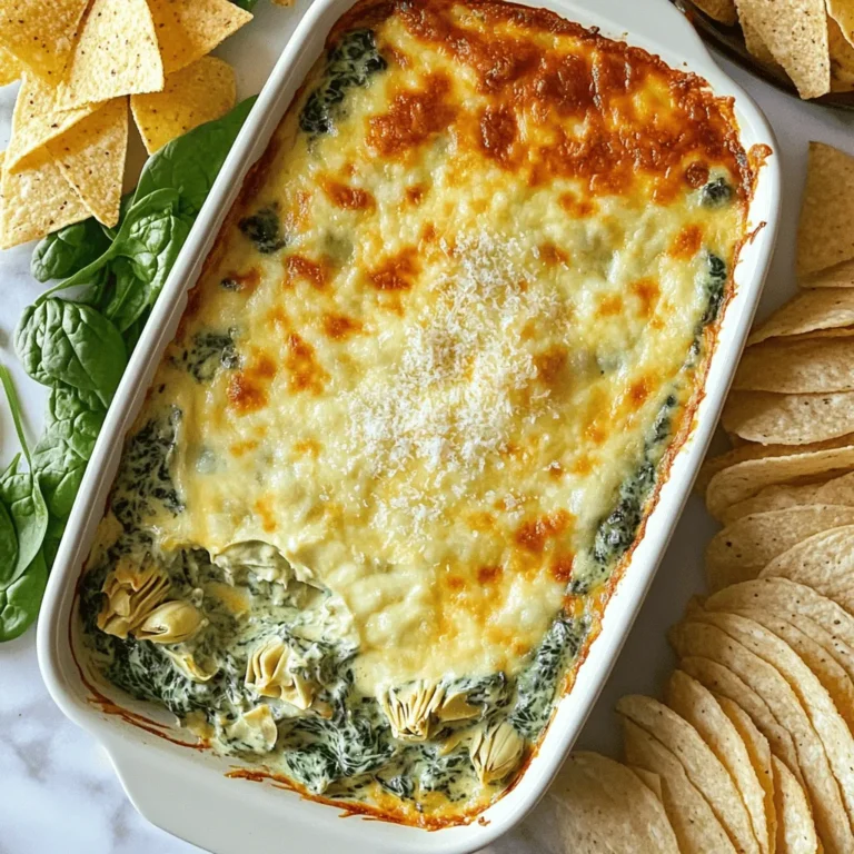 - Fresh spinach (1 cup, finely chopped) - Canned artichoke hearts (1 cup, drained and coarsely chopped) - Cream cheese (1 cup, softened) - Sour cream (1 cup) - Shredded mozzarella cheese (1 cup, low-moisture) - Grated Parmesan cheese (1/2 cup) - Minced garlic (2 cloves) - Fresh lemon juice (1 teaspoon) - Seasonings: Salt, pepper, red pepper flakes (optional) Gathering the right ingredients is key to making a great creamy spinach and artichoke dip. I always start with fresh spinach, which adds a vibrant touch. Canned artichoke hearts provide a tender texture and rich flavor. Cream cheese is essential for that creamy base. Sour cream gives a nice tang that balances the richness. For the cheeses, I like low-moisture mozzarella for melting, and Parmesan adds depth. Minced garlic brings fragrant notes that enhance the dip. A splash of fresh lemon juice brightens the flavors. Finally, seasonings like salt, pepper, and optional red pepper flakes give it a little kick. Each ingredient plays an important role. When you mix them, you create a dip that is creamy, cheesy, and utterly delicious. You can find the full recipe to help you bring this dish to life. 1. Preheat your oven to 350°F (175°C). This helps our dip become bubbly. 2. In a large bowl, blend the cream cheese and sour cream. Mix until smooth. 3. Fold in the fresh spinach, artichokes, mozzarella, and Parmesan cheese. Make sure everything is well combined. 1. Add the minced garlic, lemon juice, and seasonings to your mixture. Stir well to mix. 2. Transfer the dip to a baking dish. Spread it evenly for even cooking. 3. Bake in the preheated oven for 20-25 minutes. Look for a bubbly, golden top. For the full recipe, refer to the recipe section above. Enjoy this delightful dip warm! - Use room temperature cream cheese for easy blending. - Adjust sour cream quantity for desired tanginess. To make your dip extra creamy, start with cream cheese at room temperature. This helps it mix smoothly with the other ingredients. If you like a bit more tang, play with the amount of sour cream. Adding more will give it a zesty kick. - Experiment with different cheeses (e.g., cheddar or feta). - Add a splash of Worcestershire sauce or hot sauce for depth. Want to amp up the flavor? Try mixing in different cheeses. Cheddar adds sharpness, while feta brings a salty touch. For extra depth, add a splash of Worcestershire sauce or a few drops of hot sauce. These small tweaks can change everything about the dish. For the complete experience, follow the Full Recipe. It will guide you step-by-step to a delicious dip that everyone will love. {{image_4}} If you want a lighter version of this dip, try these swaps. - Greek yogurt for sour cream: This adds protein and cuts fat. - Reduced-fat cream cheese: This keeps the creaminess while lowering calories. These small changes make your dip healthier without losing flavor. You still get that rich, creamy taste everyone loves. You can change the main ingredients for a different twist. - Swap spinach for kale: Kale adds a nice crunch and extra nutrients. - Use frozen artichoke hearts: They save time and are just as tasty. These swaps let you get creative. You can make this dip with what you have on hand. Just remember to follow the Full Recipe for the best results! To keep your creamy spinach and artichoke dip fresh, refrigerate it in an airtight container. This way, you can enjoy it for up to 3 days. Just make sure the lid is on tight to keep out air and moisture. If you plan to eat it later, take it out of the fridge about 30 minutes before you want to serve it. This helps bring back that creamy texture. You can also freeze this dip if you want to save it for later. It can be frozen before or after baking. If you freeze it before baking, cover the dish tightly with plastic wrap. When you are ready to enjoy it, thaw it in the refrigerator overnight. After that, just pop it in the oven until it is hot and bubbly. If you freeze it after baking, you can reheat it straight from the freezer. Just add a few extra minutes to the baking time. Enjoy your creamy treat anytime! You can prep the dip, cover it, and store it in the fridge. When you are ready to enjoy, just bake it before serving. This makes it easy for parties or gatherings. The dip stays fresh and tasty. Yes! You can use fresh artichokes. Just make sure you cook and prepare them properly before mixing them in. Fresh artichokes can add a great taste. You can serve it with tortilla chips, baguette slices, or fresh veggie sticks like carrots and bell peppers. These pair well with the creamy texture of the dip. You can also try pita chips for a fun twist. Enjoy every bite! This blog post covered a delicious spinach and artichoke dip. You learned the key ingredients, easy steps to prepare, and baking tips for the best flavor. I shared options for making it healthier and ways to store leftovers, too. This dip is perfect for any gathering or snack. Don’t hesitate to customize it based on your taste. Enjoy making this creamy treat as a crowd-pleaser at your next event. Your guests will love it!
