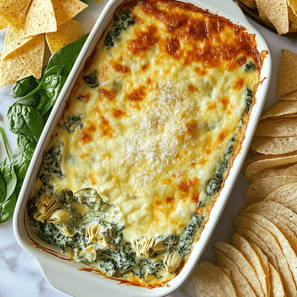 - Fresh spinach (1 cup, finely chopped) - Canned artichoke hearts (1 cup, drained and coarsely chopped) - Cream cheese (1 cup, softened) - Sour cream (1 cup) - Shredded mozzarella cheese (1 cup, low-moisture) - Grated Parmesan cheese (1/2 cup) - Minced garlic (2 cloves) - Fresh lemon juice (1 teaspoon) - Seasonings: Salt, pepper, red pepper flakes (optional) Gathering the right ingredients is key to making a great creamy spinach and artichoke dip. I always start with fresh spinach, which adds a vibrant touch. Canned artichoke hearts provide a tender texture and rich flavor. Cream cheese is essential for that creamy base. Sour cream gives a nice tang that balances the richness. For the cheeses, I like low-moisture mozzarella for melting, and Parmesan adds depth. Minced garlic brings fragrant notes that enhance the dip. A splash of fresh lemon juice brightens the flavors. Finally, seasonings like salt, pepper, and optional red pepper flakes give it a little kick. Each ingredient plays an important role. When you mix them, you create a dip that is creamy, cheesy, and utterly delicious. You can find the full recipe to help you bring this dish to life. 1. Preheat your oven to 350°F (175°C). This helps our dip become bubbly. 2. In a large bowl, blend the cream cheese and sour cream. Mix until smooth. 3. Fold in the fresh spinach, artichokes, mozzarella, and Parmesan cheese. Make sure everything is well combined. 1. Add the minced garlic, lemon juice, and seasonings to your mixture. Stir well to mix. 2. Transfer the dip to a baking dish. Spread it evenly for even cooking. 3. Bake in the preheated oven for 20-25 minutes. Look for a bubbly, golden top. For the full recipe, refer to the recipe section above. Enjoy this delightful dip warm! - Use room temperature cream cheese for easy blending. - Adjust sour cream quantity for desired tanginess. To make your dip extra creamy, start with cream cheese at room temperature. This helps it mix smoothly with the other ingredients. If you like a bit more tang, play with the amount of sour cream. Adding more will give it a zesty kick. - Experiment with different cheeses (e.g., cheddar or feta). - Add a splash of Worcestershire sauce or hot sauce for depth. Want to amp up the flavor? Try mixing in different cheeses. Cheddar adds sharpness, while feta brings a salty touch. For extra depth, add a splash of Worcestershire sauce or a few drops of hot sauce. These small tweaks can change everything about the dish. For the complete experience, follow the Full Recipe. It will guide you step-by-step to a delicious dip that everyone will love. {{image_4}} If you want a lighter version of this dip, try these swaps. - Greek yogurt for sour cream: This adds protein and cuts fat. - Reduced-fat cream cheese: This keeps the creaminess while lowering calories. These small changes make your dip healthier without losing flavor. You still get that rich, creamy taste everyone loves. You can change the main ingredients for a different twist. - Swap spinach for kale: Kale adds a nice crunch and extra nutrients. - Use frozen artichoke hearts: They save time and are just as tasty. These swaps let you get creative. You can make this dip with what you have on hand. Just remember to follow the Full Recipe for the best results! To keep your creamy spinach and artichoke dip fresh, refrigerate it in an airtight container. This way, you can enjoy it for up to 3 days. Just make sure the lid is on tight to keep out air and moisture. If you plan to eat it later, take it out of the fridge about 30 minutes before you want to serve it. This helps bring back that creamy texture. You can also freeze this dip if you want to save it for later. It can be frozen before or after baking. If you freeze it before baking, cover the dish tightly with plastic wrap. When you are ready to enjoy it, thaw it in the refrigerator overnight. After that, just pop it in the oven until it is hot and bubbly. If you freeze it after baking, you can reheat it straight from the freezer. Just add a few extra minutes to the baking time. Enjoy your creamy treat anytime! You can prep the dip, cover it, and store it in the fridge. When you are ready to enjoy, just bake it before serving. This makes it easy for parties or gatherings. The dip stays fresh and tasty. Yes! You can use fresh artichokes. Just make sure you cook and prepare them properly before mixing them in. Fresh artichokes can add a great taste. You can serve it with tortilla chips, baguette slices, or fresh veggie sticks like carrots and bell peppers. These pair well with the creamy texture of the dip. You can also try pita chips for a fun twist. Enjoy every bite! This blog post covered a delicious spinach and artichoke dip. You learned the key ingredients, easy steps to prepare, and baking tips for the best flavor. I shared options for making it healthier and ways to store leftovers, too. This dip is perfect for any gathering or snack. Don’t hesitate to customize it based on your taste. Enjoy making this creamy treat as a crowd-pleaser at your next event. Your guests will love it!