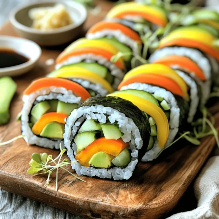 To make your rainbow veggie sushi rolls, gather these key ingredients: - 1 cup sushi rice - 1 1/4 cups water - 2 tablespoons rice vinegar - 1 tablespoon sugar - 1 teaspoon salt - 4 sheets of nori (seaweed) - 1/2 cucumber, julienned - 1 small carrot, julienned - 1/2 bell pepper (any color), sliced into thin strips - 1 avocado, sliced - 1/4 cup sprouts (such as alfalfa or radish) These ingredients will give your sushi rolls a fresh and colorful look. Each veggie adds a unique taste and crunch. The sushi rice serves as a soft base that holds everything together. You can enhance your sushi experience by adding: - Soy sauce, for dipping - Pickled ginger (optional) - Wasabi (optional) These extras add bold flavors and a nice kick to your rolls. Try different amounts to find your perfect taste. Using good sushi rice is vital. Here are some tips for perfect rice: - Rinse the rice under cold water until the water runs clear. - Use a rice cooker if possible for even cooking. - Allow the rice to rest after cooking, covered, for about 10 minutes. - Mix in the vinegar, sugar, and salt gently to avoid breaking the grains. This method ensures your rice is sticky and flavorful. It helps the sushi hold its shape when you roll it. For the full recipe, follow the steps carefully for the best results. To start, rinse 1 cup of sushi rice under cold water. Keep rinsing until the water runs clear. This step removes excess starch. Next, place the rice in a medium pot with 1 1/4 cups of water. Bring it to a boil over medium heat. Once boiling, reduce the heat to low and cover the pot. Let it cook for about 15 minutes, until the water is absorbed. After cooking, remove the pot from the heat, keeping it covered. Allow the rice to rest for 10 minutes. This resting time is key for fluffy rice. While the rice rests, mix 2 tablespoons of rice vinegar, 1 tablespoon of sugar, and 1 teaspoon of salt in a small bowl. Stir until the sugar and salt dissolve. Once the rice has rested, use a fork to fluff it up gently. Then, fold the vinegar mixture into the rice. It adds a nice tang and flavor. Let the seasoned rice cool to room temperature before you assemble the rolls. To assemble, lay a bamboo sushi mat on a clean surface. Cover it with plastic wrap to keep it clean. Place a sheet of nori, shiny side down, on the mat. Wet your hands to keep the rice from sticking. Take a handful of sushi rice and spread it evenly over the nori, covering about 2/3 of the sheet. Leave a small space at the top. This will help seal the roll later. Now it's time to add the veggies. Place strips of cucumber, carrot, bell pepper, avocado, and a handful of sprouts horizontally on the rice-covered area. Begin rolling the sushi away from you, using the mat to guide it. Roll it tightly, but not too tight. You don’t want the filling to squeeze out. Once rolled, moisten the top edge of the nori with a bit of water. This will help seal the roll. To cut, use a sharp, damp knife. Cut the roll into 6-8 pieces. Wipe the knife with a damp cloth between cuts for cleaner edges. Finally, arrange the sushi rolls on a plate. Serve them with soy sauce, pickled ginger, and wasabi if you like. Enjoy your beautiful and healthy rainbow veggie sushi! For the full recipe, check the details provided earlier. Rolling sushi can be tricky, but it gets easier with practice. Use a bamboo mat for support. Place the nori on the mat, shiny side down. Wet your hands before handling rice to avoid stickiness. Spread sushi rice evenly, leaving space at the top. Add your veggies in a line across the rice. Tightly roll away from you, using the mat to shape it. Keep the roll firm but not too tight. This way, you keep all the fillings inside. To keep nori fresh, store it in an airtight container. Avoid moisture, as it can make nori soggy. Use nori quickly after opening the package. If you notice it getting soft, try toasting it lightly. Just pass it over a flame for a few seconds. This brings back some crispness. Always keep the nori in a cool, dry place. Dipping sauces can elevate your sushi experience. Soy sauce is the classic choice. It adds a salty flavor that pairs well with veggies. You can mix soy sauce with wasabi for some heat. Another great option is a sesame sauce. This adds a nutty twist. For a refreshing touch, try a ponzu sauce. It is made with citrus juice and soy sauce. Don’t forget to serve pickled ginger on the side. It cleanses your palate between bites. {{image_4}} You can make these sushi rolls unique by adding different vegetables. Try using radishes, zucchini, or sweet potatoes. Each veggie adds new colors and flavors. For example, add thin strips of purple cabbage for crunch and vibrant color. You can also include pickled vegetables for a tangy twist. The key is to slice the veggies thinly. This ensures they fit well in the roll and enhance the taste. Adding protein can make your sushi rolls more filling. Tofu is a great choice for vegetarians. Simply slice it into thin strips and marinate it in soy sauce. This adds flavor and texture. If you enjoy seafood, crab meat works well too. You can use real crab or imitation crab. Both options blend nicely with the veggies. Just be sure to chop the protein into bite-sized pieces for easy rolling. While sushi rice is traditional, you can experiment with other types. Brown rice gives a nuttier flavor and adds fiber. Quinoa is another healthy choice. It’s packed with nutrients and has a unique taste. You can also try cauliflower rice for a low-carb option. Just make sure to season it well, as it has a milder flavor. This will keep your rolls tasty and satisfying. For the full experience, check out the Full Recipe to see how to perfectly prepare each type of rice. To keep your leftover sushi rolls fresh, wrap them tightly in plastic wrap. This keeps the nori from getting too soft. You can also place them in an airtight container. Avoid stacking the rolls to prevent them from squishing. I like to eat the sushi rolls cold. The fresh taste of the veggies shines that way. If you prefer warm sushi, use a microwave. Heat them for about 10-15 seconds. Be careful not to overheat, as this can make the rice dry. Store your sushi rolls in the fridge for up to two days. After that, the nori may lose its crispness. If you see any signs of spoilage, like an off smell, throw them away. For best taste, enjoy them fresh from the kitchen. You can find the full recipe for Rainbow Veggie Sushi Rolls [here](#). To make vegan Rainbow Veggie Sushi Rolls, start by preparing sushi rice. Rinse 1 cup of sushi rice under cold water until the water runs clear. Cook it with 1 1/4 cups of water in a pot. Once cooked, season the rice with a mixture of rice vinegar, sugar, and salt. Next, place a sheet of nori on a bamboo mat. Spread the rice over two-thirds of the nori, leaving the top edge bare. Add strips of vegetables like cucumber, carrot, and bell pepper. Roll it up tightly and seal the edge with water. Cut the roll into pieces and serve. Yes, you can use brown rice instead of sushi rice. Brown rice adds a nutty flavor and more fiber. However, it has a different texture. Cook it longer and add a bit more water. You may also need to adjust the seasoning to suit its flavor. The best way to cut sushi rolls is with a sharp, wet knife. Wetting the knife prevents the rice from sticking. Cut the roll into 6 to 8 pieces with a gentle, downward motion. Wipe the knife between cuts to keep edges clean. This method keeps your rolls looking neat and pretty. Sushi rolls stay fresh for about 24 hours if stored properly. Keep them in an airtight container in the fridge. The nori may soften, but the filling should remain fresh. For the best taste, enjoy them within the same day they are made. If you need a substitute for nori, try soy paper or rice paper. Soy paper is thicker and adds a unique flavor. Rice paper works well too but requires dampening before use. You can also wrap sushi in lettuce leaves for a fresh twist. Yes, you can make Rainbow Veggie Sushi Rolls ahead of time. Prepare them a few hours before serving. Store them in the fridge with a damp cloth over them to keep them moist. However, for the best taste, serve them fresh when you can. For the complete recipe, check out the Full Recipe. Making rainbow veggie sushi rolls is fun and easy. You learned about key ingredients, sushi rice tips, and step-by-step prep. The right techniques help you roll, cut, and serve sushi perfectly. Plus, you can customize your rolls with different veggies or proteins. Storing your leftovers is simple too. Now it’s time for you to try it. Enjoy the process, get creative, and share your tasty creations!