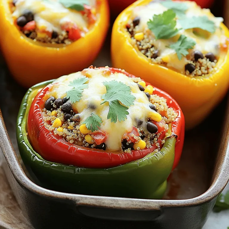 - 4 large bell peppers - 1 cup quinoa - 2 cups vegetable broth or water - 1 can black beans - 1 cup corn kernels The main ingredients in veggie stuffed peppers create a tasty and filling meal. You can choose bell peppers in any color you like. Quinoa adds a great texture and protein. Black beans bring fiber and flavor. Corn adds sweetness and crunch. - 1 teaspoon ground cumin - 1 teaspoon chili powder - 1 teaspoon dried oregano - Salt and pepper to taste The spices are key to bringing out the flavors. Ground cumin adds warmth. Chili powder gives a bit of a kick. Dried oregano adds an earthy taste. Don’t forget to season with salt and pepper for balance. - Fresh cilantro - Shredded cheese Garnishes can enhance the dish. Fresh cilantro adds a bright note. Shredded cheese melts beautifully on top. You can use any cheese you enjoy, like cheddar or mozzarella. For the full recipe, check out the complete guide. Each ingredient plays a role in making these veggie stuffed peppers a delightful meal. - Preheat the oven to 375°F (190°C). - Slice off the tops of the bell peppers. Remove seeds and membranes. Place them upright in a baking dish. - In a medium saucepan, combine 1 cup of rinsed quinoa with 2 cups of vegetable broth. Bring this to a boil. Once boiling, reduce heat to low, cover, and simmer for about 15 minutes. The quinoa should be fluffy and all the liquid absorbed. - While the quinoa cooks, heat a splash of olive oil in a skillet over medium heat. Add 1 small chopped onion and sauté until it turns translucent, about 3-4 minutes. Add 2 minced garlic cloves and cook for another minute. - In a large bowl, mix the cooked quinoa, sautéed onion and garlic, 1 can of black beans, 1 cup of corn, 1 cup of diced tomatoes, 1 teaspoon of cumin, 1 teaspoon of chili powder, 1 teaspoon of oregano, salt, and pepper. Stir until everything is well combined. - Carefully spoon the mixture into each bell pepper, pressing down lightly. - Top each pepper with a generous amount of shredded cheese. - Cover the baking dish with foil and bake for 25 minutes. Remove the foil and bake for another 10-15 minutes. The peppers should be tender and the cheese melted and bubbly. - After baking, let the peppers cool for a few minutes. Optionally, garnish with fresh cilantro. For the full recipe, you can visit the earlier section of this article. To make the best veggie stuffed peppers, you need to ensure even cooking. Start by cutting the tops off the peppers and removing the seeds. This helps the heat reach all parts of the pepper. Avoid overfilling your peppers. If you stuff them too much, they can burst while cooking. Leave a little space at the top for the cheese. Baking your stuffed peppers is simple. Preheat your oven to 375°F (190°C). Cover the dish with foil for the first 25 minutes. This traps steam and softens the peppers. After that, remove the foil. This step will help the cheese turn golden and crisp up. Broiling for a crispy top is also a fun idea. You can set your oven to broil for the last few minutes. Just keep an eye on them to prevent burning. Serving suggestions can make your dish shine. Use a vibrant platter to show off the colors of your stuffed peppers. Drizzle a bit of olive oil or squeeze fresh lime over them for extra flavor. You can also sprinkle more cheese or add a dollop of sour cream on top. Fresh cilantro makes a lovely garnish. It adds color and freshness, making your meal more inviting. For the full recipe, check the earlier sections. {{image_4}} You can switch up the protein in veggie stuffed peppers easily. Adding ground meat, like turkey or beef, gives a hearty twist. If you prefer plant-based options, try crumbled tofu. It absorbs flavors well and adds texture. Other beans, like kidney or pinto beans, work great too. They boost fiber and protein while keeping the dish colorful. To make your peppers even tastier, play with spices. You can use smoked paprika instead of chili powder for a smokier taste. Adding citrus, like lime juice, brightens the dish. Fresh herbs like parsley or basil also add a nice touch. These small changes can take your dish to the next level. You can adapt this recipe to fit your needs. For a vegan version, skip the cheese or use a plant-based cheese. The filling is already packed with nutrients. If you need gluten-free options, just check the broth label. For a low-carb meal, you can replace quinoa with cauliflower rice. These swaps keep the meal healthy and delicious. Find the full recipe here: [Full Recipe]. To keep your veggie stuffed peppers fresh, store them properly. Place the cooled peppers in an airtight container. They last in the fridge for about three to four days. Make sure to separate layers with parchment paper to avoid sticking. If you want to save them longer, freezing is a great option. Wrap each stuffed pepper in plastic wrap, then place them in a freezer-safe bag. They can stay frozen for up to three months. When you want to eat them, just thaw in the fridge overnight. Reheating should keep your peppers tasty. The best way to reheat them is in the oven. Preheat your oven to 350°F (175°C). Place the peppers in a baking dish and cover them with foil. Heat for about 20 minutes or until warm. To avoid soggy peppers, don’t microwave them. Microwaving can make the peppers mushy. If you must use the microwave, heat them in short bursts, checking often. Preparing veggie stuffed peppers in advance is easy. You can make the filling ahead of time. Store it in the fridge for up to two days. When you're ready, stuff the peppers and bake them. For quick meals, portion the filling into containers. You can fill peppers as needed. This makes a fast, healthy meal any day. Check out the Full Recipe for detailed steps! Yes, you can use many other vegetables. Zucchini, mushrooms, and eggplant work great. You can even use cooked rice or lentils as a filling. Carrots or spinach add color and flavor too. Mix and match according to what you have at home. This makes the dish fun and unique. To keep your peppers firm, avoid overcooking them. Pre-bake the peppers for a short time before stuffing. This helps remove some moisture. You can also cook your filling first. Let it cool down a bit before filling the peppers. This way, the peppers will stay crunchy and tasty. For sides, think fresh salads or crispy bread. A light cucumber salad pairs well. You can also serve rice or quinoa on the side. For a dip, try a tangy yogurt sauce or salsa. They add flavor and make each bite special. For more ideas, check the Full Recipe. Veggie stuffed peppers are simple, healthy, and tasty. We reviewed essential ingredients, steps, and tips for cooking. You can personalize them with different proteins and spices. Remember to store leftovers properly for later meals. Enjoy experimenting with flavors and presentations. These peppers are not just food; they are a fun way to create delicious meals. Try your hand at making them and see how easy and rewarding it can be.