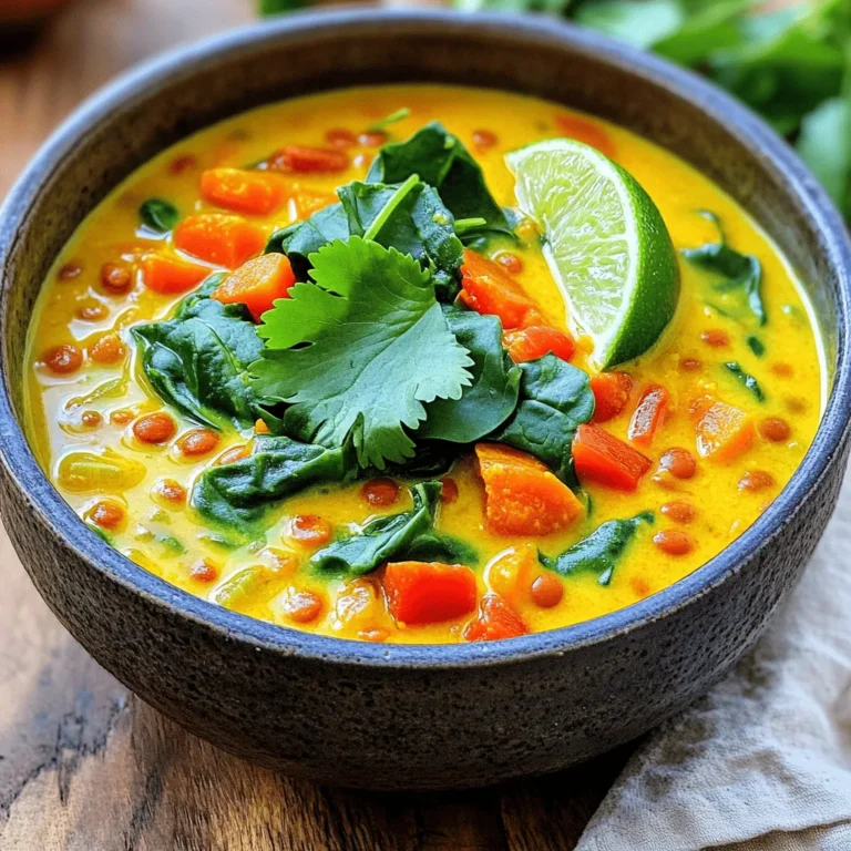 - 1 cup red lentils, thoroughly rinsed - 1 can (14 oz) creamy coconut milk - 1 cup vegetable broth (homemade or store-bought) - 1 medium onion, finely diced - 2 cloves garlic, minced - 1 tablespoon fresh ginger, grated - 1 tablespoon aromatic curry powder - 1 teaspoon golden turmeric powder - 1 medium carrot, peeled and diced - 1 vibrant red bell pepper, diced - 1 cup fresh spinach, roughly chopped - 2 tablespoons extra virgin olive oil - Sea salt and freshly cracked pepper, to taste - Juice of 1 zesty lime - Fresh cilantro leaves, for garnish These ingredients create a rich and flavorful coconut curry lentil soup. Each one adds its own special touch to the dish. - Gluten-free options: All the ingredients here are naturally gluten-free. - Vegan-friendly ingredients: This recipe uses only plant-based items. - Low-calorie alternatives: You can reduce the amount of coconut milk to cut calories. Using these ingredients makes cooking this soup easy. You can enjoy it with friends and family, knowing it fits many diets. For the full recipe, check out the details above. - Heat 2 tablespoons of olive oil in a large pot over medium heat. - Add 1 medium diced onion and sauté until it’s soft and translucent. This takes about 5 minutes. - Next, add 2 cloves of minced garlic and 1 tablespoon of freshly grated ginger to the pot. Cook for 1 minute until fragrant. - Sprinkle in 1 tablespoon of aromatic curry powder and 1 teaspoon of golden turmeric powder. Stir constantly for 1 minute to toast the spices. - Now, add 1 medium diced carrot and 1 vibrant diced red bell pepper. Sauté these for 5 minutes until they start to soften. - Pour in 1 cup of thoroughly rinsed red lentils, 1 can of creamy coconut milk, and 1 cup of vegetable broth. Stir well and bring to a rolling boil. - Once it boils, reduce the heat to low, cover the pot, and let it simmer for 20-25 minutes. Stir occasionally to avoid sticking. - When the lentils are tender, stir in 1 cup of roughly chopped spinach and juice from 1 zesty lime. - Season with sea salt and freshly cracked pepper to taste. - Simmer for an additional 5 minutes so the spinach wilts. - Serve the soup hot in bowls, garnished with fresh cilantro leaves for a lovely touch. You can find the full recipe for this delicious Coconut Curry Lentil Soup [here]. To ensure your lentils cook properly, rinse them well. This removes dust and helps them cook evenly. Use fresh lentils for a better texture. The cooking time is key, so check them after 20 minutes. They should be tender but not mushy. Balancing flavors is crucial for an amazing soup. Start with the spices. Toast them in the oil before adding other ingredients. This brings out their full taste. Adjust salt and pepper at the end for the best flavor. A squeeze of lime brightens the dish and ties everything together. For serving, choose rustic bowls. They add charm to your meal. A lime wedge on the side adds a pop of color. Fresh cilantro on top not only looks great but also adds flavor. To enhance color and texture, consider adding extra veggies. Chopped red bell pepper or bright green spinach makes the soup visually appealing. You can even swirl in a bit of coconut cream for a lovely finish. {{image_4}} Coconut milk is creamy and rich, but you can switch it up. Use almond milk or soy milk for a lighter option. You may also try cashew cream for a thicker texture. If you want to skip milk, broth alone works too. For vegetables, feel free to get creative. Sweet potatoes add sweetness and texture. Zucchini or butternut squash can also work well. You can mix in any veggies you love. Just keep the cooking time in mind. Softer vegetables, like zucchini, need less time than carrots. Spices can really boost the flavor of your soup. If you like heat, add red pepper flakes or cayenne. Start with a small amount, and taste as you go. You can also add a touch of smoked paprika for depth. Fresh herbs bring bright notes to the dish. Try adding fresh basil or mint for a twist. Cilantro adds freshness, but if you don’t like it, parsley is a great substitute. These herbs can change the whole taste. Mix and match until you find your favorite flavor combination. To keep your coconut curry lentil soup fresh, cool it down quickly. Transfer the soup to an airtight container. Store it in the fridge for up to five days. If you plan to eat it later, make sure to let it cool to room temperature first. This helps prevent bacteria growth. Freezing soup is a great option for later meals. For best results, let the soup cool completely. Pour it into freezer-safe containers, leaving some space at the top for expansion. You can freeze it for up to three months. When you are ready to eat, thaw it in the fridge overnight. To reheat, pour the soup into a pot and warm it over medium heat. Stir it often to help it heat evenly. If it seems too thick, add a splash of vegetable broth or water to reach your desired consistency. This ensures every bowl is as good as the first! How long does Coconut Curry Lentil Soup last in the fridge? Coconut Curry Lentil Soup lasts about 4 to 5 days in the fridge. Store it in an airtight container to keep it fresh. Can I use dried lentils instead of red lentils? Yes, you can use dried lentils, but they will take longer to cook. Make sure to adjust the cooking time accordingly. What can I serve alongside this soup? This soup pairs well with crusty bread or a simple salad. You can also serve it with rice for a filling meal. What is the best way to reheat leftover soup? The best way to reheat is on the stove over medium heat. Stir often to ensure even heating. You can also use a microwave, but do it in short intervals. Are there any low-sodium options for this recipe? Yes, use low-sodium vegetable broth and omit added salt. This keeps the soup tasty without too much sodium. What to do if the soup is too thick or too thin? If the soup is too thick, add more vegetable broth or water to thin it out. If it's too thin, simmer it longer to help it thicken. How to adjust flavors after cooking? If the soup lacks flavor, add more salt or lime juice. A pinch of sugar can also balance any bitterness. This blog post covered a delicious Coconut Curry Lentil Soup. You learned about key ingredients, step-by-step instructions, and useful tips. I shared variations for taste and ideas for storage. Keep these insights in mind as you create your own soup. With a few simple swaps, you can make this dish fit your needs. Enjoy experimenting with flavors and enjoy your meal!